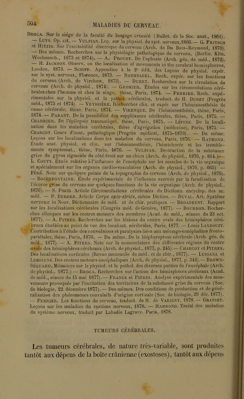 BIVOCA'. Sur le siège do la faculté du langage articulé ( Bullet. de la Soc. anat., 1861). Luys. Op. cit. — Vitlpian. Leç. sur la physiol. du syst. nerveux,1866.— G. FRtTSCll et UlTZlG. Sur l’excitabilité électrique du cerveau (Arch. de Du Bois-Reymond, 1870). — Des mémos. Recherches sur la physiologie pathologique du cerveau, (Berlin. Klin. Wochensch., 1873 et 1874). — A. Proust. De l’aphasie (Arcli. gén. de inéd., 1872). H. Jackson. Ohserv. on thc localisation of movcmcnts in thc cérébral hcmisphoeres, London, 18/3. — Sciiiff. Appendice a la 2e édit, des Leçons de physiol. expér. sur le syst. nerveux, Florence, 1873. — Nothnagel. Rech. expér. sur les fonctions du cerveau (Arch. de Virchow, 1873). — Duret. Recherches sur la circulation du cerveau (Arch. de physiol., 1874). — Gromier. Études sur les circonvolutions céré- brales chez l’homme et chez le singe, thèse, Paris, 1874. — Ferrier. Rech. expé- rimentales sur la physiol. et la pathol. cérébrales, traduct. de IL Duret (Progrès méd., 1873 et 1874). — Veyssière. Recherches clin, et expér. sur l’hémianesthésie de cause cérébrale, thèse. Paris, 1874. — Virenque. De l’hémianesthésie, thèse, Paris, 1874. — Parant. De la possibilité des suppléances cérébrales, thèse, Paris, 1875. — Charrier. De l’épilepsie traumatique, thèse, Paris, 1875. — LÉpine. De la locali- sation dans les maladies cérébrales, thèse d’agrégation (médecine), Paris, 1875. — Charcot. Cours d’anat. pathologique (Progrès médical, 1875-1876). — Du même. Leçons sur les localisations dans les maladies du cerveau, Paris, 1876. — Raymond. Etude anat. physiol. et clin, sur l’hémianesthésie, l’hémichoréc et les tremble- ments symptomat., thèse, Paris, 1876. — VULDIAN. Destruction de la substance grise du gyrus sigmoïde du côté droit sur un chien (Arch. de physiol., 1876, p. 814.)— L. Couty. Étude relative à l’influence de l’encéphale sur les muscles de la vie organique et spécialement sur les organes cardio-vasculaires (Arch. de physiol., 1876, p. 665) — FÉrÉ. Note sur quelques points de la topographie du cerveau (Arch. de physiol , 1876). — Bochefontaine. Etude expérimentale do l’influence exercée par la faradisation de l’écorce grise du cerveau sur quelques fonctions de la vie organique (Arch. de physiol., 1876) .— S. Pozzi. Article Circonvolutions cérébrales du Dictionn. encyclop. des sc. méd. — P. Berger. Article Corps opto-striés, même Diction. — Duval. Art. Système nerveux in Nouv. Dictionnaire de méd. et de chir. pratiques. — Broadbent. Rapport sur les localisations cérébrales (Congrès méd. de Genève, 1877). — Bourdon. Recher- ches cliniques sur les centres moteurs des membres (Acad, de méd., séance du 23 oct. 1877) . — A. Pitres. Recherches sur les lésions du centre ovale des hémisphères céré- braux étudiées au point de vue des localisât, cérébrales, Paris, 1877. — Louis Landouzy. '• Contribution à l’élude des convulsions et paralysies liées aux méningo-encéphalites fronto- pariétales, thèse, Paris, 1876. — Du même. De la blépharoptose cérébrale (Arch. gén. de méd., 1877). — A. Pitres. Note sur la nomenclature des différentes régions du centre ovale des hémisphères cérébraux (Arch. de physiol., 1877, p. 245).— Charcot et Pitres. Des localisations corticales (Revue mensuelle de méd. et de chir., 1877). — LUSSANA et Lemoigxe. Des centres moteurs encéphaliques (Arcli. de physiol., 1877, p. 342).— Brown- Séüuard. Mémoires sur la physiol. et la pathol. des diverses parties de l'encéphale (Arch. de physiol., 1877.) — Broca. Recherches sur l’action des hémisphères cérébraux (Acad, de méd.,séance du 15 mai 1877). — Franck et Pitres. Analyse expérimentale des mou- vements provoqués par l’excitation des territoires de la substance grise du cerveau (Soc. de biologie, 22 décembre 1877).— Des mêmes. Des conditions de production et de géné- ralisation des phénomènes convulsifs d’origine corticale (Soc. de biologie, 29 déc. 1877). — Ferrier. Les fonctions du cerveau, traduct. de H. de Varigny, 1878.— Grasset. Leçons sur les maladies du système nerveux, 1878. — Hammond. Traité des maladies du système nerveux, traduit par Labadie Lagrave. Paris, 1878. TUMEURS CÉRÉBRALES. Les tumeurs cérébrales, de nature très-variable, sont produites tantôt aux dépens de la boîte crânienne (exostoses), tantôt aux dépens