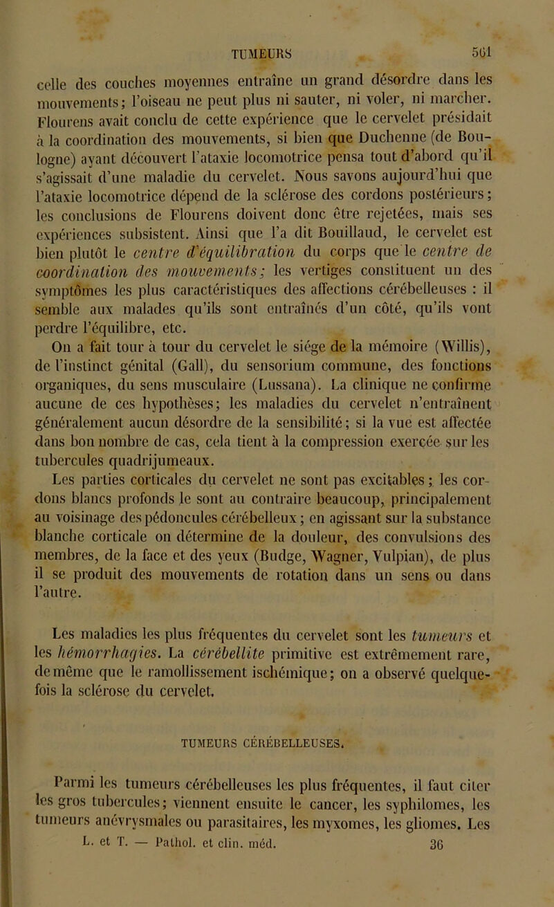 celle des couches moyennes entraîne un grand désordre dans les mouvements; l’oiseau ne peut plus ni sauter, ni voler, ni marcher. Flourens avait conclu de cette expérience que le cervelet présidait à la coordination des mouvements, si bien que Duchenne (de Bou- logne) ayant découvert l’ataxie locomotrice pensa tout d’abord qu’il s’agissait d’une maladie du cervelet. Nous savons aujourd’hui que l’ataxie locomotrice dépend de la sclérose des cordons postérieurs ; les conclusions de Flourens doivent donc être rejetées, mais ses expériences subsistent. Ainsi cpie l’a dit Bouillaud, le cervelet est bien plutôt le centre d'équilibration du corps que le centre de coordination des mouvements ; les vertiges constituent un des symptômes les plus caractéristiques des affections cérébelleuses : il semble aux malades qu’ils sont entraînés d’un côté, qu’ils vont perdre l’équilibre, etc. On a fait tour à tour du cervelet le siège de la mémoire (Willis), de l’instinct génital (Gall), du sensorium commune, des fonctions organiques, du sens musculaire (Lussana). La clinique ne confirme aucune de ces hypothèses; les maladies du cervelet n’entraînent généralement aucun désordre de la sensibilité ; si la vue est affectée dans bon nombre de cas, cela tient à la compression exercée sur les tubercules quadrijumeaux. Les parties corticales du cervelet ne sont pas excitables ; les cor- dons blancs profonds le sont au contraire beaucoup, principalement au voisinage des pédoncules cérébelleux; en agissant sur la substance blanche corticale on détermine de la douleur, des convulsions des membres, de la face et des yeux (Budge, Wagner, Vulpian), de plus il se produit des mouvements de rotation dans un sens ou dans l’autre. Les maladies les plus fréquentes du cervelet sont les tumeurs et les hémorrhagies. La cérébellite primitive est extrêmement rare, de même que le ramollissement ischémique ; on a observé quelque- fois la sclérose du cervelet. TUMEURS CÉRÉBELLEUSES. Parmi les tumeurs cérébelleuses les plus fréquentes, il faut citer les gros tubercules; viennent ensuite le cancer, les syphilomes, les tumeurs anévrysmales ou parasitaires, les myxomes, les gliomes. Les L. et T. — Pathol, et clin. méd. 36