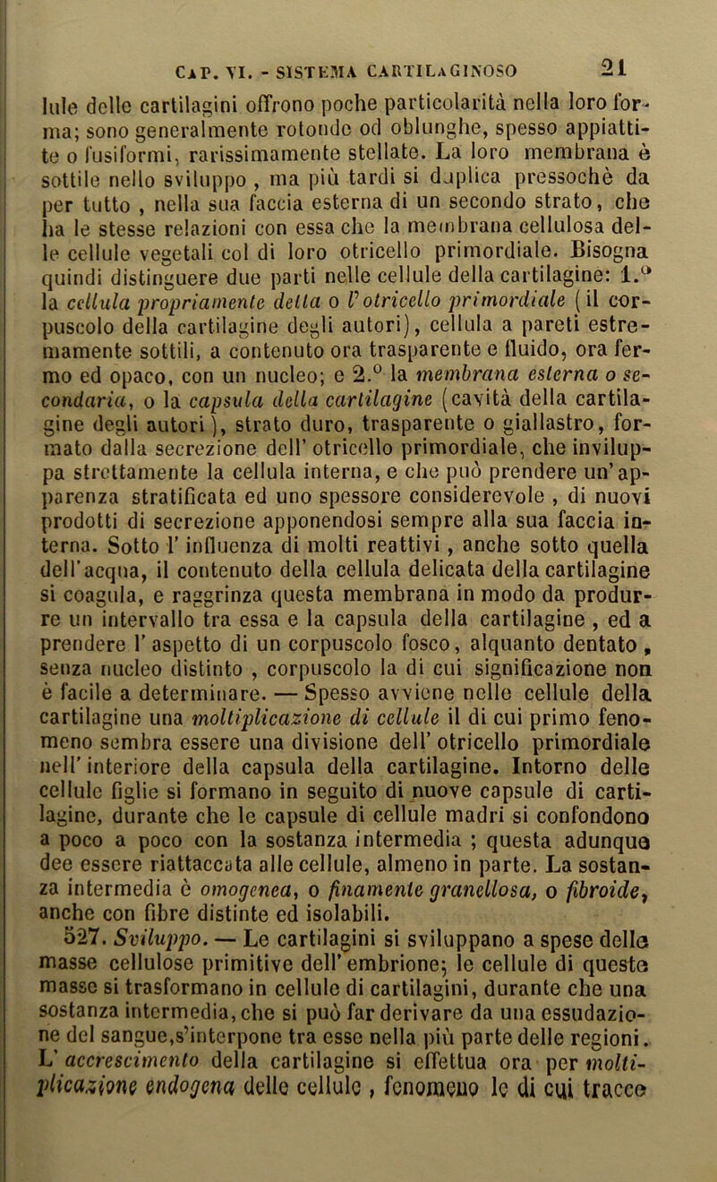 lille delle cartilagini offrono poche particolarità nella loro for- ma; sono generalmente rotondo od oblunghe, spesso appiatti- I te 0 rusiformi, rarissimamente stellate. La loro membrana è I sottile nello sviluppo , ma più tardi si duplica pressoché da I per tutto , nella sua faccia esterna di un secondo strato, che ! ha le stesse relazioni con essa che la meeibrana cellulosa del- I le cellule vegetali col di loro otricello primordiale. Bisogna quindi distinguere due parti nelle cellule della cartilagine: 1.^ la cellula lìropriamente della o Votricello primordiale (il cor- puscolo della cartilagine degli autori), cellula a pareti estre- mamente sottili, a contenuto ora trasparente e Iluido, ora fer- mo ed opaco, con un nucleo; e 2.^^ la membrana esterna o se~ condaria, o la capsula della cartilagine (cavità della cartila- gine degli autori), strato duro, trasparente o giallastro, for- mato dalla secrezione dell’ otricello primordiale, che invilup- pa strettamente la cellula interna, e che può prendere un’ap- parenza stratificata ed uno spessore considerevole , di nuovi prodotti di secrezione apponendosi sempre alla sua faccia in- terna. Sotto r influenza di molti reattivi, anche sotto quella deH’acqna, il contenuto della cellula delicata della cartilagine si coagula, e raggrinza questa membrana in modo da produr- re un intervallo tra essa e la capsula della cartilagine , ed a prendere l’aspetto di un corpuscolo fosco, alquanto dentato, senza nucleo distinto , corpuscolo la di cui significazione non è facile a determinare. — Spesso avviene nello cellule della cartilagine una moltiplicazione di celiale il di cui primo feno- meno sembra essere una divisione dell’otricello primordiale nell’interiore della capsula della cartilagine. Intorno delle cellule figlie si formano in seguito di nuove capsule di carti- lagine, durante che le capsule di cellule madri si confondono a poco a poco con la sostanza intermedia ; questa adunque dee essere riattaccata alle cellule, almeno in parte. La sostan- za intermedia è omogenea^ o finamente granellosa, o fibroide^ anche con fibre distinte ed isolabili. 527. Sviluppo. — Le cartilagini si sviluppano a spese dello masse cellulose primitive dell’embrione^ le cellule di questo masse si trasformano in cellule di cartilagini, durante che una sostanza intermedia, che si può far derivare da una essudazio- ne del sangue,s’interpone tra esse nella più parte delle regioni. L’ accrescimento della cartilagine si effettua ora per molti- plicazmQ endogena delle cellule , fenomeno le di cui tracco