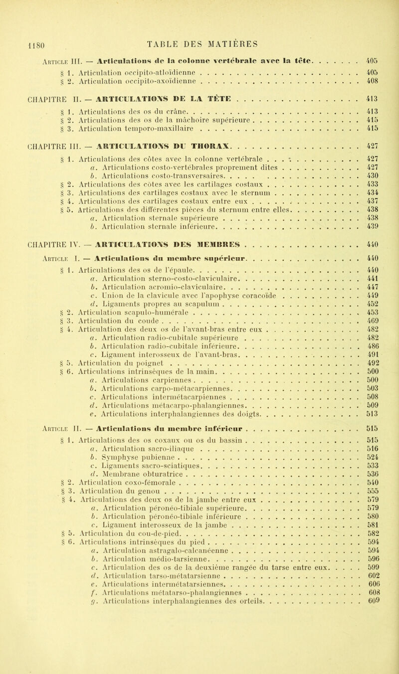 Article III. — Articulatioiss de la coIommc vertébrale avec la tête 405 § 1. Articulation occipito-atloïdienne 405 § 2. Articulation occipito-axoïdienne 408 CHAPITRE IL — ARTÏCÜLATIOAS DE LA TÈTE 413 § 1. Articulations des os du crâne 413 § 2. Articulations des os de la mâchoire supérieure 415 § 3. Articulation temporo-maxillaire 415 CHAPITRE III. — ARTICLEATIOAS DE THORAX 427 § 1. Articulations des côtes avec la colonne vertébrale . . . 427 a. Articulations costo-vertébrales proprement dites 427 b. Articulations costo-transversaires 430 § 2. Articulations des cotes avec les cartilages costaux 433 § 3. Articulations des cartilages costaux avec le sternum 434 § 4. Articulations des cartilages costaux entre eux 437 § 5. Articulations des dilférentes pièces du sternum entre elles 438 a. Articulation sternale supérieure 438 b. Articulation sternale inférieure 439 CHAPITRE IV. — ARTICLXATIOXS DES MEMBRES 440 Article I. — Articulatious du membre supérieur 440 § 1. Articulations des os de l’épaule 440 a. Articulation sterno-costo-claviculaire 441 b. Articulation acromio-claviculaire 447 c. Union de la clavicule avec l’apophyse coracoïde 449 (l. Ligaments propres au scapulum 452 § 2. Articulation scapulo-humérale 453 § 3. Articulation du coude 469 § 4. Articulation des deux os de l’avant-bras entre eux 482 a. Articulation radio-cubitale supérieure 482 b. Articulation radio-cubitale inférieure 486 c. Ligament interosseux de l’avant-bras 491 § 5. Articulation du poignet . 492 § 6. Articulations intrinsècpies de la main 500 a. Articulations carpiennes 500 b. Articulations carpo-métacarpiennes 503 c. Articulations intermétacarpiennes 508 d. Articulations métacarpo-phalangiennes 509 e. Articulations interpbalangiennes des doigts 513 Article IL — Articulatious du membre îuférieur 515 § 1. Articulations des os coxaux ou os du bassin 515 a. Articulation sacro-iliaque 516 b. Symphyse pubienne 524 c. Ligaments sacro-sciatiques 533 d. Membrane obturatrice 536 § 2. Articulation coxo-fémorale 540 § 3. Articulation du genou 555 § 4. Articulations des deux os de la jambe entre eux 579 а. Articulation péronéo-tibiale supérieure 579 б. Articulation péronéo-tibiale inférieure 580 c. Ligament interosseux de la jambe 581 § 5. Articulation du cou-de-pied 582 § 6. Articulations intrinsèques du pied 594 a. Articulation astragalo-calcanéenne 594 b. Articulation médio-tarsienne 596 c. Articulation des os de la deuxième rangée du tarse entre eux 599 d. Articulation tarso-métatarsienne 602 e. Articulations intermétatarsiennes 606 f. Articulations métatarso-phalangiennes 608 g. Articulations interpbalangiennes des orteils 609