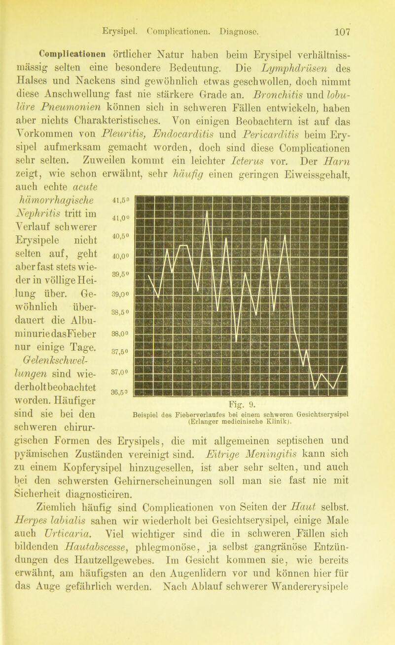 Complicationen örtlicher Natur haben beim Erysipel verhältniss- mässig selten eine besondere Bedeutung. Die Lymphdrüsen des Halses und Nackens sind gewöhnlich etwas geschwollen, doch nimmt diese Anschwellung fast nie stärkere Grade an. Bronchitis und lobu- läre Pneumonien können sich in schweren Fällen entwickeln, haben aber nichts Charakteristisches. Von einigen Beobachtern ist auf das Vorkommen von Pleuritis, Endocarditis und Pericarditis beim Ery- sipel aufmerksam gemacht worden, doch sind diese Complicationen sehr selten. Zuweilen kommt ein leichter Icterus vor. Der Harn zeigt, wie schon erwähnt, sehr häufig einen geringen Eiweissgehalt, auch echte acute hämorrhagische Nephritis tritt im Verlauf schwerer Erysipele nicht selten auf, geht aber fast stets wie- der in völlige Hei- lung über. Ge- wöhnlich über- dauert die Albu- minurie dasFi eher nur einige Tage. Gelenksclnvel- lungen sind wie- derholtbeobachtet worden. Häufiger sind sie bei den schweren chirur- gischen Formen des Erysipels, die mit allgemeinen septischen und pyämischen Zuständen vereinigt sind. Eitrige Meningitis kann sich zu einem Kopferysipel hinzugesellen, ist aber sehr selten, und auch bei den schwersten Gehirnerscheinungen soll man sie fast nie mit Sicherheit diagnosticiren. Ziemlich häufig sind Complicationen von Seiten der Haut selbst. Herpes labialis sahen wir wiederholt bei Gesichtserysipel, einige Male auch Urticaria. Viel wichtiger sind die in schweren Fällen sich bildenden Hautabscesse, phlegmonöse, ja selbst gangränöse Entzün- dungen des Hautzellgewebes. Im Gesicht kommen sie, wie bereits erwähnt, am häufigsten an den Augenlidern vor und können hier für das Auge gefährlich werden. Nach Ablauf schwerer Wandererysipele 41,5 41,0 40,5 40,0 39,6 39,00 38,5« 38,0 37,6» 37,0 36,5 Flg. 9. Beispiel des Fiobervorlimfes bei einem schweren Gesichtserysipel (Erlanger medicinische Klinikj.
