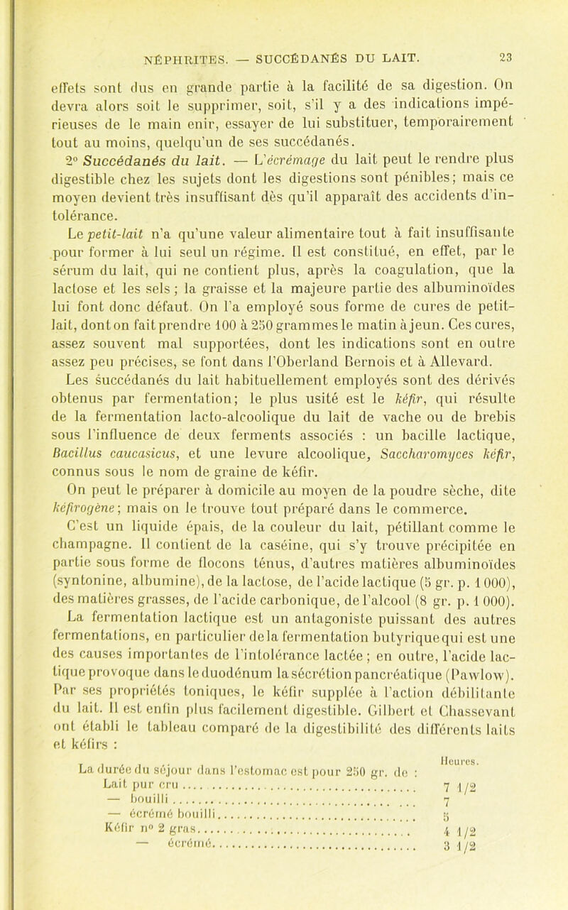 ellels sont dus en grande partie à la facilité de sa digestion. On devra alors soit le supprimer, soit, s’il y a des indications impé- rieuses de le main enir, essayer de lui substituer, temporairement tout au moins, quelqu’un de ses succédanés. 2® Succédanés du lait. — U écrémage du lait peut le rendre plus digestible chez les sujets dont les digestions sont pénibles; mais ce moyen devient très insuftisant dès qu’il apparaît des accidents d’in- tolérance. Le petit-lait n’a qu’une valeur alimentaire tout à fait insuffisante pour former à lui seul un régime. Il est constitué, en effet, par le sérum du lait, qui ne contient plus, après la coagulation, que la lactose et les sels ; la graisse et la majeure partie des albuminoïdes lui font donc défaut. On l’a employé sous forme de cures de petit- lait, dont on fait prendre 100 à 250 grammes le matin à jeun. Ces cures, assez souvent mal supportées, dont les indications sont en outre assez peu précises, se font dans l’Oberland Bernois et à Allevard. Les succédanés du lait habituellement employés sont des dérivés obtenus par fermentation; le plus usité est le Mfir, qui résulte de la fermentation lacto-alcoolique du lait de vache ou de brebis sous l’influence de deux ferments associés : un bacille lactique, Bacillus caucasiens, et une levure alcoolique, Saccharomyces kéfir, connus sous le nom de graine de kéfir. On peut le préparer à domicile au moyen de la poudre sèche, dite kéfirogène; mais on le trouve tout préparé dans le commerce. C’est un liquide épais, de la couleur du lait, pétillant comme le champagne. II contient de la caséine, qui s’y trouve précipitée en partie sous forme de flocons ténus, d’autres matières albuminoïdes (.syntonine, albumine), de la lactose, de l’acide lactique (5 gr. p. 1000), des matières grasses, de l’acide carbonique, de l’alcool (8 gr. p. 1 000). La fermentation lactique est un antagoniste puissant des autres fermentations, en particulier delà fermentation butyriquequi est une des causes importantes de l’intolérance lactée; en outre, l’acide lac- tique provoque dans le duodénum la sécrétion pancréati(iue (Pawlow). Par ses [)ropriétés toniques, le kéfir supplée à l’action (lébililanle du lait. 11 est enfin plus facilement digestible. Gilbert et Chassevant ont établi le tableau comparé de la digestibilité des dilférents laits et kélirs : T I . 1 .. . .. Heures. La duree OU séjour dans I estomac est pour 250 gr. de : Lait pur ci'u 7 1/2 — Ijouilli 7 — écréme bouilli t; Kéfir ri® 2 gras 4 1/2 — écrémé 3 | yo