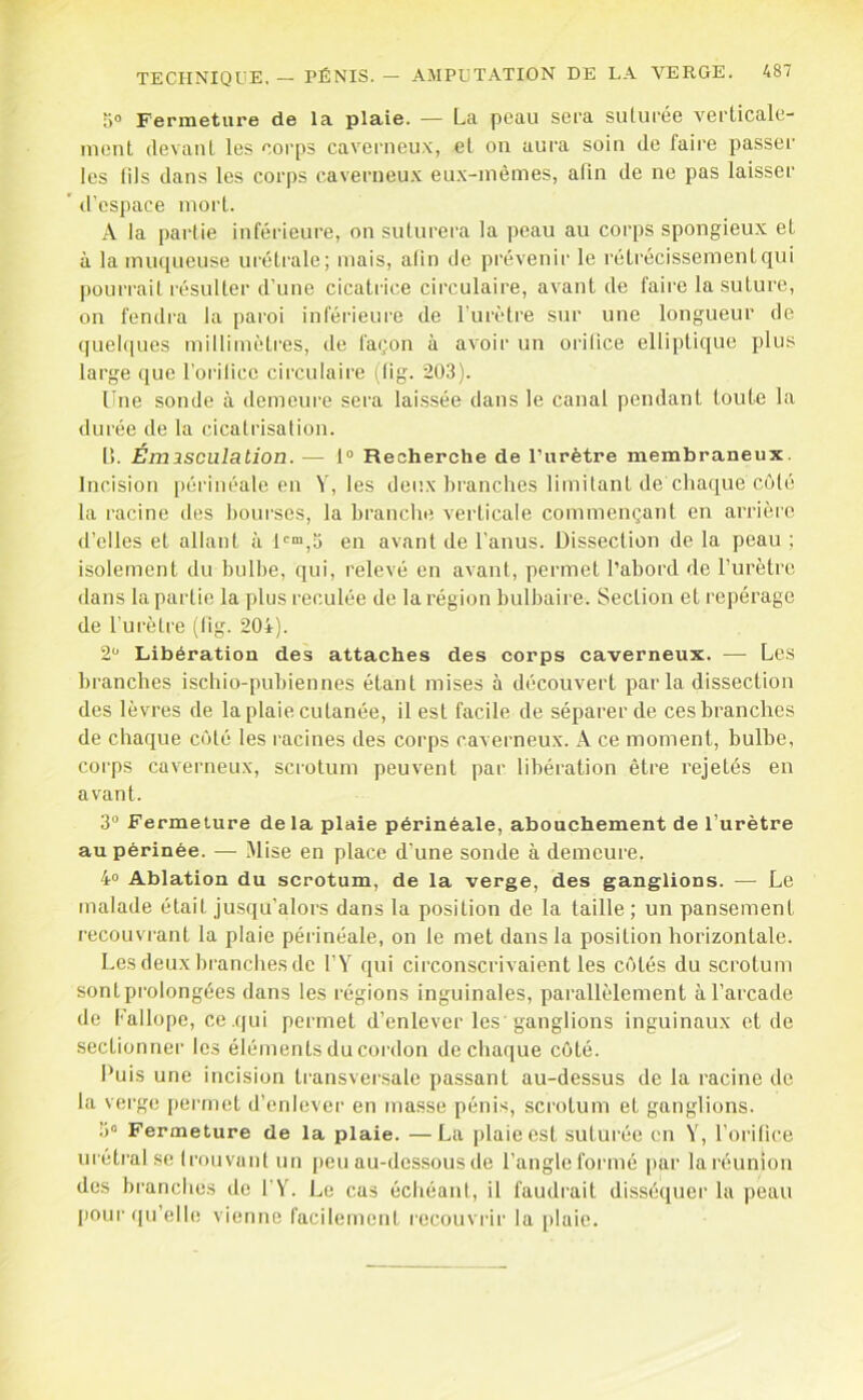 5» Fermeture de la plaie. — La peau sera suturée veiiicale- mont (levant les corps caverneux, el on aura soin de faire passer les lils dans les cor|)s caverneux eux-mêmes, afin de ne pas laisser ’ d'espace mort. A la partie inférieure, on suturera la peau au corps spongieux et à la mu([ueuse uréfrale; mais, atin de prévenir le réLrécissemenlqui pourrait résulter d’une cicatrice circulaire, avant de faire la suture, on fendi'a la paroi inférieure de Lurètre sur une longueur de (jueLiues millimîdres, de fa(;on à avoir un orifice elliptique plus large que l’orilice circulaire (lig. 203). Une sonde à demeure sera laissée dans le canal pendant toute la durée de la cicatrisation. L). Émasculation. — 1® Recherche de l’urètre membraneux. Incision périnéale en Y, les deux branches limitant de chaque côté la racine des bourses, la branche verticale commençant en arrière d’elles el allant à 1®>»,5 en avant de l’anus. Dissection de la peau ; isolement du bulbe, qui, relevé en avant, permet l’abord de l’urètre dans la partie la plus reculée de la région bulbaire. Section et repérage de l'urètre (lig. 204). 2“ Libération des attaches des corps caverneux. — Les branches ischio-pubiennes étant mises à découvert parla dissection des lèvres de la plaie cutanée, il est facile de séparer de ces branches de chaque côté les racines des corps caverneux. A ce moment, bulbe, corps caverneux, scrotum peuvent par libération être rejetés en avant. 3“ Fermeture delà plaie périnéale, abouchement de l’urètre au périnée. — Mise en place d’une sonde à demeure. 4® Ablation du scrotum, de la verge, des ganglions. — Le malade était jus([u’alors dans la position de ta taille ; un pansement recouvrant la plaie périnéale, on le met dans la position horizontale. Lesdeuxbi'ancbesde l’Y qui circonscrivaient les côtés du scrotum sont prolongées dans les régions inguinales, parallèlement à l’arcade de l’allope, ce .qui permet d’enlever les'ganglions inguinaux et de sectionnei' les éléments du cordon de chaque côté. Puis une incision transversale passant au-dessus de la racine de la verge permet d’enlever en masse pénis, scrotum et ganglions. 5® Fermeture de la plaie. —La |)laieesl sutuiée en Y, l’orilice urétral se Irouvant un peu au-dessous de l’angle formé par la réunion des branches de l'Y. Le cas écbéanl, il faudrait disséquer la peau pour qu’elle vienne facilement l'ecouvrir la [>laie.