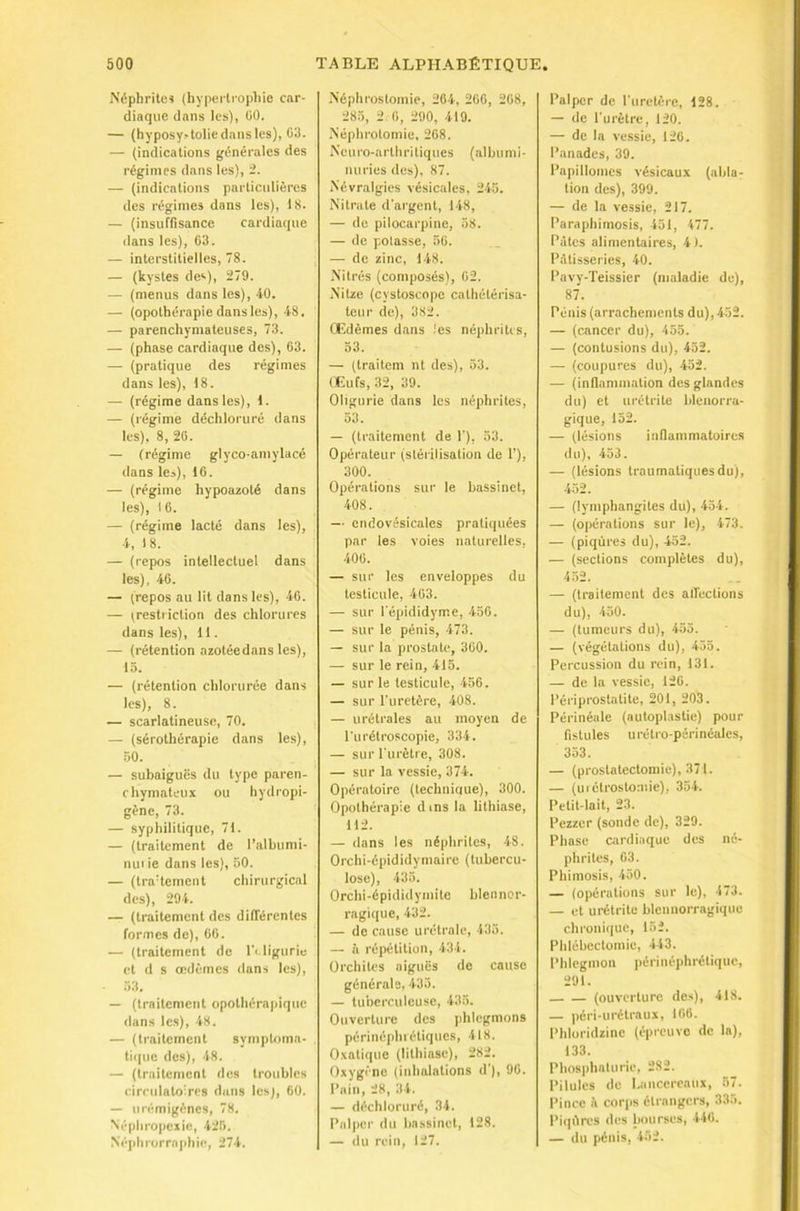 jNéphritcs (hypei ti’opliie car- diaque dans les), 00. — (hyposy>tolie dans les), 03. — (indications générales des régimes dans les), i. — (indications particulières des régimes dans les), 18. — (insuffisance cardiaque dans les), 63. — interstitielles, 78. — (kystes des), 279. — (menus dans les), 40. — (opothérapie dans les), 48. — parenchymateuses, 73. — (phase cardiaque des), 03. — (pratique des régimes dans les), 18. — (régime dans les), 1. — (régime déchloruré dans les), 8, 20. — (régime glyco-amylacé dans les), 16. — (régime hypoazoté dans les), 16. — (régime lacté dans les), 4, 18. — (repos intellectuel dans les), 46. — (repos au lit dans les), 40. — (restriction des chlorures dans les), II. — (rétention azotéedans les), 15. — (rétention chlorurée dans les), 8. — scarlatineuse, 70. — (sérothérapie dans les), .50. — subaiguës du type paren- chymateux ou hydropi- géne, 73. — syphilitique, 71. — (traitement de l’albumi- nui ie dans les), 50. — (tracement chirurgical des), 294. — (traitement des différentes formes de), 06. — (traitement de IVligurie et d s œdèmes dans les), 53. — (traitement opothérapique dans les), 48. — (traitement symptoma- ti(|iie des), 48. — (traitement des troubles circulatoires dans Icsj, 60. — iirémigénes, 78. Népliropcxie, 425. Néphrorrnphie, 274. Néphrostomie, 264, 206, 208, 285, 2 0, 290, 419. .Néphrotomie, 208. Neuro-arthritiques (albumi- nuries des), 87. Névralgies vésicales, 245. Nitrate d’argent, 148, — de pilocarpinc, 58. — de potasse, 56. — de zinc, 148. Nilrés (composés), 02. Nitze (cystoscope cathétérisa- teur de), 382. Œdèmes dans les néphrites, 53. — (traitem nt des), 53. Œufs, 32, 39. Oligurie dans les néphrites, 53. — (traitement de 1'), 53. Opérateur (stérilisation de 1’), 300. Opérations sur le bassinet, 408. — cndovésicales pratiquées par les voies naturelles, 400. — sur les enveloppes du testicule, 403. —■ sur fépididyme, 450. — sur le pénis, 473. — sur la prostate, 300. — sur le rein, 415. — sur le testicule, 456. — sur l'uretère, 408. — urétrales au moyen de l'urétroscopie, 334. — sur l'urètre, 308. — sur la vessie, 374. Opératoire (technique), 300. Opothérapie d ms la lithiase, 112. — dans les néphrites, 48. Orchi-épididymaire (tubercu- lose), 435. Orchi-épididyniite blennor- ragique, 432. — de cause urétrale, 435. — à répétition, 434. Orchites aiguës de cause générale, 435. — tu’ocrculcuse, 435. Ouverture des |)hlegmons périnépluétiques, 418. Oxalique (lithiase), 282. Oxygène (inhalations d’), 90. Pain, 28, 34. — déchloruré, 34. Palper du bassinet, 128. — du rein, 127. Palper de l’iirctèie, 128. — de l'urètre, 120. — de la vessie, 120. Panades, 39. Papillomes vésicaux (abla- tion des), 399. — de la vessie, 217. Paraphimosis, 451, 477. Prîtes alimentaires, 4). PiUisseries, 40. Pavy-Teissier (maladie de), 87. Pénis (arrachements du), 432. — (cancer du), 455. — (contusions du), 452. — (coupures du), 452. — (inflammation des glandes du) et urétrite bleuorra- gique, 152. — (lésions inflammatoires du), 453. — (lésions traumatiques du), 452. — (lymphangites du), 454. — (opérations sur le), 473. — (piqûres du), 452. — (sections complètes du), 452. — (traitement des affections du), 450. — (tumeurs du), 455. — (végétations du), 455. Percussion du rein, 131. — de la vessie, 120. Périprostatite, 201, 203. Périnéale (autoplastie) pour fistules urétro-périnéales, 353. — (prostatectomie), 371. — (uiétrostomie), 354. Petit-lait, 23. Pezzer (sonde de), 329. Phase cardiaque des né- phrites, 03. Phimosis, 450. — (opérations sur le), 473. — et ui-étrito blennorragique chronique, 152. Phlébectomie, 443. Phlegmon périnéphrétique, 291. (ouverture des), 418. — péri-urétraux, 106. Phloridzine (épreuve de la), 133. Phosphaturie, 282. Pilules de l.ancercaux, 57. Pince è corps étrangers, 335. Piqûres des bourses, 440. — du pénis, 452.
