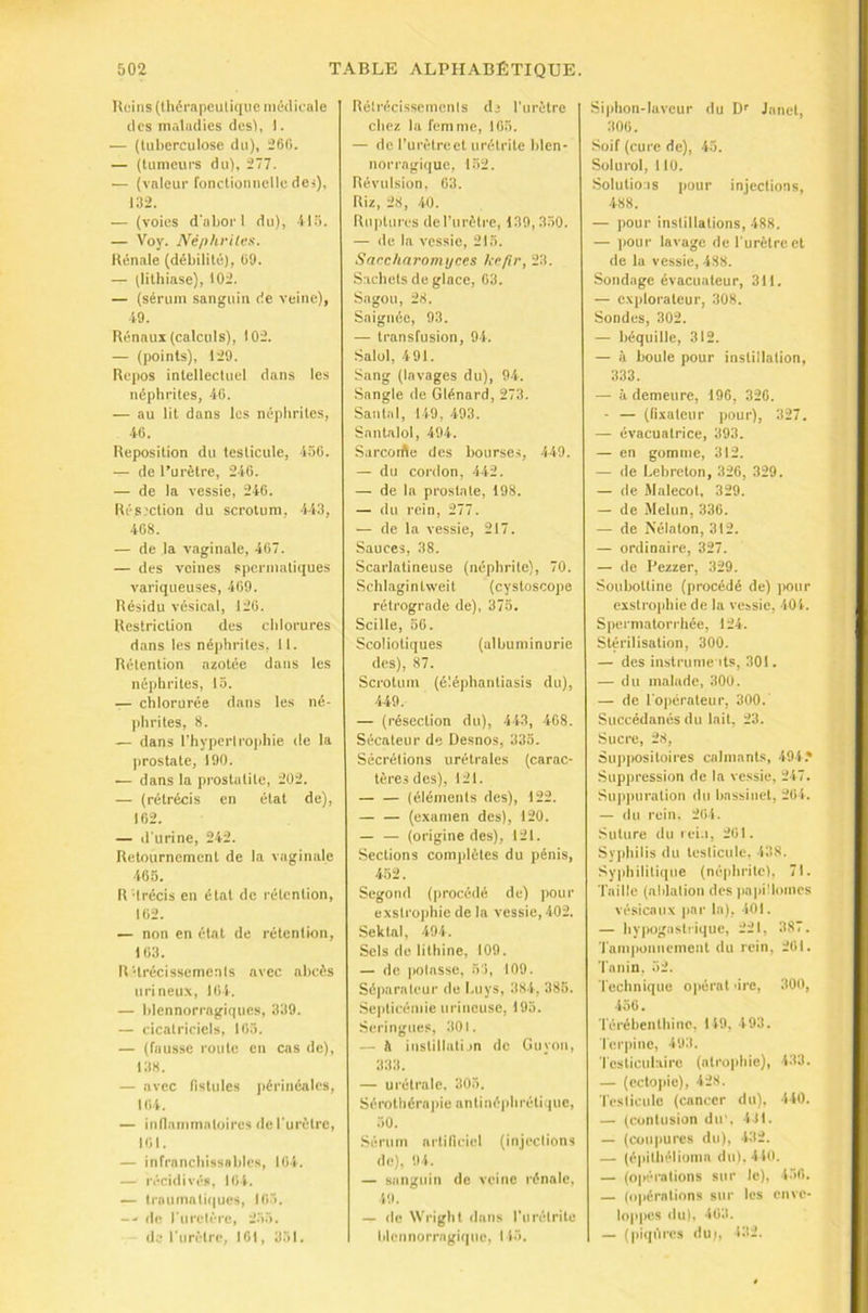 Ueins (Ihérapculiqiic médicale des maladies desl, 1. — (tuberculose du), 26fi. — (tumeurs du), 277. — (valeur fonctiouiiclle des), ia2. — (voies d'abor I du), 115. — Voy. Néphrilvs. Rénale (débilité), ü9. — (lithiase), 102. — (sérum sanguin de veine), •iO. Rénaui (calculs), 102. — (points), 129. Repos intellectuel dans les néphrites, 40. — au lit dans les néphrites, 46. Reposition du testicule, 4.56. — de l’urètre, 246. — de la vessie, 246. Rés.'Ction du scrotum, 443, 468. — de la vaginale, 467. — des veines spermatiques variqueuses, 469. Résidu vésical, 126. Restriction des chlorures dans les néphrites. 11. Rétention azotée dans les néphrites, l.â. — chlorurée dans les né- phrites, 8. — dans l'hypcrlio))hie de la prostate, 190. — dans la prostatite, 202. — (rétrécis en état de), 162. — d'urine, 242. Retournement de la vaginale 465. R 'Irécis en étal de rétention, 162. — non en étal de rétention, 163. R'trécissemenis avec abcès iirineux, 164. — blennorragiques, 339. — cicatriciels, 165. — (fausse route en cas de), 138. — avec fistules ])ériiiéalcs, 164. — inflammatoires de l'urèlre, 161. — infrancbissables, 164. — ivcidivés, 164. — traumalii|ues, 165. -- de rurelère, 255. de rurèlre, 161, 351. Rélrécisscmcnls d> l’urètre cbez la femme, 165. — de l’urètre et urétrite blen- norragique, 152. Révulsion. 63. Riz, 28, 40. Riqjlures del'urètrc, 139, 350. — lie la vessie, 215. Sarc/iaromijces h-ofir, 23. Sachets de glace, 03. Sagou, 28. Saignée, 93. — transfusion, 94. Salol, 491. Sang (lavages du), 94. Sangle de Glénard, 273. Santal, 149.493. Santalol, 494. Sarcorfle des bourses, 449. — du cordon, 442. — de la prostate, 198. — du l’cin, 277. — de la vessie, 217. Sauces, 38. Scarlatineuse (néphrite), 70. Schlaginlweit (cystoscope rétrograde de), 375. Scille, 56. Scoliotiques (albuminurie des), 87. Scrotum (éléphantiasis du), 449. — (résection du), 443, 468. Sécateur de Desnos, 335. Sécrétions urétrales (carac- tères des), 121. (éléments des), 122. (examen des), 120. — — (origine des), 121. Sections comjilètcs du pénis, 452. Segond (procédé de) ])Our exstrophie de la vessie, 402. Sektal, 494. Sels de litbine, 109. — de jiolasse, 5'i, 109. Sé|)araleur de l.uys, 384, 385. Septicémie urineuse, 195. Seringues, 301. — Il instillali m de Guyon, 333. — urétrale. 305. Sérothérapie anlinéphrétiquc, .50. Sérum artiliciel (injcclions de), 94. — sanguin de veine rénale, 49. — de Wright dans rurélrite blennorragique, 115. Siphon-laveur du D’ Janet, 306. Soif (cure de), 45. Solurol, 110. Solutions pour injections, 488. — pour instillations, 488. — ])Our lavage de l'urètre et de la vessie, 488. Sondage évacuateur, 311. — cx])lorateur, 308. Sondes, 302. — béquille, 312. — à boule pour instillation, 333. — à demeure, 196, 326. - — (fixateur pour), 327. — évacuatrice, 393. — en gomme, 312. — de Lebreton, 326, 329. — de Malécot, 329. — de Melun, 336. — de Aélaton, 312. — ordinaire, 327. — de Pezzer, 329. Soubottine (procédé de) |)Our exstrophie de la vessie, 40t. Sjiermatorrhée, 124. Stérilisation, 300. — des instruments, 301. — du malade, 300. — de l'opérateur, 300. Succédanés du lait, 23. Sucre, 28, Suppositoires calmants, 494.* Suppression de la vessie, 247. Suppuration du bassinet, 264. — du rein. 264. -Suture du i ei.i, 261. Syjihilis du testicule. 438. Syphiliti(|ue (néphrite), 71. raille (ablalion des pa|)i!lomes vésicaux par la), 401. — by|K)gastriquc, 221, 387. l'ainiionncinent du rein, 261. Tanin. 52. Technique opérât dre, 300, 456. Térébenthine, 149, 4 93. Terpiiie, 493. Testiculaire (atrophie), 433. — (ccto])ie), 428. Teslicule (cancer du), 440. — (contusion du'. 411. — (coupures du), 432. — (épilhéliomn du). 410. — (opérations sur le). 4.56. — (opérations sur les enve- loppes du), 463. — (piqûres du), 432.