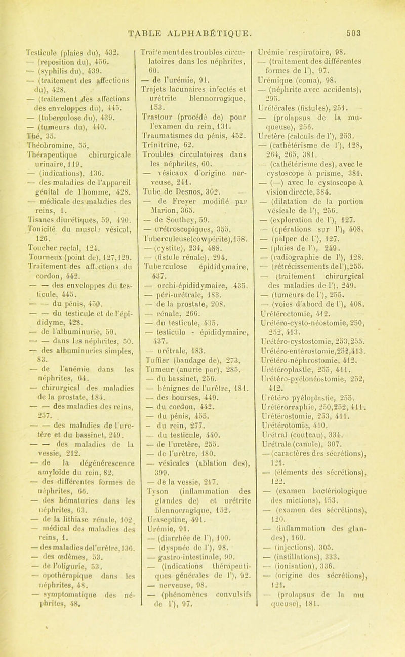 Testicule (plaies du), Uiü. — (reposilion du), 4üü. — (syphilis du), 439. — (traitement des affections ilu), 4i8. — (traitement des affections des envelojipes du), 445. — (tubei’culose du), 439. — (tumeurs du), 440. Thé, 35. Théobromine, 55, Thcrapeuti(|ue chirurgicale urinaire, 119. — (indications), 13C. — des maladies de l’appareil génital de Thonime, 428. — médicale des maladies des reins, I. Tisanes diuréti<iues, 59, 490. Tonicité du muscl) vésical, 126. Toucher rectal, 124. Tourneux (jioint de), 127,129. Traitement des aff.ctions du cordon, 442. des envcloi)pes du tes- ticule, 445. du pénis, 450. du testicule et de Tépi- didyme, 428. — de l'albuminurie, 30. dans les néphrites, 50. — des albuminuries simples, 83. — de l'anémie dans les né,])hritcs, 04. — chirurgical des maladies de la prostate, 184. des maladies des reins, 257. des maladies de l'ure- tère et du bassinet, 249. des maladies de la vessie, 212. — de la dégénérescence amyloïde du rein, 82. — des différentes foinies de néphrites, 00. — (les hématuries dans les néphrites, 03. — de la lithiase rénale, 102 — médical dos maladies des reins, 1. — des malad ies del'u rèl rc, 130. — des œdèmes, 53. — de l’oiignrie, 53. — o]iothérapi(|ue dans les néphrites, 48. — symptoiiiatif|ue des né- (ihrites, 48, Trai'emcntdes troubles circu- latoires dans les néphrites, 60. — de Turémie, 91. Trajets lacunaires in''ectés et urétrite blennorragieiue, 153. l'rastour (procédé de) pour l'examen du rein, 131. Traumatismes du pénis, 452. Trinitrine, 62. Troubles circulatoires dans les néphrites, 00. — vésicaux d'origine ner- veuse, 241. Tube de Desnos, 302. — de Freyer modilié par .Marion, 305. — de Southey, 59. — urétroscopiques, 355. ruherciileuse(cowi)érite),158. — (cystite), 234, 488. — tfistulc rénale). 294. Tu lie rcu lose épidid vmaire, 437. — orchi-épididymaire, 435. — péri-urétrale, 183. — de la prostate, 208. — rénale, 266. — du testicule, 435. ■— testiculo - épididvmairc, 437. — urétrale, 183. Tuffier (bandage de), 273. Tumeur (anurie par), 285. — du bassinet, 250. — bénignes deTurèlre, 181. — des bourses, 449. — du cordon, 442. — du pénis, 455. — du rein, 277. — du testicule, 440. — de Turctère, 255. — do l'urètre, 180. — vésicales (ablation dos), 399. — de la vessie, 217. Tyson (inflammation des glandes de) et urétrite blennorragique, 152. l'rascpline, 491. Urémie, 91. — (diarriu'-e de T), 100. — (dys))iu-e de T), 98. — gastro-intestinale, 99. — (indications thérnpeuli- (|ues générales de T), 92. — nerveuse, 98. — (phénomènes convulsifs de T), 97. Ui'émie l’cspiratoire, 98. — (traitement des différentes funnes de T), 97. Urémique (coma), 98. — (néphrite avec accidents), 295. Urétérales (fistules), 251. — (prolapsus de la mu- queuse), 256. Uretère (calculs de T), 253. — (cathétérisme de 1'), 128, 264, 265, 381. — (cathétérisme des), avec le cysloscope à prisme, 381. — (—) avec le cysloscope à vision directe, 384. — (dilatation de la portion vésicale de 1'), 256. — (exploration de T), 127. — (opérations sur 1’), 408. — (palper de T), 127. — (plaies de T), 249. — (radiographie de T), 128. — (rétrécissements der),235. — ttraitement chirurgical des maladies de T), 249. — (tumeurs de 1'), 255. — (voies d'abord de T), 408. Urétérectomie, 412. Uréléro-cysto-néostomie, 250, 2.52,413. Urétéro-cystostomie, 253,255. Uréléro-entéroslomie,252,4l3. U rétéro-néphrostom ie, 412. Urétéi'oplastie, 255, 411. Urétéro-pyélonéostomie, 252, 412. Urétéro pyélophistie, 255. Urétérorraphic, 250,252, 411. Urétérostomie, 253, 411. Urélérolomi.3, 410. Urélral (couteau), 334. Urétrale (canule), 307. — (caractères des sécrétions), 121. — (éléments des sécrétions), 122. — (examen buclériologi<|ue lies mictions), 153. — (examen des sécrétions), 120. — (inllammation des glan- des), 100. — (injections). 305. — (instillations), 333. — (ionisation), 336. — (origine dos sécrétions), 121. — (prolapsus de la mu queusc), 181.