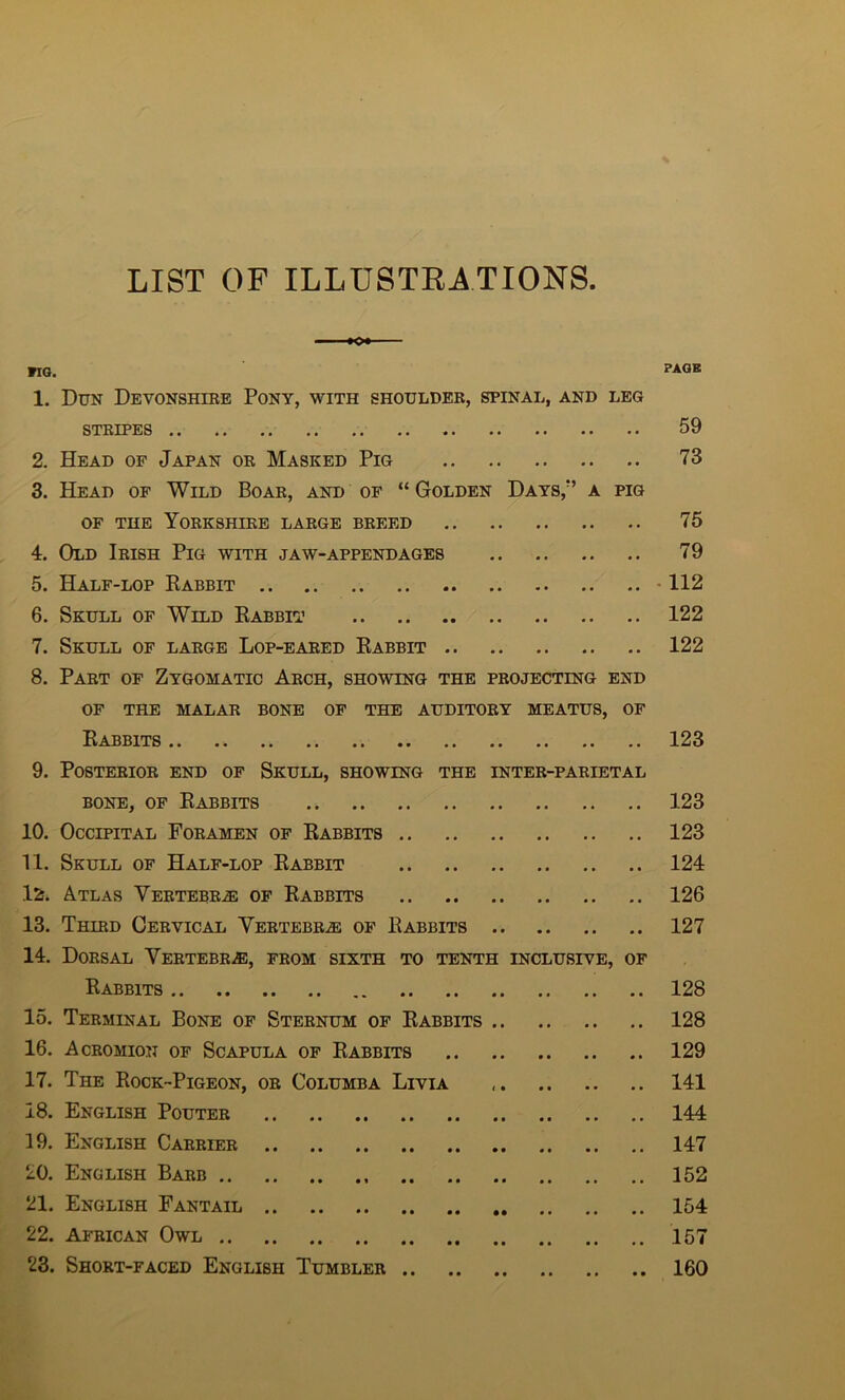 LIST OF ILLUSTRATIONS. FIG. ^GE 1. Dun Devonshire Pony, with shoulder, spinal, and leg STRIPES 59 2. Head of Japan or Masked Pig 73 3. Head of Wild Boar, and of “ Golden Days/’ a pig of the Yorkshire large breed 75 4. Old Irish Pig with jaw-appendages 79 5. Half-lop Rabbit 112 6. Skull of Wild Rabbit 122 7. Skull of large Lop-eared Rabbit 122 8. Part of Zygomatic Arch, showing the projecting end OF THE MALAR BONE OF THE AUDITORY MEATUS, OF Rabbits 123 9. Posterior end of Skull, showing the inter-parietal bone, of Rabbits 123 10. Occipital Foramen of Rabbits 123 11. Skull of Half-lop Rabbit 124 l2r. Atlas Vertebra of Rabbits 126 13. Third Cervical Vertebra of Rabbits 127 14. Dorsal Vertebrae, from sixth to tenth inclusive, of Rabbits 128 15. Terminal Bone of Sternum of Rabbits 128 16. Acromion of Scapula of Rabbits 129 17. The Rock-Pigeon, or Columba Livia 141 18. English Pouter 144 19. English Carrier 147 20. English Barb 152 21. English Fantail 154 22. African Owl 157 23. Short-faced English Tumbler 160