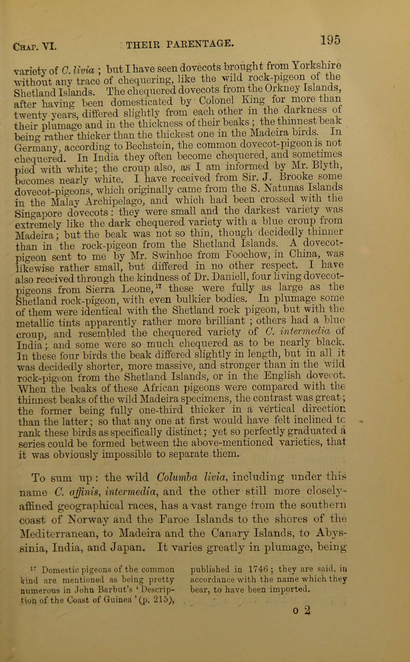 variety of C. livia ; but I have seen dovecots brought from Yorkshire without any trace of chequering, like the wild rock-pigeon of the Shetland Islands. The chequered dovecots from the Orkney Islands, after having been domesticated by Colonel King for more than twenty years, differed slightly from each other m the darkness of their plumage and in the thickness of their beaks ; the thinnest beak bein rather thicker than the thickest one in the Madeira birds. In Germany according to Bechstein, the common dovecot-pigeon is not chequered. In India they often become chequered, and sometimes pied with white; the croup also, as I am informed by Mr. Blyth, becomes nearly white. I have received from Sir. J. Brooke some dovecot-pigeons, which originally came from the S. Natunas Islands in the Malay Archipelago, and which had been crossed with the Singapore dovecots: they were small and the darkest variety was extremely like the dark chequered variety with a blue croup from Madeira; but the beak was not so thin, though decidedly thinner than in the rock-pigeon from the Shetland Islands. A dovecot- pigeon sent to me by Mr. Swinhoe from Foochow, in China, was likewise rather small, but differed in no other respect. I have also received through the kindness of Dr. Daniell, four living dovecot- pigeons from Sierra Leone,17 these were fully as large as the Shetland rock-pigeon, with even bulkier bodies. In plumage some of them were identical with the Shetland rock pigeon, but with the metallic tints apparently rather more brilliant ; others had a blue croup, and resembled the chequered variety of C. intermedia of India’;, and some were so much chequered as to be nearly black. In these four birds the beak differed slightly in length, but in all it was decidedly shorter, more massive, and stronger than in the wild rock-pigeon from the Shetland Islands, or in the English dovecot. When the beaks of these African pigeons were compared with the thinnest beaks of the wild Madeira specimens, the contrast was great; the former being fully one-third thicker in a vertical direction than the latter; so that any one at first would have felt inclined tc rank these birds as specifically distinct; yet so perfectly graduated a series could be formed between the above-mentioned varieties, that it was obviously impossible to separate them. To sum up : the wild Columba livia, including under this name C. ajjinis, intermedia, and the other still more closely- affined geographical races, has avast range from the southern coast of Norway and the Faroe Islands to the shores of the Mediterranean, to Madeira and the Canary Islands, to Abys- sinia, India, and Japan. It varies greatly in plumage, being 17 Domestic pigeons of the common kind are mentioned as being pretty numerous in John Barbut’s * Descrip- tion of the Coast of Guinea ’(P* 215), published in 1746 ; they are said, in accordance with the name which they bear, to have been imported. o 2