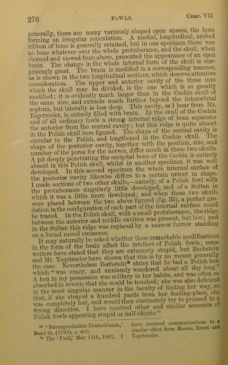 tmnerallv there are many variously shaped open spaces, the bone foming an inregu^ar reticulation. A medial, longitudinal, arched Xntf bone is generally retained, but in one ™ no bone whatever over the whole protuberance, and the skull, when cleaned and viewed from above, presented the appearan^f an open basin The change in the whole internal form of the skull is sur STnglv great. The brain is modified in a corresponding manner, as is shovS in the two longitudinal sections, which deserve attentive “usSS-m The uppfr and anterior cavity g the three m o which the skull may be divided, is the one winch is so greatly modified • it is evidently much larger than m the Cochin skull oi the same’ size, and extends much further beyond the mterorbital septum, but laterally is less deep. This cavity, as IJ^arfrom^r Tea-etmeier is entirely filled with bram. In the skull of the Cochin anffiu ordinary fowls a strong internal ridge of bone separates the anterior from the central cavity; but this ridge is quite absent in the Polish skull here figured. The shape of the central “ +nP Polish and lengthened m the Cocmn skuii. me „har)e of the posterior’cavity, together with the position, size, and number of theses for the nerves differ muchScMn^enfedy a -nit deeply penetrating the occipital bone of the Cochm is ent!^cC hbsent in mis^ Polish skill whilst in another^“““ 3 developed. In this second specimen the whole internal suriace oi the posterior cavity likewise differs to a certain extent m shape. I made sections of two other skulls,—namely, of a Polish fowl the protuberance singularly little devebp^ and of a Sultai^ which it was a little more developed ; and when these ^ skate wpvp nlaced between the two above figured (fig. o5), a periect gi I«ouPSconfiCTrationofeach part of the internal surface could be traced In the Polish skull, with a small protuberance, the ndg between the anterior and middle cavities was present, but low, and in the Sultan this ridge was replaced by a narrow furrow standing ““it mav'StS whether these remarkable modifications in thSTrfthe toain affect the intellect of Polish fowls; some SS ifaM MSS “dlg-plaoefshe Polish fowls appearing stupid or half-idiotic. 69 < Naturgeschichte Deutschlands,’ Band iii. (1793), s. 400. 70 The ‘Field,’ May 11th, 18ol. I have received communications to a similar effect from Messrs. Brent and Tegetmeier.