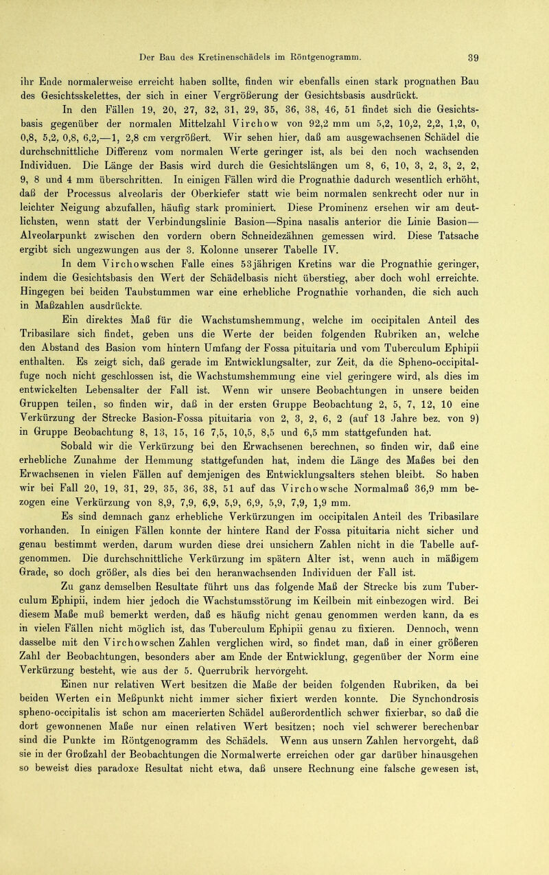 ihr Ende normalerweise erreicht haben sollte, finden wir ebenfalls einen stark prognathen Bau des Gesichtsskelettes, der sich in einer Vergrößerung der Gesichtsbasis ausdrückt. In den Fällen 19, 20, 27, 32, 31, 29, 35, 36, 38, 46, 51 findet sich die Gesiclits- basis gegenüber der normalen Mittelzahl Virchow von 92,2 mm um 5,2, 10,2, 2,2, 1,2, 0, 0,8, 5,2, 0,8, 6,2,—1, 2,8 cm vergrößert. Wir sehen hier, daß am ausgewachsenen Schädel die durchschnittliche Differenz vom normalen Werte geringer ist, als bei den noch wachsenden Individuen. Die Länge der Basis wird durch die Gesichtslängen um 8, 6, 10, 3, 2, 3, 2, 2, 9, 8 und 4 mm überschritten. In einigen Fällen wird die Prognathie dadurch wesentlich erhöht, daß der Processus alveolaris der Oberkiefer statt wie beim normalen senkrecht oder nur in leichter Neigung abzufallen, häufig stark prominiert. Diese Prominenz ersehen wir am deut- lichsten, wenn statt der Verbindungslinie Basion—Spina nasalis anterior die Linie Basion— Alveolarpunkt zwischen den vordem obern Schneidezähnen gemessen wird. Diese Tatsache ergibt sich ungezwungen aus der 3. Kolonne unserer Tabelle IV. In dem Virchowschen Falle eines 53jährigen Kretins war die Prognathie geringer, indem die Gesichtsbasis den Wert der Schädelbasis nicht überstieg, aber doch wohl erreichte. Hingegen bei beiden Taubstummen war eine erhebliche Prognathie vorhanden, die sich auch in Maßzahlen ausdrückte. Ein direktes Maß für die Wachstumshemmung, welche im occipitalen Anteil des Tribasilare sich findet, geben uns die Werte der beiden folgenden Rubriken an, welche den Abstand des Basion vom hintern Umfang der Fossa pituitaria und vom Tuberculum Ephipii enthalten. Es zeigt sich, daß gerade im Entwicklungsalter, zur Zeit, da die Spheno-occipital- fuge noch nicht geschlossen ist, die Wachstumshemmung eine viel geringere wird, als dies im entwickelten Lebensalter der Fall ist. Wenn wir unsere Beobachtungen in unsere beiden Gruppen teilen, so finden wir, daß in der ersten Gruppe Beobachtung 2, 5, 7, 12, 10 eine Verkürzung der Strecke Basion-Fossa pituitaria von 2, 3, 2, 6, 2 (auf 13 Jahre bez. von 9) in Gruppe Beobachtung 8, 13, 15, 16 7,5, 10,5, 8,5 und 6,5 mm stattgefunden hat. Sobald wir die Verkürzung bei den Erwachsenen berechnen, so finden wir, daß eine erhebliche Zunahme der Hemmung stattgefunden hat, indem die Länge des Maßes bei den Erwachsenen in vielen Fällen auf demjenigen des Entwicklungsalters stehen bleibt. So haben wir bei Fall 20, 19, 31, 29, 35, 36, 38, 51 auf das Virchowsche Normalmaß 36,9 mm be- zogen eine Verkürzung von 8,9, 7,9, 6,9, 5,9, 6,9, 5,9, 7,9, 1,9 mm. Es sind demnach ganz erhebliche Verkürzungen im occipitalen Anteil des Tribasilare vorhanden. In einigen Fällen konnte der hintere Rand der Fossa pituitaria nicht sicher und genau bestimmt werden, darum wurden diese drei unsichern Zahlen nicht in die Tabelle auf- genommen. Die durchschnittliche Verkürzung im spätem Alter ist, wenn auch in mäßigem Grade, so doch größer, als dies bei den heranwachsenden Individuen der Fall ist. Zu ganz demselben Resultate führt uns das folgende Maß der Strecke bis zum Tuber- culum Ephipii, indem hier jedoch die Wachstumsstörung im Keilbein mit einbezogen wird. Bei diesem Maße muß bemerkt werden, daß es häufig nicht genau genommen werden kann, da es in vielen Fällen nicht möglich ist, das Tuberculum Ephipii genau zu fixieren. Dennoch, wenn dasselbe mit den Virchowschen Zahlen verglichen wird, so findet man, daß in einer größeren Zahl der Beobachtungen, besonders aber am Ende der Entwicklung, gegenüber der Norm eine Verkürzung besteht, wie aus der 5. Querrubrik hervorgeht. Einen nur relativen Wert besitzen die Maße der beiden folgenden Rubriken, da bei beiden Werten ein Meßpunkt nicht immer sicher fixiert werden konnte. Die Synchondrosis spheno-occipitalis ist schon am macerierten Schädel außerordentlich schwer fixierbar, so daß die dort gewonnenen Maße nur einen relativen Wert besitzen; noch viel schwerer berechenbar sind die Punkte im Röntgenogramm des Schädels. Wenn aus unsern Zahlen hervorgeht, daß sie in der Großzahl der Beobachtungen die Normalwerte erreichen oder gar darüber hinausgehen so beweist dies paradoxe Resultat nicht etwa, daß unsere Rechnung eine falsche gewesen ist.