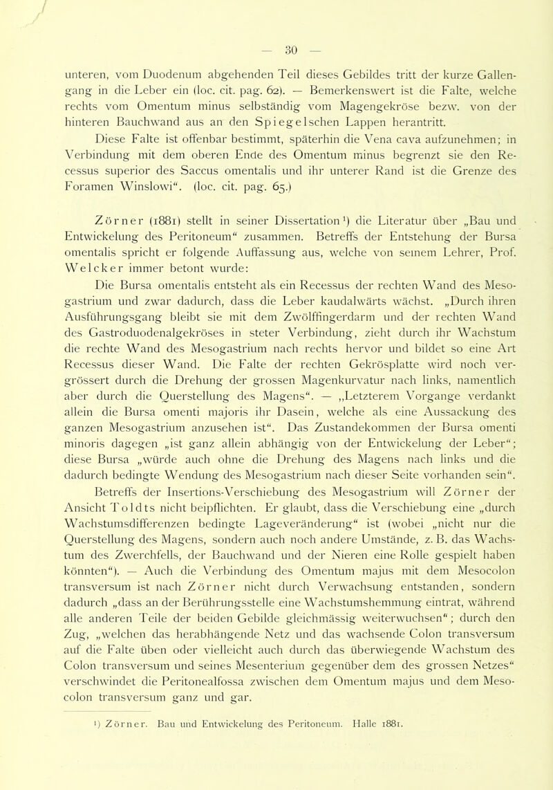 unteren, vom Duodenum abgehenden Teil dieses Gebildes tritt der kurze Gallen- gang in die Leber ein Uoc. cit. pag. 62). — Bemerkenswert ist die Falte, welche rechts vom Omentum minus selbständig vom Magengekröse bezw. von der hinteren Bauchwand aus an den Spiegel sehen Lappen herantritt. Diese Falte ist offenbar bestimmt, späterhin die Vena cava aufzunehmen; in Verbindung mit dem oberen Ende des Omentum minus begrenzt sie den Re- cessus superior des Saccus omentalis und ihr unterer Rand ist die Grenze des Foramen Winslowi“. (loc. cit. pag. 65.) Zörner (1881) stellt in seiner Dissertation1) die Literatur über „Bau und Entwickelung des Peritoneum“ zusammen. Betreffs der Entstehung der Bursa omentalis spricht er folgende Auffassung aus, welche von seinem Lehrer, Prof. Welcher immer betont wurde: Die Bursa omentalis entsteht als ein Recessus der rechten Wand des Meso- gastrium und zwar dadurch, dass die Leber kaudalwärts wächst. „Durch ihren Ausführungsgang bleibt sie mit dem Zwölffingerdarm und der rechten Wand des Gastroduodenalgekröses in steter Verbindung, zieht durch ihr Wachstum die rechte Wand des Mesogastrium nach rechts hervor und bildet so eine Art Recessus dieser Wand. Die Falte der rechten Gekrösplatte wird noch ver- grössert durch die Drehung der grossen Magenkurvatur nach links, namentlich aber durch die Querstellung des Magens“. — ,,Letzterem Vorgänge verdankt allein die Bursa omenti majoris ihr Dasein, welche als eine Aussackung des ganzen Mesogastrium anzusehen ist“. Das Zustandekommen der Bursa omenti minoris dagegen „ist ganz allein abhängig von der Entwickelung der Leber“; diese Bursa „würde auch ohne die Drehung des Magens nach links und die dadurch bedingte Wendung des Mesogastrium nach dieser Seite vorhanden sein“. Betreffs der Insertions-Verschiebung des Mesogastrium will Zörner der Ansicht Toldts nicht beipflichten. Er glaubt, dass die Verschiebung eine „durch Wachstumsdifferenzen bedingte Lageveränderung“ ist (wobei „nicht nur die Querstellung des Magens, sondern auch noch andere Umstände, z. B. das Wachs- tum des Zwerchfells, der Bauchwand und der Nieren eine Rolle gespielt haben könnten“). — Auch die Verbindung des Omentum majus mit dem Mesocolon transversum ist nach Zörner nicht durch Verwachsung entstanden, sondern dadurch „dass an der Berührungsstelle eine Wachstumshemmung eintrat, während alle anderen Teile der beiden Gebilde gleichmässig weiterwuchsen“; durch den Zug, „welchen das herabhängende Netz und das wachsende Colon transversum auf die Falte üben oder vielleicht auch durch das überwiegende Wachstum des Colon transversum und seines Mesenterium gegenüber dem des grossen Netzes“ verschwindet die Peritonealfossa zwischen dem Omentum majus und dem Meso- colon transversum ganz und gar. *) Zörner. Bau und Entwickelung des Peritoneum. Halle 1881.