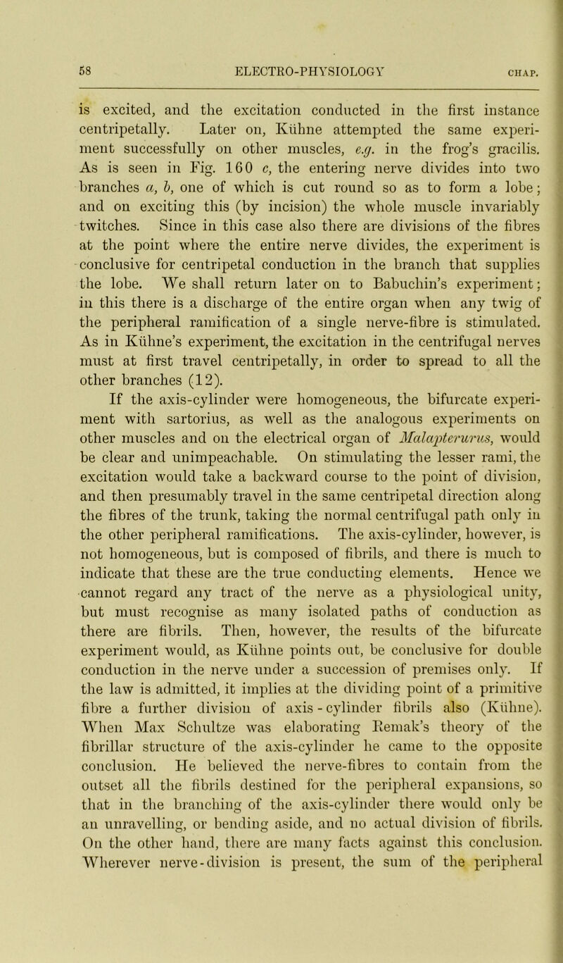 is excited, and the excitation conducted in the first instance centripetally. Later on, Kühne attempted the same experi- ment successfully on other muscles, e.g. in the frog’s gracilis. As is seen in Fig. 160 c, the entering nerve divides into two branches a, b, one of which is eut round so as to form a lobe ; and on excitiug this (by incision) the whole muscle invariably twitches. Silice in this case also there are divisions of the fibres at the point where the entire nerve divides, the experiment is conclusive for centripetal conduction in the brandi that supplies the lobe. We shall return later on to Babuchin’s experiment; in this there is a discharge of the entire organ when any twig of the peripheral ramification of a single nerve-fibre is stimulated. As in Kühne’s experiment, the excitation in the centrifugal nerves niiist at first travel centripetally, in order to spread to ail the other branches (12). If the axis-cylinder were homogeneous, the bifurcate experi- ment with sartorius, as well as the analogous experinients on other muscles and on the electrical organ of Mala2)terurus, would be clear and unimpeachable. On stiniulatiug the lesser ranii, the excitation would take a backward course to the point of division, and then presuniably travel in the same centripetal direction along the fibres of the trunk, taking the normal centrifugal path only in the other peripheral ramifications. The axis-cylinder, however, is not homogeneous, but is composed of fibrils, and there is much to indicate that these are the true conducting éléments. Hence we cannot regard any tract of the nerve as a physiological unity, but must recognise as niaiiy isolated paths of conduction as there are fibrils. Then, however, the results of the bifurcate experiment would, as Kühne points ont, be conclusive for double conduction in the nerve under a succession of promises only. If the law is admitted, it implies at the dividing point of a primitive fibre a further division of axis - cylinder fibrils also (Kühne). When Max Schultze was elaborating Eemak’s theory of the fibrillar structure of the axis-cylinder he came to the opposite conclusion. He believed tlie nerve-fibres to contain froin the outset ail the fibrils destined for the peripheral expansions, so that in the branching of the axis-cylinder there would only be au unravelling, or bendiug aside, and no actual division of fibrils. On the other hand, there are many facts against this conclusion. Wherever nerve-division is présent, the sum of the peripheral