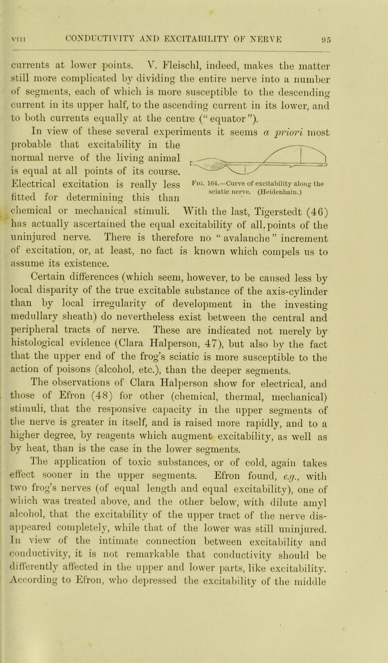 Fio. 164.—Curve of excitability along tlie •sciatic iicrve. (Heidenliain.) curreiits at lower points. V. Fleischl, indeecl, iiiakes tlie inatter still more complicated by dividiiig tlie eiitire iierve into a number of segments, each of wbicb is more susceptible to tbe descending carrent in its npper half, to tlie ascending carrent in its lower, and to both currents equally at tlie centre (“ eqnator ”). In view of tliese several experinients it seems a priori most probable tliat excitability in tlie normal nerve of tlie living animal is eqiial at ail points of its course. Electrical excitation is really less litted for determining tliis than Chemical or ineclianical stiniuli. Witli tbe last, Tigerstedt (46) bas actually ascertained tlie eqiial excitability of ail. points of tbe nninjured nerve. ïbere is tberefore no “ avalancbe ” incrément of excitation, or, at least, no fact is kiiown wbicb compels us to assume its existence. Certain différences (wbicb seem, bowever, to be caused less by local disparity of tbe true excitable substance of tbe axis-cylinder tban by local irregularity of development in tbe investing medullary sbeatb) do nevertbeless exist between tbe central and peripberal tracts of nerve. Tbese are indicated not nierely by bistological evidence (Clara Halperson, 47), but also by tbe fact tbat tbe upper end of tbe frog’s sciatic is more susceptible to tbe action of poisons (alcobol, etc.), tban tbe deeper segments. Tbe observations of Clara Halperson sbow for electrical, and tbose of Elron (48) lor otber (cbeniical, thermal, mecbanical) stiniuli, tbat tbe responsive capacity in tbe npper segments of tlie nerve is greater in itself, and is raised more rapidly, and to a bigher degree, by reagents wbicb augment excitability, as well as by beat, tban is tbe case in tbe lower segments. Tbe application of toxic substances, or of cold, again takes effect sooner in tbe upper segments. Efron found, ejj., witli two frog’s nerves (of equal lengtb and equal excitability), one of wbicb was treated above, and tbe otber below, witb dilate aniyl alcobol, tbat tbe excitability of tbe upper tract of tbe nerve dis- ajipeared completely, wbile tbat of tbe lower was still nninjured. In view of tbe intimate connection between excitability and conductivity, it is not reniarkable tbat conductivity sbould be differently affected in tbe upper and lower parts, like excitability. According to Efron, wbo depre.ssed tbe excitability of tbe middle