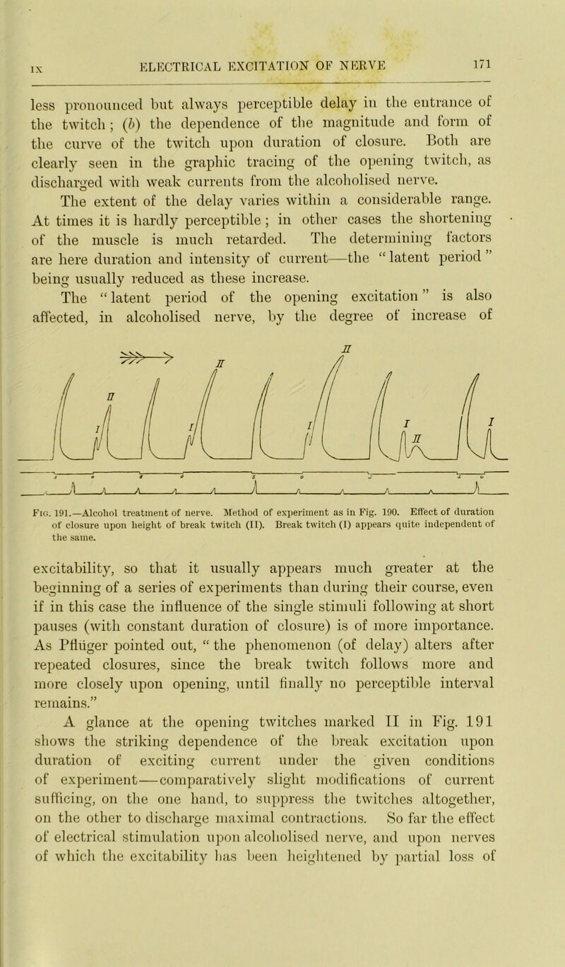 less pronouuced but always perceptible delay in the eutrance of tbe twitch; (h) the dependence of the magnitude and forin of the curve of the twitch upon duration of closure. Both are clearly seen in the graphie tracing of the opeuing twitch, as discharged witli weak curreuts from the alcoholised nerve. The extent of the delay varies within a considérable range. At tiines it is hardly perceptible ; in other cases the shortening of the muscle is much retarded. The determiuing factors are here duration and intensity of current—the “ latent period ” being usually reduced as these increase. The “ latent period of the opening excitation ” is also affected, in alcoholised nerve, by the degree of increase of Fig. 191.—Alcohol treatment of nerve. Metliod of experiment as in Fig. 190. Effect of duration of closure upon lieiglit of break twitch (II). Break twitch (I) appears quite iudependent of the saine. excitability, so that it usually appears much greater at the beginniug of a sériés of experiments than during their course, even if in this case the influence of the single stiniuli following at short pauses (with constant duration of closure) is of more importance. As Pflüger pointed out, “ the phenomenon (of delay) alters after repeated closures, since the break twitch follows more and more closely upon opening, until finally no perceptible interval remains.” A glance at the opening twitches niarked II in Fig. 191 shows the striking dependence of the lireak excitation upon duration of exciting current under the given conditions of experiment—comparatively slight modifications of current suflicing, on the one hand, to suppress the twitches altogether, on the other to discharge maximal contractions. So far the effect of electrical stimulation upon alcoholised nerve, and upon nerves of which the excitability bas been heightened by partial loss of