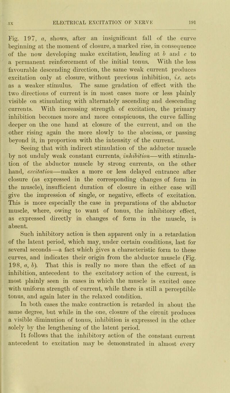 Fig. 197, a, shows, aller an insignihcant fall of tlie curve begiiiniiig at tlie moment of closnre, a marked rise, in consecjuence of the now developing inake excitation, leading at h and c to a permanent reinforcement of the initial tonus. AVitli the less favonrable descending direction, the saine weak cnrrent produces excitation only at closnre, withont previous iidiibition, i.c. acts as a weaker stimulus. The sanie gradation of effect with the two directions of cnrrent is in most cases more or less plainly visible on stiniulating with alternately ascending and descending cnrrents. With increasing strength of excitation, the primary inhibition heconies more and more conspicnous, the curve falling deeper on the one hand at closnre of the cnrrent, and on the other rising again the more slowly to the abscissa, or passing heyond it, in proportion with the intensity of the cnrrent. Seeing that with indirect stimulation of the addnctor muscle by not unduly weak constant cnrrents, inhibition—with stimula- tion of the abductor muscle by strong cnrrents, on the other hand, ea:citation—makes a more or less delayed entrance aller closure (as expressed in the corresponding changes of forni in the muscle), insufhcient duration of closure in either case will give the impression of single, or négative, effects of excitation. This is more especially the case in préparations of the abductor muscle, where, owing to want of tonus, the inhibitory effect, as expressed directly in changes of form in the muscle, is absent. Such inhibitory action is then apparent only in a retardation of the latent period, which may, under certain conditions, last for several seconds—a fact which gives a characteristic form to these curves, and indicates their origin from the abductor muscle (Fig. 198, a, h). That this is really no more than the effect of an inhibition, antécédent to the excitatory action of the cnrrent, is most plainly seen in cases in which the muscle is excited once with uniform strength of cnrrent, while there is still a perceptible tonus, and again later in the relaxed condition. In both cases tlie inake contraction is retarded in about the saine degree, but while in the one, closure of the circuit produces a visible diminution of tonus, inhibition is expressed in the other solely by the lengtheniiig of the latent period. It follows that the inhibitory action of the constant cnrrent antécédent to excitation may be demonstrated in almost every