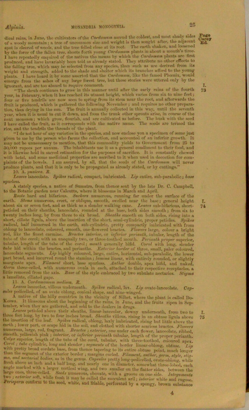 Alpinta. MOXANDRU MOSOGTKIA. “5 dical rains, in Juno, the cultivators of the Cardomnm ascend the coldest, and most shady sides of;« woody mountain ; a tree of uncommon size and weight is then sought alter, the adjacent spot is cleared of weeds, and the tree felled close at its root. Hie earth shaken, ami loosened by the force of the fallen tree, shoots forth young Cardomum plants in about a month s time. I have repeatedly enquired of the natives tho means by which the Cardomum plants are first produced, and have invariably been told as already stated, they attribute no other effects.to the falling tree, which may he selected from any species, than such as are derived from its weight and strength, added tv) the shade and shelter which its branches afford to the young plants. I have heard it by some asserted that the Cardomum, like the famed Phoenix, would emerge from the ashes of any large forest tree, hut these stories were uttered only by the ignorant, and are too absurd to require comment. “The shrub continues to grow in this manner until after the early rains of the fourth year, in February, when it has reached its utmost height, which varies from six to nine feet; four or five tendrils are now seen to spring from its stem near the root, and afterwards the fruit is produced, which is gathered the following November ; ami requires no other prepara- tion, than drying in the sum The fruit is annually collected in this way, until the seventh year, when it is usual to cut it down, and from the trank other sprouts arise, in course of the next monsoon ; which grow, flourish, ami are cultivated as before. The lmsk with the seed I have called the fruit, as it corresponds with the native name. The seeds are termed the rice, ami the tendrils the threads of the plant. “ I do not hear of any varieties in the species, and now enclose yon a specimen of some just given to me by the person who farms the collection, and accounted of an inferior growth. It may not he unnecessary to mention, that this commodity yields to Government from 25 to 30,000 rupees per aumun. The inhabitants use it us a general condiment to their food, ami it is likewise held in sacred estimation for the purposes of sacrifice. It i- constantly chewed with betel, and some medicinal properties are ascribed to it when used in decoction for com- plaints of the bowels. 1 am assured, by all, that the seeds of the Cttrdomum will never produce plants, and that it is only to be propagated as already stated, or by cuttings.” 10. A. punicea. R. Learn lanceolate. Spikes radical, compact, imbricated. Lip entire, sab-parabolic; base spurless. A stately species, a native of Sumatra, from thence sent by the late TJr. C. Campbell, to the Botanic garden near Calcutta, where it blossoms in March and April. Roots hard and hilarious. Suckers numerous, running far under the surface of the earth. Stems numerous, erect, or oblique, smooth, swelled near the base; general height about six or seven feet, and us thick as a slender walking cane. Isares sub-hifurious, short- petioled on their sheaths lanceolate, rounded at the base, both sides smooth ; from six to twenty inches long, hv from three to six broad. Sheaths smooth on both sides rising into a short, ciliatc ligula, above the insertion of the short, seini-eylindric, proper petioles. Spikes radical, half immersed in the earth, snb-cylindric, pretty compactly imbricated with from oblong to lanceolate, coloured, smooth, one-flowered hnict.es. Ffoirers large, colour a bright red, like the finest carmine. Bfades interior, or inferior perianth, tubular, length of the tube of the corol; with an unequally two, or three-tootle si mouth. Perianth proper superior, tubular, length of the tube of the enrol; mouth generally bifid. Corol with long, slender tube hid within the brnetes, and perianths, jExterior border of three, small, paler coloured, lanceolate segments. Lip highly coloured, large, entire, horizontal, sub-parabolic, the lower part broad, and incurved round the stamina; lamina linear, with entirely rounded, or slightly inarginate apex. Filament short, base spurless. Anther double, ajiex bifid, and naked. Venn three-celled, with numerous ovula in each, attached to their respective receptacles, a little removed from the axis. Base of the style embraced by two subulute nectaries. Stigma a lamellate, ciliated gn|>v. 11. A. Cardamomnm medium. R. Lea res laneeolur, villous underneath. Spikes radical, lav. Lip ovate-lanceolate. Cap- sules pedicelled, of an ovate oblong, conical shape, nud nine-winged. A native of the hilly countries in the vicinity of Silhet, where the plant is called Do- Keswa. It blo-oms about the beginning of the rains, in June, and the fruits ripen in Sep- tember, when thev are gathered, and sold to the dealers in drugs. Leaves pctioled above their sheaths, linear-lancoolar, downy underneath, from two to three feet long, by two to four inches broad. Sheaths villous, rising in an obtuse ligula above the insertion of the leaf. Spikes radical, oblong, laxly imbricated, rising but little above the fcnrth ; lower part, or scape hid in the soil, and clothed with shorter scariose bract os. Flowers numerous, large, red, fragrant. Braetes ; exterior, one under each flower, lanceolate, ribbed, smooth, yellowish pink ; interior, or inferior perianth tubular, length of the proper perianth! superior, length of the tube of tho corol, tubular, with three-toothed, coloured apex. Corol; tube cylindric, long and slender ; segments of the border linear-oblong, obtuse. Lip wit h pretty broad cordate base, from thence tapering to its entire obtuse point, much longer than the segmeut of the exterior border ; margins curled. Filament, anther, qerm, stifle, s?iq. n*rf'‘if I bodies, as in the genus. Capsules pretty long-pedicelled, ovate-oblong,’while ubovc 11,1 u'eJ‘ »»'1» half long, and nearly one in diameter, somewhat tlmvloU-d, each angle marked with a larger vertical wing, and two smaller on the flatter sides, la-tween the large ones, three-celled Seeds numerous, obovate, with a groove on one side. Integuments two ; exterior soft, while fresh it may he called the succulent aril; interior white and rugose Pensperm conform to the seed, white, and friable, perforated by a spongy, brown substance Page Carey Ed. I. 73 r. 71 r. 75 4