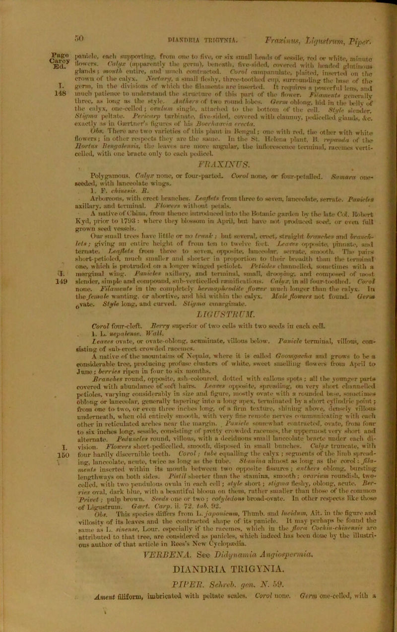 ptAxmuA Tnrcrom. Page Caroy Ed. I. 148 a. 149 1. 160 r,o Fraximift, Li yurt rum, Piper. panicle, each supporting-, from one to five, or six small heads of sessile, rod or white, minute llowers. Calyx (apparently the germ), beneath, five-sided, covered with headed glutinous glands; month entire, and much contracted. Corol eampannlate, plaited, inserted on the crown of the calyx. Neriartf, a small fleshy, three-toothed cup, surrounding the Imse of the germ, in the divisions of which the filaments are inserted, ft requires n powerful lens, and much patience to understand the structure of this part of the flower. Filament* generally three, as long as the style. Anthers of two round lobes. Germ oblong, hid in the belly of the calyx, onc-cellcd; ovutvm single, attached to the bottom of the cell. Style slender. Stiffina peltate. Pericarp turbinate, five-sided, covered with clammy, pedicelled glands, &c. exactly as in (ian-t Tier's figures of his Buerhaavia erecta. Ohs. There are two varieties of this plant in Bengal; one with ml, the other with white flowers; in other respects they are the same. In the St. Helena plant, 1!. repanda of the Sorias Bengalensis, the leaves are more angular, the inflorescence terminal, racemes verti- celled, with one bractc only to each pedicel, FRAXINUS. Polygamous. Calyx none, or four-parted. Corot none, or four-petailed. Samara one- seeded, with lanceolate w-iugs. 1. F. vhinesis. It. Arboreous, with erect branches. Leaflets from three to seven, lanceolate; serrate. Panicles axillary, and terminal. Flowers without petals. A native of China, from thence introduced into the Botanic garden by the late Col. Robert Kyd, prior- to 1793 : where they blossom in April, but lmve not produced seed, or even full grown seed vessels. Our small trees have little or no 1 runic ; hut several, erect, sf rniglrt branches and branch- lets; giving an entire height of from ten to twelve feet. Leaves opposite, primate, ami termite. Leaflets from three to seven, opposite, lanceolar, serrate, smooth. The pairs short-petioled, much smaller and shorter in proportion to their breadth than the terminal one, which is protruded on a longer winged petiolet. Petioles channelled, sometimes with a marginal wing. Panicles axillary, and terminal, small, drooping, arrd composed of most slender, simple and compound, .•mb-vertieelled ramifications. Calyx, in all four-toothed. Corol none. Filaments in tire completely hermaphrodite flower much longer than the calyx. In the female wanting, or abortive, and hid within the calyx. Male, flowers not found. Germ (1vute. Style long, and curved. Sliyitta ewarginate. LIOUSTRUM. Corol four-deft Bemj superior of two cells with two seeds in each cell. 1. I,. nepalen.se. Wall. leaves ovate, or ovate-oblong, acuminate, villous below. Panicle terminal, villous, con- sisting of sub-erect crowded racemes. A native of the mountains of Nejiala, where it is called Goomgacha and grows to be a considerable tree, producing profuse dusters of white, sweet smelling flowers fi-oin April to June; berries ripen in four to six months. Branches round, opposite, ash-coloured, dotted with callous spots ; all the younger parts covered with abundance of soft hairs. Leaves opjtositc, spreading, on very short diannelled petioles, varying considerably in size and figure, mostly ovate with a rounded base, sometimes Oblong or hiriccolar, generally tapering into a long apex, terminated by a short cylindrie point; from one to two, or even three inches long, of a firm texture, shitting above, densely villous underneath, when old entirely smooth, with very fine remote nerves communicating w ith each other in reticulated arches near the margin. Panicle somewhat contracted, ovate, from four to six indies long, sessile, consisting of pretty crowded racemes, the uppermost very short and alternate. Petluncles round, villous, with a deciduous small lanceolate brnete under each di- vision. Flowers sliort-pedicelled, smooth, disposed in small hunches. Calyx truncate, with four hardly discernible teeth. Corol; tube equalling the calyx ; segments of the limb spread- ing, lanceolate, acute, twice as long as the tube. Stamina almost as long as the corol: fila- ments inserted within its mouth between two opposite fissures; anthers oblong, bursting lengthways on both sides. Pistil shorter than the stamina, smooth; ovarium roundish, two- cdled, with two pendulous ovula in each cell; style short; stigma fleshy, oblong, acute. Ber- ries oval, dark blue, with a beautiful bloom on them, rather smaller than those of the common Privet; pulp brown. Seeds one or two; cotyledons broad-ovate. In other respects like those of Ligustruin. Gan t. Carp. ii. 72. tab. 92. Ohs. This species differs from h. japonievm, Thmih. and lucidum. Ait. in the figure and villositv of its leaves and the contracted shape of its panicle. It may perhaps la- found the same as L. sinense, Lour, especially if the racemes, which in the flora Cochin-rhinensis are attributed to that tree, are considered as panicles, which iudeetl has been doue by the illustri- ous author of that article in Rees’s New Cyclopaklia. VERBENA. See Didynamia Angiospermia, DIANDRIA TRIGYNIA. FIBER. Schreb. gen. N. 59. Ament filiform, imbricated with peltate scales. Corol none. Germ one-celled, with a *