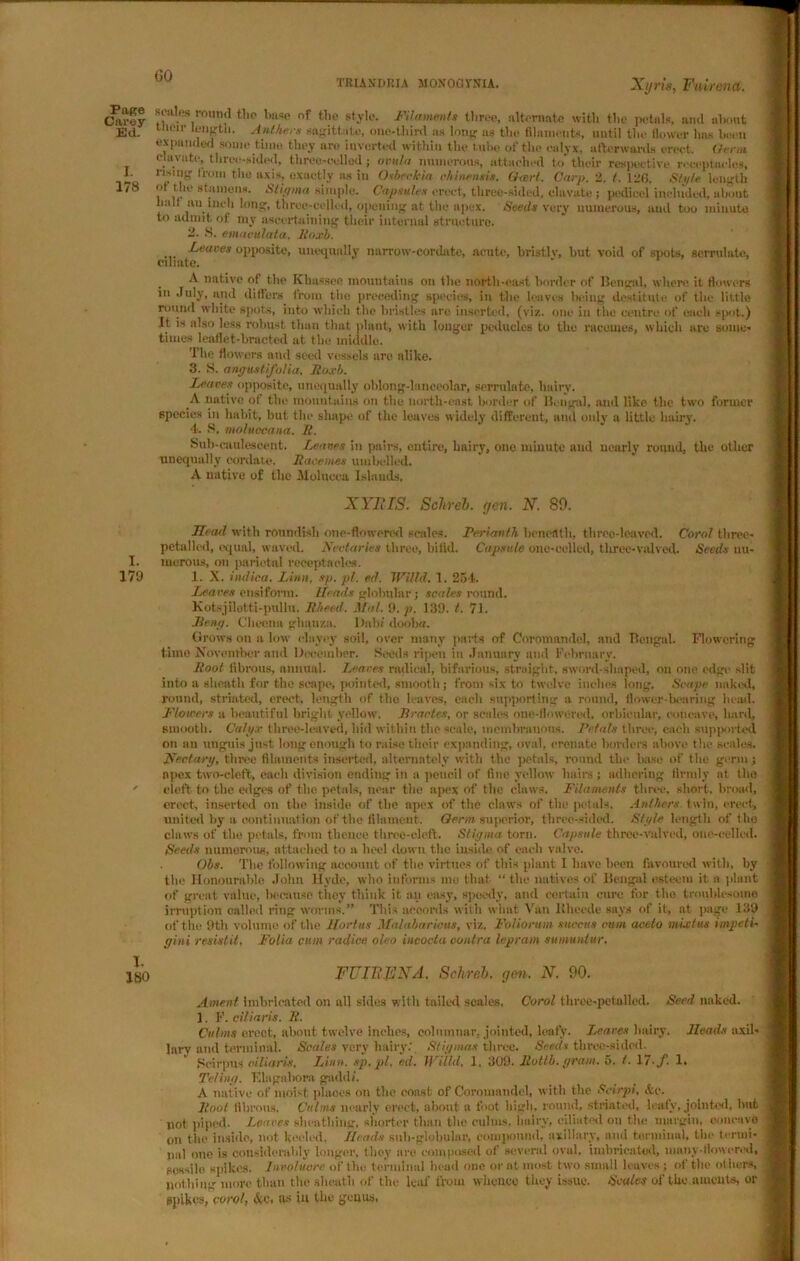 GO TRUXDRIA MONOGVNU. Page Carey Ed. I. 178 I. 179 I. 180 Xgris, Fuirena. scales round the base of the style. Filaments three, alternate with the petals, and alxmt l “'' h'MRtli. Anthers sagittate, one-third as long as the filaments, until the flower has been expanded some time they are inverted within the t ube of the calyx, afterwards erect. Germ elavute, three-sided, three-culled ; ovula numerous, attached to’ their respective receptacles, rising from the axis, exactly as in Osbrchia chine nets. Overt. Carp. 2. t. 120. Shite length of the stamens. Stigma simple. Capsules erect, three-sided, clavate ; pedicel included, about halt nu inch long, three-celled, opening at the apex. Seeds very numerous, and too minute to admit of my ascertaining their internal structure, 2. 8. emaculata. Roxb. ... leaves opposite, unequally narrow-cordate, acute, bristly, but void of spots, serrulate, cihate. A native of the Khassee mountains on the north-east border of Bengal, where it flowers in July, and differs from the preceding species, in the leaves being destitute of the little round white spots, into which the bristles are inserted, (viz. one in the centre of each spot.) Jt is also less robust- tiian that plant, with longer pedueles to the racemes, which are some- times leatlet-bracted at the middle. The flowers and seed vessels are alike. 3. S. angusttfolia. Roxb. Reaves opposite, unequally oblong-1 aneeolar, serrulate, hairy. A native of the mountains on the north-east border of Bengal, and like the two former species in habit, but the shape of the leaves widely different, and only a little hairy. 4. S, moluceana. Jt. Sub-caulescent. Leaves in pairs, entire, hairy, one minute and nearly round, the other unequally cordate. Racemes umbelled. A native of the Molucca Islands, XYIIIS. Sclireb. gen. N. 89. Uead with roundish one-flowered scales. Perianth beneath, three-leaved. Coral three- petallod, equal, waved. Nectaries three, bifid. Capsule oue-eelled, three-valvod. Seeds nu- merous, on parietal receptacles. 1. X. indica. Linn, sp. pi. eel. WUld. 1. 254. leaves ensiform. Heads globular; scales round. Kotsjilotti-pullu. Rheed. Hal. 9. p. 139. t. 71. Rcng. Clieona glianza. Dab* dodba. Grows on a low clayey soil, over many parts of Coromandel, and Bengal. Flowering time November and December. Seeds ripen in January and February. Root fibrous, annual. Leaves radical, bifarious, straight, sword-shaped, on one edge slit into a sheath for the scape, pointed, smooth; from six to twelve inches long. Scape naked, round, striated, erect, length of the leaves, each supporting a round, flower-bearing head. Flowers a beautiful bright yellow. Rrac/cs, or scales one-flowered, orbicular, concave, hard, smooth. Calyx three-leaved, hid within the scale, membranous. Petals three, each supported on an unguis just long enough to raise their expanding, oval, eremite borders above the scales. Nectary, three filaments inserted, alternately with the petals, round the base of the germ; npex two-cleft, each division ending in a pencil of fine yellow hairs ; adhering firmly at the cleft- to the edges of the petals, near the apex of the claws. Filaments three, short, broad, erect, inserted on the inside of the apex of the claws of the petals. Anthers twin, erect, united by a continuation of the filament. Germ superior, three-sided. Style length of t he claws of the petals, from thence three-cleft. Stigma torn. Capsule three-valved, oue-eelled. Seeds numerous, attached to a heel down the inside of each valve. Obs. The following account of the virtues of this plant I have been favoured with, by the Honourable John Hyde, who informs mo that “ the natives of Bengal esteem it a plant of great value, because they think it an easy, speedy, and certain cure for the troublesome irruption called ring worms.” This accords with what Van llheede says of it, at page 139 of the 9th volume of the Hortus Malabaricus, viz, Foliorum sneetts cam acelo mixtus impeti- gini resist 'd. Folia cum radice oleo incocta contra lepram sumunlur. FUIRENA. Schrcb. gen. N. 90. Ament Imbricated on all .sides with tailed scales, Carol three-petailed. Seed naked. 1. F. ciliaris. R. Culms erect, about twelve Inches, columnar, jointed, leafy. Leaves hairy. Heads axil- lary and terminal. Scales very hairy: Stigmas three. Seeds three-sided. Seirpus ciliaris, Linn, sp.pl. ml. Willd, 1, 309. Rottb. grant. 5. t. 17./. 1. Teling. Elngahora gnddi. A native of moist places on the eonst of Coromandel, with the Scirpi, Ac. Root fibrous. Culms nearly erect, about a foot high, round, striated, leafy, jointed, hut not piped. Leaves sheathing, shorter than the culms, hairy, ciliated on the margin, connive 0n the Inside, not keeled, Heads silli-globular, compound, axillary, and termiual, the termi- nal one is considerably longer, they are composed of several oval, imbricated, many-flowered, sessile spikes. Jnvoluvre of the terminal head one or at most two small leaves ; of the others, nothing more than the sheath of the leaf from whence they issue. Scales of the aments, or spikes, carol, Ac, gs in (he genus,