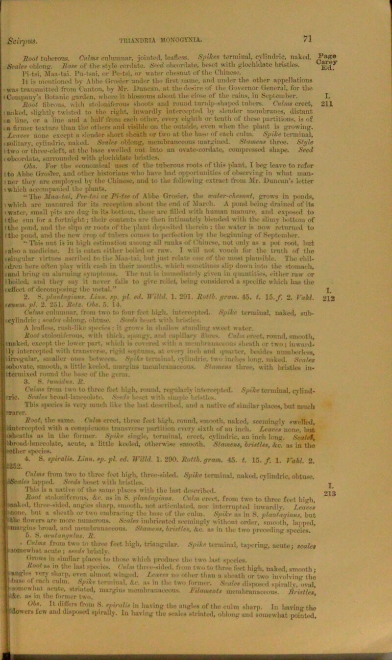 I. 211 I. 213 Scirpw. Roof tuberous. Culms eulnmnar, jointed, leafless. Spike* terminal, eylindric, naked. St-ales oblong. Rase of the style cordate. Seed obeordatc, le-set with gloobidate bristles. Pi-tsi, Mau-tai. I’u-tsai, or IV-tsi, or water eliesnut of the Chinese. It. is mentioned by Abbe Crosier under the first mime, and under the other appellations was transmitted from Canton, by Mr. Duncan, at the desire of the Governor General, for the 1 Company's ilotanic garden, where it blossoms alaiut the close of the rains, in September. Root fibrous, with atoUmiferons shoots and round turiiip-sliajKd tuliers. Culms erect, : naked, slightly twisted to the right, inwardly intercepted by slender membranes, distant ,a line, or a line and a half from each other, every eighth or tenth of these partitions, is of a firmer texture than the others and visible on the outside, even when the plant is growing. .Leaves none except a slender short sheath or two at the base of each culm. Spike terminal, • solitary, evlimlrie, naked. Seales oblong, membranecous margined. Stamens three. Style ! two or three-cleft, at the base swelled out into an ovate-cordate, compressed shape. Seed * obcordate, surrounded with gloehidate bristles. Obs. For the economical uses of the tuberous roots of this plant, I bog leave to refer tto Abbe < iroslvr, and other historians who have had opportnnitie.s of observing in what man- : tier they are employed by the Chinese, and to the following extract from Mr. Duncan’s letter i which accompanied the plants. “ The Maa-tai, Pee.-tai or Pi-fse of AW>e Crosier, the water-chesnni, grows in ponds, i which are manured for its reception about the end of March. A pond being drained of its 'water, small jilts are dug in its bottom, these arc fill'd with human manure, ami exposed to ithe sun for a fortnight ; their contents are then intimately blended with the slimy bottom of tthe jxrnd, and the slip, or roots of the plant deposited therein : (In' water is now returned to the pond, and the new crop of tnbers comes to perfection by the beginning of September. “ This nut is in high estimation among ail ranks of Chinese, not only as a pot root, hut also a medicine. It is i-uteii either boiled or raw. 1 will not vouch for the truth of the singular virtues ascribed to the M.ia-tai, but just relate one of the most plausible. The chil- dren here often play with cash in their mouth*, which sometimes slip down into the stomach, am! bring on alarming symptoms. '11 ic nut is immediately given iu quantities, either raw or boiled, and they say it never fails to give relict, being considered a specific which ha* the effect of decomposing the metal.” 2. S, plantaymus. Linn. sp. pi. ed. Willd. 1. 291. Rot lb. pram. 15. t. lo.f. 2. Vail. tenum.pl. 2. 251. Hefz. Obs. 5. 14. Culms columnar, from two to four fis t high, intercepted. Spike terminal, naked, stib- cylindric ; st ales oblong, obtuse'. Stcs/s be . ! with bristles. A leafless, rush-like species : it grow > iu shallow standing sweet w ater. Root stoloniferotis, with thick, spongy, and eapillurv fibres. Culm erect, ronnd, smooth, naked, except the lower jwirt, which is covered with a minibiaiiae' u- -heath or two; inward- lv intercepted with transverse, rigid septmns. at every inch and quarter, besides numberless, irregular, smaller ones between. S/,Ue terminal, i vlindrie, two ineliys long, naked. Scales lobovate, smooth, a little keeled, margins membranaceous. Stamens three, with bristles in- termixed round the base of the germ. 3. S. tumid ns. R. Culms from two to three feet high, round, regularly intercepted. Spike terminal, cvlind- Tic. Scales broad-lanceolate. > ••</* h set with simple bristles. This species is very tuuch like the last described, anil a native of similar places, but much rarer. Root, the same. Culm erect, three feet high, round, smooth, naked, seemingly swelled, intercepted with a conspicuous transverse partition every sixth of an inch. Leans none, hut sheath* as in the former. Spike single, terminal, erect, cvlimiric, an inch long. Scalet, hroad-lanceolate, acute, a little keeled, otherwise smooth. Stamens, bristles, &c. as in the Other species. 4. S. spiralis. Linn. sp. pi. ed. Willd. 1.290. Rot lb. gram. 45. t. 15. f. 1. J'ahl. 2. 252. Culms from two to three feet high, three-sided. Spile terminal, naked, eylindrie, obtuse. b&calcs Iftpp^d. Seed* beset with bristles. This is ft native of the same places with the last described. Root stoloniforous, Ac. as in 8, planlarjinus. Culm civet, front two to three feet high, i naked, three-sided, angles sharji. smooth, not artieulateil, nor interrupted inwardly. Leans none, but a sheath or two embracing the base of the culm. Spike as in S. plantaginus, but 'the flowers arc more numerous. Scales imbricated seemingly without order, smooth, ho ped, margins broad, and membranaceous. Stamens, bristles, Ac. as iu the two preceding species.  5. S. arulanyultts. R. * Culms from two to three feet high, triangular, somewhat acute j seeds bristly. Grows in similar place* to those which produce the two last species. Root** in the last species. Culm three-sided, from two to three feet high, naked, smooth ; angles very sharp, even almost winged. Leans no other than a sheath or two involving the has.' of each culm. Spike terminal, Ac. as in the two former. Scales disposed spirally, oval’ somewhat acute, striated, margins membranaceous. Filaments membranaceous. Jiristles v. as in the former two. Obs. It ‘h tiers from 8. spiralis in having the angles of the culm sharp. In having the flowers lew and disposed spirally. In having the scales striated, oblong and somewhat pointed. I. 213 Spike terminal, tapering, acute; scales