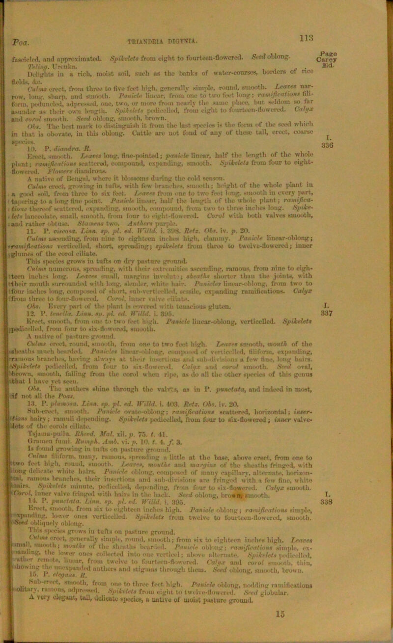 Toa. TRIASDBU DIGTVTA. fascicled. and approximated. Spikelets from eight to fourteen-flowered. Seed oblong. Tiling. I’reukrt. . . Delights iu a rich, moist soil, such as the batiks of water-courses, borders ot nee fields Ac. Culms erect, from three to five feet high, generally simple, round, smooth. Leans nar- row, long, sharp, mul smooth. Panicle linear, from one to two feet long; ramifications fili- form, podunded, adpressod, one, two, or more from nearly the same place, but. seldom so tar asunder as their own length. Spikelets pedieelled, from eight to fourteen-flowered. Calyx arid enrol smooth. Seed oblong, smooth, brown. Ohs. The best mark to distinguish it from the last species is the form of the seed which in that is obovate, in this oblong. Cattle are not lbnd of any of these tall, erect, coarse species. 10. P. diandra. R. Erect, smooth. Leaves long, fine-pointed; panicle linear, half the length of the whole plant; ramifications scattered, compound, expanding, smooth. Spikelets from four to eight- flowered. Flowers dinndrous. A native of Bengal, where it blossom* during the cold season. Culms erect, growing in tufts, with few branches, smooth; height of the whole plant iu a good soil, from three to six feet. Leans from one to two feet long, smooth in every part, ■ tapering to a long fine point. Paniele linear, half the length of the whole plant; ramifica- , Hons thereof scattered, expanding, smooth, compound, from two to three inches long. Spike- ■ lets lanceolate, small, smooth, from four to eight -flowered. Carol with both valves smooth, ; and rather obtuse. Stamens two. Ant tiers purple. 11. P. viscosa. Linn. sp. pi. ed. Wiltd. i. 308. Reft. Ob*, iv. p. 20. Culms ascending, from nine to eighteen inches high, clammy. Panicle linear-oblong; iramifications vertieelled, short, spreading; spikelets from three U> twelve-flowered; inner , glumes of the corol eiliate. This species grows in tufts on drv pasture ground. Culms numerous, spreading, with their extremities ascending, ramous, from nine to eigh- tteen inches long. Traces small, margins involut’j sheaths shorter than the joints, with (their mouth surrounded with long, slender, white hair. Panicles linear-oblong, from two to (four inches long, composed of short, sub-vertieelled, sessile, expanding ramifications. Calyx ifrom three to four-flowered. Corol, inner valve eiliate. Ohs. Every part of the plant is covered with tenacious gluten. 12. P. t emit a. Linn. so. /il. ed. 11'i Ud. i. 305. Erect, smooth, from one t-> two feet high. Panicle linear-oblong, vertieelled. Spikelets (pedieelled, from four to six-flowered, smooth. A native of pasture ground. Culms erect, round, smooth, from one to two feet high. Leaces smooth, month of the •sheuths much bearded. Panicles linear-oblong, coinpo-ssl of vertieelled, filiform, expanding, rramous branches, having always at their in-ertions and -.ub-divisiuns a few fine, long hairs. 'Spikelets pedieelled, from four to »ix-flower,si. Calyx and corol smooth. Sn J oval, brown, smooth, falling from the corol when ripe, as do nil the other species of this genus ■ that 1 have yet seen. Ohs. The anthers sliiue through the valvis, as in P. punctata, and indeed in most, if not all the Poas. Dl. P. plumosa. Linn. sp. pi. ed. With!, i. 103. Ret:. Obs. iv. 20. Sub-erect, smooth. Panicle ovate-oblong; ramifications scattered, horizontal; inser- tions hairy; cumuli depending. Spikelets pedieelled, from four t/j six-flowered; inner valve- lets of the eorols eiliate. Tsjauia-pullu. Rheed. Mat. xii. p. 75. t. II. firemen fumi. Rhtnph. Amh. vi. p. 10. t. 1. f. 3. Is found growing in tufts on pasture ground. Out ns filiform, many, raniuus, spreading a little at the base, alx>ve erect, from one to two feet high, round, smooth. Jjeaccs, mouths and margins of the sheaths fringed, with uwig delicate white hairs.. Panicle oblong, com)awed of many capillary, alternate, horizon- tal, ruinous branches, their insertions and sub-divisions are fringed with a few fine, white lairs. Spikelets minute, pedieelled, depending, from four to six-Aawcred. Calyx smooth. (oral, inner valve (ringed with hails in tile hack. Seed oblong, brown,'Smooth. 11. P. punctata. Linn. sp. pi. ed. Willd. i. 395. Elect, smooth, from six to eighteen inches high. Panicle oblong; ramifications simple, •xpauding, lower one* vertieelled. Spikelets from twelve to l’ouiteen-flowered, smooth. Seed obliquely oblong. 1 his species grows in tufts on pasture ground. Culms erect, generally simple, round, smooth; front six to eighteen inches high. Leaves inm , smooth; mouths ol the sheaths bearded. Panicle oblong; ramifications simple, ex* inmnug, tlie lower ones collected into one vertieel; above alternate. Spikelets pedieelled, ‘ather remote, linear, from twelve to fourteen-flowered. Calyx and corol smooth, thin, mowing the uuexpunded anthers and stigmas through them. Seed oblong, smooth, brown. 15. 1 . elegans. R. Sub-eus t, smooth, from one to three feet high. Panicle oblong, nodding ramifications 'Olitarv, ruinous, adpressed. Spikelets from eight to twelve-flowered. Seed globular. A very elegant, tail, delicate specie*, a uuUvo of uioist pasture ground. P ago Carey £ld. 1. 336 I. 337 I. 338 15