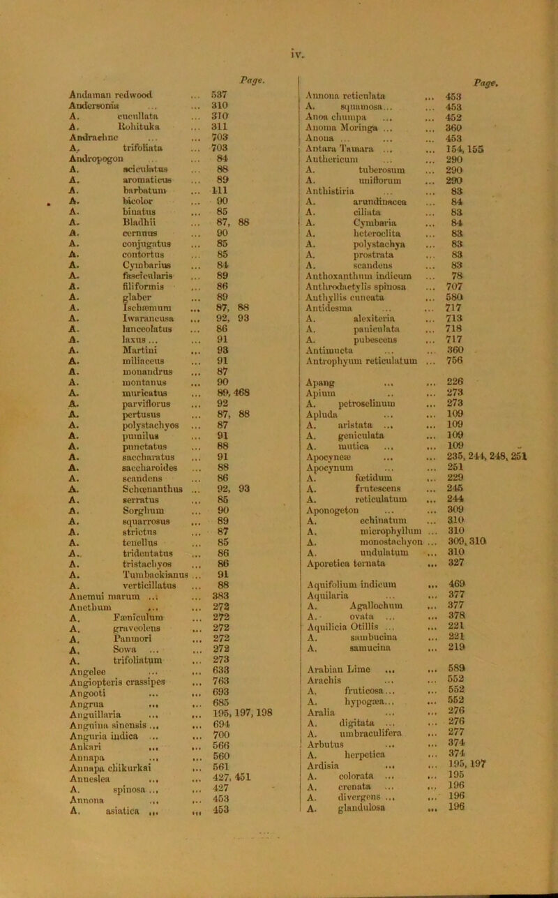 Page. Andaman redwood •.. r.37 Andersomu ,,, 310 A. cuenllata 310 A. liohituka 311 A mini clinc > • • 703 A. trifoliata 703 Andropogou 84 A. nci cubitus »• • 88 A. aromaticns 89 A. barbatum 111 A. bicolor 90 A. biuatus • • • 85 A. Bladhii . • • 87, 88 A. cernnns • • • 90 A. conjugatua 85 A. contortua 85 A. Cywbarius 84 A. fasetcularis • •» 89 A. filifonnis Jit 88 A. glabcr 89 A. Ischcenium 87, 88 A. Iwaraneusa 92, 93 A. lanceolatua 86 A. laxus ... • • . 91 A. Martini 93 A. miliacens 91 A. inouandrns 87 A. montnnus 90 A. muricatus «t. 89,468 A. parviflorus 92 A. pertusus 87, 88 A. polystacliyos 87 A. pumilua ... 91 A. punetatus 88 A. saccliaratus ,,, 91 A. saecharoides 88 A. scaudens 86 A. Schcenanthus ... 92, 93 A. sernitus 85 A. Sorglium 90 A. squarrosua 89 A. strictns • • • 87 A. tenellus 85 A. tridcntatns 86 A. tristacliyos 86 A. Tumbackianus 91 A. verticillatus 88 Anetnui marum ... ... 383 Anethum * » • 273 A. Famiculum ... 272 A. gravcoleus 272 A. Panmori 272 A. Sown 272 A. trifoliatum 273 Angelee ... ... 633 Angioptens crassipes ... 763 Angooti ... 693 Angrna • •• ... 685 Anguillnria ... 195, 197,198 Anguiua sinensis ... ... 694 Anguria Ludica ... ... 700 Anknri • •• 566 Annnpa ..i 560 Annnpa cbikurkai . • • 561 Anneslea • • • ... 427, 451 A. ppinosn ... 427 Annona • > • ... 453 A. asiatica 453 Page. Annona reticulata 453 A. squamosa... 453 Anoa ehunipa ... 452 Auoma Moringa ... 360 Anoua ... 453 Antara Tamara ... 154,155 Anthericum 290 A. tuberosum 290 A. uniftorum 290 Antliistiria 83 A. arundiimcea 84 A. ciliata 83 A. Cymbaria 84 A. heteroclita ... 83 A. polystachya 83 A. prostrata 83 A. scandens 83 Anthoxanthum indieum 78 Autkrodnetylis spiuosa 707 Autliyllis cuneata ... 580 Antidesuia 717 A. alexiteria 713 A, pauicnlata 718 A. pubescens 717 Antimucta 360 Antrophyum reticulatum ... 756 Apang ... ... 226 Apium 273 A. petroseliuuiu 273 Apluda 109 A. arlstnta ... ... 109 A. geniculata 109 A. mutica ... ... 109 Apocyneaj ... 235, 2 44, 248, 251 Apocynum 251 A. fcetidum ... 229 A. frutescens 245 A. reticulatum ... 244 Aponogeton 309 A. echiuatum 310 A. microphyllum ... 310 A. monostacliyon ... 309,310 A. uudulntum 310 Aporetlca teniata ... 327 Aquifolium indieum ... 469 Aquilnria ... ... 377 A. Agnllochum ... 377 A.- ovata ... ... 378 Aquilicia Otillis ... 221 A. sambucina 221 A. samucina ... 219 Arabian Lime ... ... 589 Arachis 552 A. fruticosa... ... 552 A. hypogtea... ... 552 Aralia ... ... 276 A. digitata ... 276 A. umbraculifera ... 277 Arbutus ... 374 A. herpeticn ... 374 Ardisia ... 195,197 A. colorata ... ... 195 A. crennta ... ... 196 A. divergens ... ... 196 A. glandulosa 196