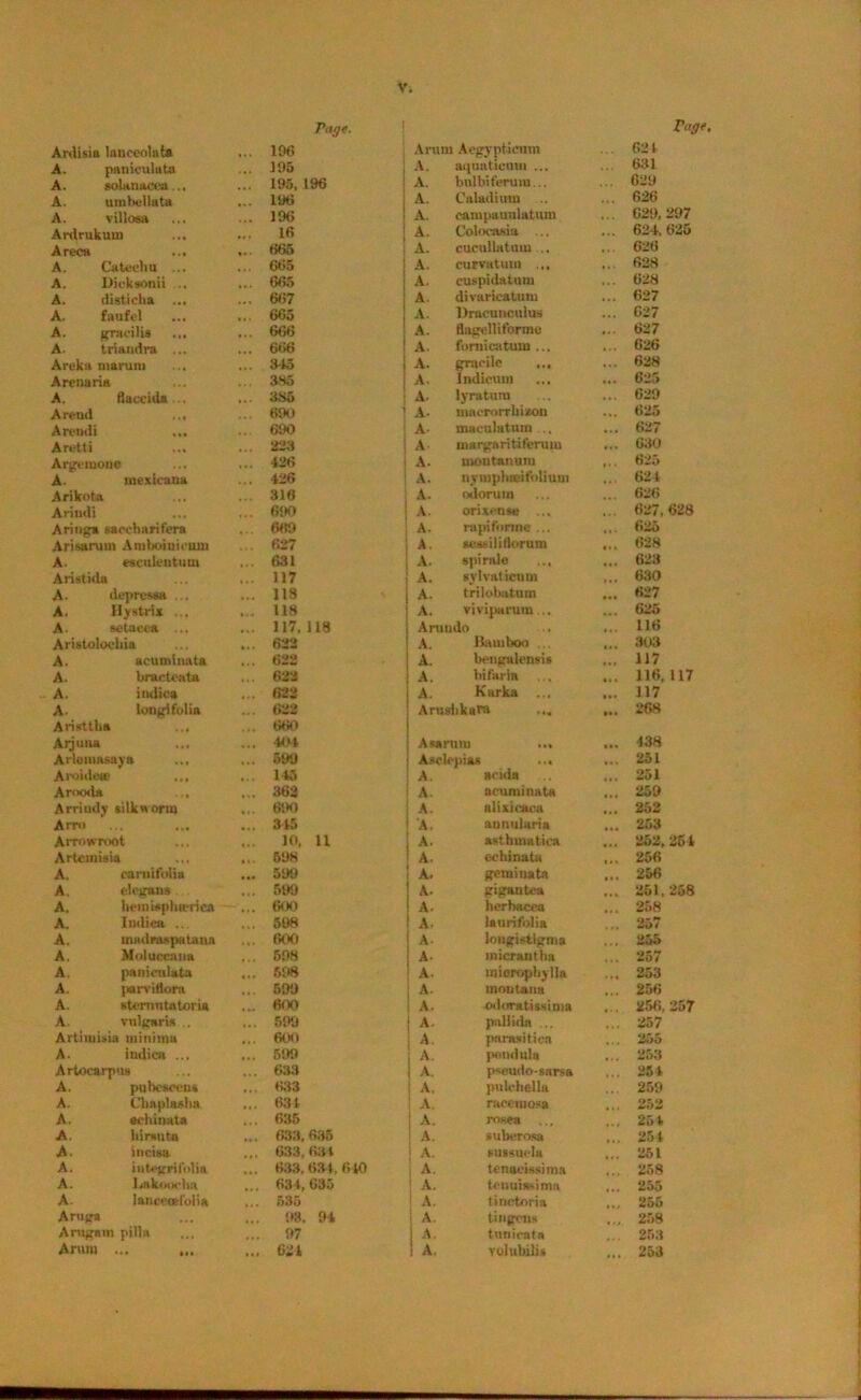 Tag'. Ardisia lanceolate ... 106 A. paniculate ... 195 A. solan&cca. ... 195, 196 A. umbellate ... 196 A. villosa ... 196 Ardrukum ... ... 16 Areca ... 665 A. Catechu ... ... 665 A. Dicksonii ... 665 A. disticha ... ... 667 A. faufel ... 665 A. gracilis ... 666 A. triandra ... ... 666 Areka tuaruni ... 345 Arenaria ... 385 A. flaccida .. ... 3S5 A rend ... 690 Arctidi ... 690 Aretti ... ... 323 Argcmoue ... 426 A. mexieana ... 426 Arikota ... 316 Ariudi ... 690 Aringa gaocharifera ... 669 Arisarum Aniboiuicum ... 627 A. esculentuin ... 631 Aristida ... 117 A. depress* ... 113 A. Hystrix ... ... 118 A. setaeea ... ... 117, 118 Aristolochia ... 622 A. acuminate ... 622 A. bracteata ... 622 A. indiea ... 622 A. long! folia 622 Aristtha .. 660 Aijuna ... ... 404 Aiiomasuya ... 599 Aroidese ... ... 145 Arooda , ... 362 Arriudy silkw orm ... 690 Arm ... 345 Arrowroot ... 10, 11 Artemisia ... 698 A, caruifoliii ... 599 A. elegans ... 599 A. hemispluerica ... 60) A. Indiea ... ... 598 A. madras patena ... 600 A. Moluccana ... 598 A. paniculate ... 698 A. parvidora ... 599 A. sternutetoria ... 600 A. vulgaris . ... 599 Artimisia minima ... 600 A. indiea ... ... 599 Artocarpus ... 633 A, pulicsccus ... 633 A. Cliaplashn ... 634 A. echinata ... 635 A. hirsute ... 633,635 A. incisn ... 633,631 A. integri folia ... 633.634,610 A. I.akoiM'ha ... 634,035 A- lanccmfolia ... 535 Aruga 98. 94 Arugam pilla ... 97 Vug'. Arum Aegyptiemn 621 A. aqunticnm ... 631 A. bulbiferum... 629 A. Culadium ... 626 A. campauulatum 629, 297 A. Colocasin ... 624, 625 A. cucnllatum .. 626 A. curvutum ... 628 A. cuspidatum 628 A divaricatum 627 A. Drncunculus C27 A. flagelliforme 627 A. fomieatum ... 626 A. grneile ... 628 A. Indieum 625 A. lyraturu 629 A. macro rrhizon 625 A maculatum .. 627 A margaritifcniiu 630 A. montanura 625 A. nymphieifolium 624 A. odorum 626 A orixense ... 627, 628 A. ra pi forme ... 625 A. sessili Horum 628 A. spirale 623 A. sylvaticum 630 A. trilobatum 627 A. viviparum .. 625 Arundo 116 A. Bamboo . 303 A. bengalenais 117 A. bifaria 116, 117 A. Karka ... 117 Arushkara ... 268 Asarum ... 438 Asclepias 251 A. anda 251 A. acuminate 259 A. nlixicaca 252 A. annuluria 253 A. asthmatica 252, 251 A. echinata 256 A. geminate 256 A. gigantca 251. 258 A. hcrbacca 258 A- laurifolia 257 A- longistlgma 255 A- micrautha 257 A. mioropbylla 253 A. montana 256 A. odoratissima 256, 257 A. pallida .. 257 A parasitica 255 A. pomlnla 258 A. pseudo-sarsa 254 A. pu lobelia 259 A. racemose 252 A. rosea ... 251 A. suberosa 251 A. sussuda 251 A. tenucissima 258 A. teuuis'ima 255 A. tinctoria 255 A tingons 258 A. tunicatn 253