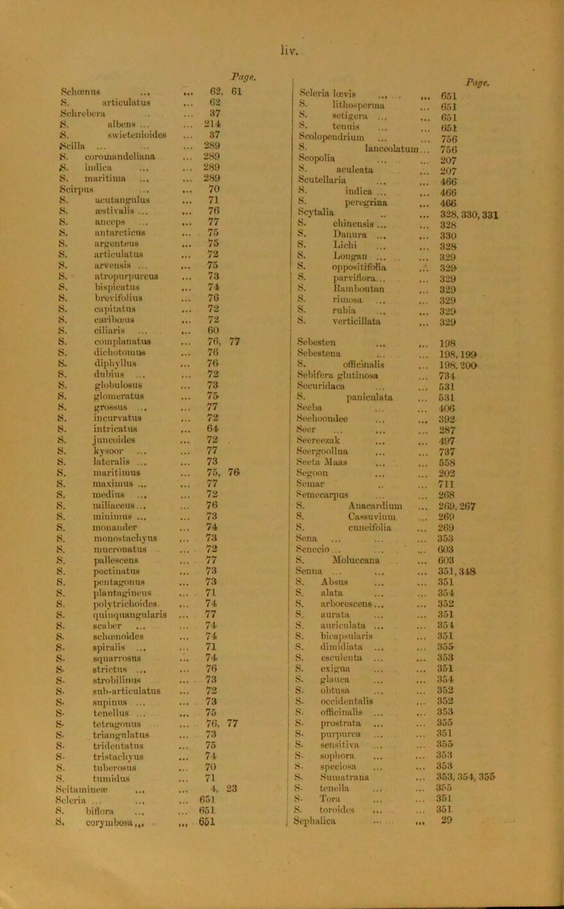 Page. Scbcenns • •• 62, 61 S. articulatus • •i 62 Schrebem • . 37 S. albens ... % • i 214 S. swietenioidcs • •« 37 Scilla ... ... 289 S. coroinandeliana • •• 289 S. indicu • • • 289 S. maritime ... IM 289 Scirpus »•« 70 S. acutangulus • • • 71 S. aestivalis ... ... 76 S. auceps • • * 77 S. antarctieus ... 75 S. argenteus 75 s. articulatus 72 s. arvensis ... • •• 75 s. atropurpureus 73 s. bispieatus 74 s. brevifolius • •• 76 s. capitatus ... 72 s. caribceus 72 s. ciliaris • • • 60 s. complanatus ... 76, 77 s. dicbotomus ,,, 76 s. diphyllus ... 76 s. dnbius ... 72 s. globulosus 73 s. glomeratus ... 75 s. gross us ... 77 s. incurvatus 72 s. intricatus 64 s. juncoides 72 s. kvsoor 77 s. latendis ... 73 s. maritiinus 75, 76 s. inaximus ... • • • 77 s. rnedins 72 s. milinceus... 76 s. minimus ... ... 73 s. monauder ... 74 s. monos taehyus 73 s. mucronatus • . • 72 s. pallescens 77 s. poctinatus 73 s. pcntagonus ... 73 s. plantagineus ... 71 s. polytrieboides ... 74 s. quinquangularis ... 77 s. scalier ... 74 s. scboenoides 74 s. spiralis ... ... 71 s. squarrosus 74 s- strictus ... 76 s. strobi linns ... 73 s. sub-articulatus 72 s- supinus ... 73 s- tenellus ... ... 75 s- tetragonus 76, 77 s. triangulatus ... 73 s. tridentatus ... 75 s. tristacliyus ... 74 s. tuberosus ... 70 s. tumidus ... 71 Scitainiue® ... 4, 23 Scleina ... ... 651 S. biflora . . . 651 S. corymbosa,,. Ml 651 1 , . Page. Scleria lccvis ... . ,,, 651 S. litbospcrma ... 651 S. setigera ... ... 651 S. tenuis 651 Scolopendrium 756 S. lanceolatum... 756 Seopolia 207 S. aeuleata 207 Scutellaria 466 S. indiea ... 466 S. peregrina 466 Scytalia 328,330,331 S. chineusis... 328 S. Daqura ... ... 330 S. Licbi 328 S. Lougan ... 329 S. oppositifofia 329 S. parviHora 329 S. Ilamboutnn 329 ! S. rimosa 329 S. rubia ... ... 329 S. verticillata ... 329 Sebesten ... ... 198 Sebestena ... 198.199 S. officinalis 198, 200 Sebifcru glutinosa 734 Securidaca 531 S. pauiculata 531 Seeba 406 Seeboondee ... ... 392 Seer 287 Seereczak ... 497 Seergoollua 737 Seeta Maas ... ... 558 Segoon 202 Semar 711 Semecarpus 268 S. Anacardium 269,267 S. Cassuviuui 260 S. cuneifolia 269 Sena 353 Senucio... 603 S. Moluccana 603 Senna ... 351,348 S. Absus 351 | S. alata 354 S. arborescens... 352 ! S. aurata 351 i S. auriculata ... 354 i S. bicapsularis 351 | S. dimidiate 355 | S. esculenta ... 353 j S. exigna 351 | S. glauca 354 | S. obtusa 352 j S. Occidentalis 352 1 S. officinalis ... 353 ; S- prostrata 355 [ S- purpurea ... 351 1 S- sensitive 355 S- sopbora 353 i S. speciosa 353 S' Suniatraua 353, 354, 355 S- tcnella 355 ! S' Tore ... 351 S. toroides ... 351 Scphalica ... 29