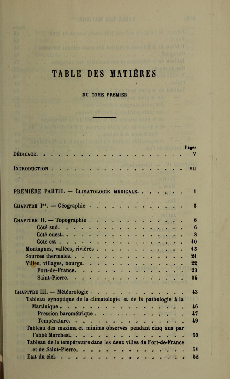 TABLE DES MATIÈRES t DU TOME PREMIER Pages Dédicace v Introduction vu PREMIERE PARTIE. — Climatologie médicale 1 Chapitre Ie*. — Géographie 3 Chapitre II. — Topographie 6 Côté sud 6 Côté ouest 8 Côté est 10 Montagnes, vallées, rivières 13 Sources thermales 21 Villes, villages, bourgs 22 Fort-de-France 23 Saint-Pierre 34 Chapitre III. —- Météorologie 43 Tableau synoptique de la climatologie et de la pathologie à la Martinique 46 Pression barométrique 47 Température 49 Tableau des maxima et minima observés pendant cinq ans par l’abbé Marchesi 50 Tableau de la température dans les deux villes de Fort-de-France et de Saint-Pierre. ........s 51 Etat du ciel. . . „ , 52