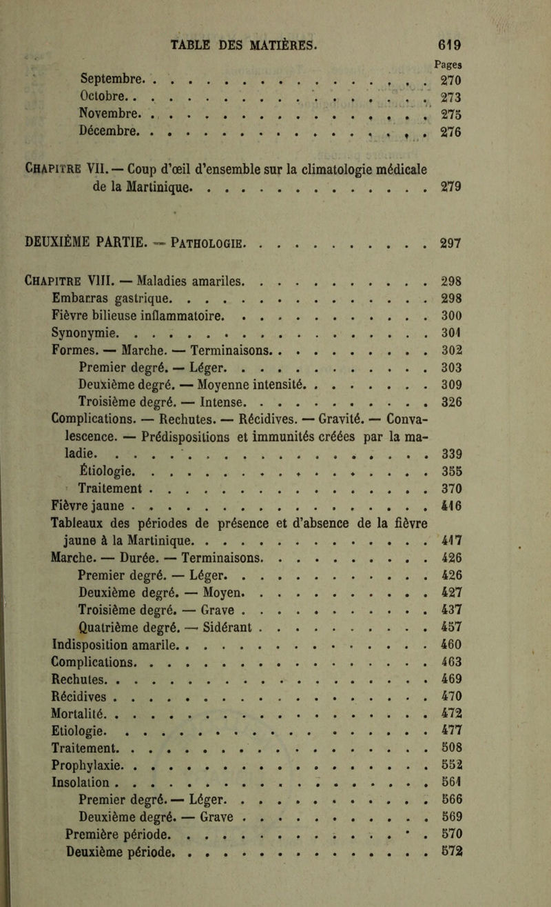 Pages Septembre 270 Octobre . 273 Novembre. 275 Décembre . 276 Chapitre Vil. — Coup d’œil d’ensemble sur la climatologie médicale de la Martinique 279 DEUXIÈME PARTIE. — PATHOLOGIE 297 Chapitre VIII. — Maladies amariles 298 Embarras gastrique 298 Fièvre bilieuse inflammatoire 300 Synonymie 301 Formes. — Marche. — Terminaisons 302 Premier degré. — Léger 303 Deuxième degré. — Moyenne intensité 309 Troisième degré. — Intense 326 Complications. — Rechutes. — Récidives. — Gravité. — Conva- lescence. — Prédispositions et immunités créées par la ma- ladie ' 339 Étiologie 355 * Traitement 370 Fièvre jaune 416 Tableaux des périodes de présence et d’absence de la fièvre jaune à la Martinique 417 Marche. — Durée. — Terminaisons 426 Premier degré. — Léger 426 Deuxième degré. — Moyen 427 Troisième degré. — Grave 437 Quatrième degré. — Sidérant 457 Indisposition amarile 460 Complications 463 Rechutes 469 Récidives 470 Mortalité 472 Etiologie 477 Traitement 508 Prophylaxie 552 Insolation 561 Premier degré. — Léger 566 Deuxième degré. — Grave 569 Première période * . 570 Deuxième période 572