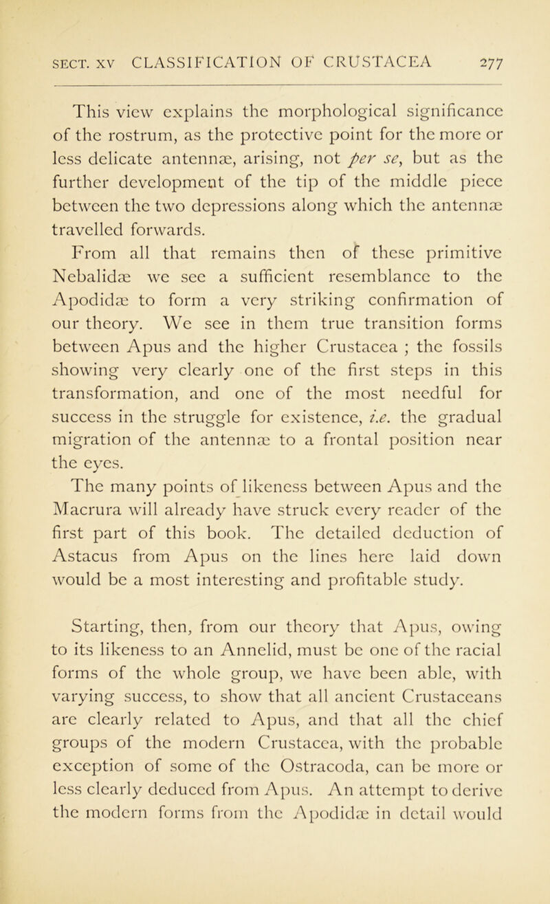 This view explains the morphological significance of the rostrum, as the protective point for the more or less delicate antennm, arising, not per se, but as the further development of the tip of the middle piece between the two depressions along which the antennae travelled forwards. From all that remains then of these primitive Nebalidai we sec a sufficient resemblance to the Apodidae to form a very striking confirmation of our theory. We see in them true transition forms between Apus and the higher Crustacea ; the fossils showing very clearly one of the first steps in this transformation, and one of the most needful for success in the struggle for existence, re. the gradual migration of the antenna: to a frontal position near the eyes. The many points of likeness between Apus and the Macrura will already have struck every reader of the first part of this book. The detailed deduction of Astacus from Apus on the lines here laid down would be a most interesting and profitable study. Starting, then, from our theory that Apus, owing to its likeness to an Annelid, must be one of the racial forms of the whole group, we have been able, with varying success, to show that all ancient Crustaceans arc clearly related to Apus, and that all the chief groups of the modern Crustacea, with the probable exception of some of the Ostracoda, can be more or less clearly deduced from Apus. An attempt to derive the modern forms from the vXpodidm in detail would