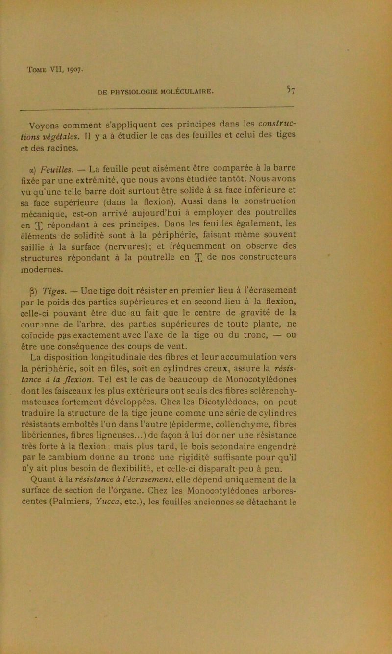 DE PHYSIOLOGIE MOLÉCULAIRE. 5? Voyons comment s’appliquent ces principes dans les construc- tions végétales. Il y a à étudier le cas des feuilles et celui des tiges et des racines. a) Feuilles. — La feuille peut aisément être comparée à la barre fixée par une extrémité, que nous avons étudiée tantôt. Nous avons vu qu'une telle barre doit surtout être solide à sa face inférieure et sa face supérieure (dans la flexion). Aussi dans la construction mécanique, est-on arrivé aujourd’hui à employer des poutrelles en X répondant à ces principes. Dans les feuilles également, les éléments de solidité sont à la périphérie, faisant même souvent saillie à la surface (nervures); et fréquemment on observe des structures répondant à la poutrelle en X de nos constructeurs modernes. j3) Tiges. — Une tige doit résister en premier lieu à l’écrasement par le poids des parties supérieures et en second lieu à la flexion, celle-ci pouvant être due au fait que le centre de gravité de la cour)nne de l’arbre, des parties supérieures de toute plante, ne coïncide p?s exactement avec l’axe de la tige ou du tronc, — ou être une conséquence des coups de vent. La disposition longitudinale des fibres et leur accumulation vers la périphérie, soit en files, soit en cylindres creux, assure la résis- tance à la flexion. Tel est le cas de beaucoup de Monocotylédones dont les faisceaux les plus extérieurs ont seuls des fibres sclérenchy- mateuses fortement développées. Chez les Dicotylédones, on peut traduire la structure de la tige jeune comme une série de cylindres résistants emboîtés l’un dans l’autre (épiderme, collenchyme, fibres libériennes, fibres ligneuses...) de façon à lui donner une résistance très forte à la flexion, mais plus tard, le bois secondaire engendré par le cambium donne au tronc une rigidité suffisante pour qu’il n’y ait plus besoin de flexibilité, et celle-ci disparaît peu à peu. Quant à la résistance à l'écrasement, elle dépend uniquement de la surface de section de l’organe. Chez les Monocotylédones arbores- centes (Palmiers, Yucca, etc.), les feuilles anciennes se détachant le
