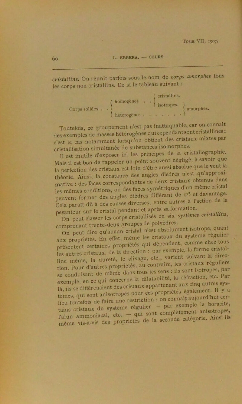 60 L. ERRERA. — COURS cristallins. On réunit parfois sous le nom de corps amorphes tous les corps non cristallins. De là le tableau suivant ; homogènes . . Corps solides . cristallins. isotropes. hétérogènes amorphes. Toutefois, ce groupement n'est pas inattaquable, car on connaît des exemples de masses hétérogènes qui cependant sont cristallines ; c'est le cas notamment lorsqu'on obtient des cristaux mixtes par cristallisation simultanée de substances isomorphes. 11 est inutile d’exposer ici les principes de la cristallographie. Mais il est bon de rappeler un point souvent négligé, a savoir que la perfection des cristaux est loin d’ètre aussi absolue que le veut la théorie. Ainsi, la constance des angles diedres n est qu approxi- mative : des faces correspondantes de deux cristaux obtenus dans fes mêmes conditions, ou des faces symétriques d'un même crisfel peuvent former des angles dièdres différant de o- ^t ^antag^ Cela paraît dû à des causes diverses, entre autres a 1 action de pesanteur sur le cristal pendant et après sa formation. On peut classer les corps cristallisés en six systèmes crtstallms, comprenant trente-deux groupes de polyèdres. On peut dire qu’aucun cristal n’est absolument isotrope quant au^propr étés. In effet, même les cristaux du système réguuer pLement certaines propriétés qui co-e ahe^ les autres cristaux, de la direction ; par exemple, la forme cristal ne même a dureté, le clivage, etc., varient suivant la direc- ôn Pour d'autres propriétés, au contraire, les cristaux réguliers e conduTsent de mine dans tous les sens : ils sont isotropes, pa exemple en ce qui concerne la dilatabilité, la réfraction, etc. Pa îà ils se différencient des cristaux appartenant aux cinq au re sys- tèmes qui sont anisotropes pour ces propriétés J lieu tomefois de faire une restriction : tains cristaux du système légu ,4,,„ent anisotropes, X“dè; ;^priét2s de la seconde catégorie. Ainsi ils