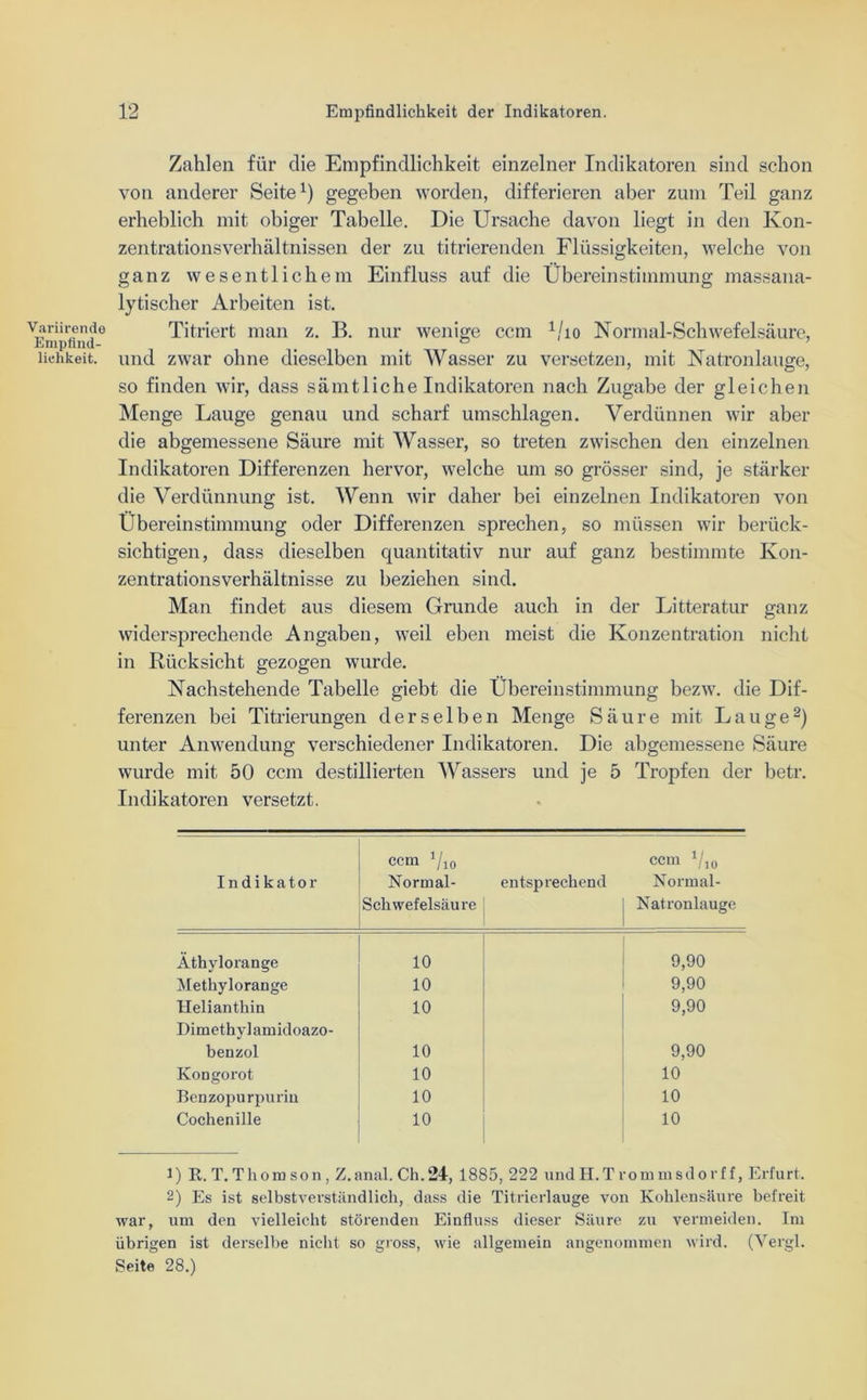 Variirende Empfind- lichkeit. Zahlen für die Empfindlichkeit einzelner Indikatoren sind schon von anderer Seite1) gegeben worden, differieren aber zum Teil ganz erheblich mit obiger Tabelle. Die Ursache davon liegt in den Kon- zentrationsverhältnissen der zu titrierenden Flüssigkeiten, welche von ganz wesentlichem Einfluss auf die Übereinstimmung massana- lytischer Arbeiten ist. Titriert man z. B. nur wenige ccm 1/io Normal-Schwefelsäure, und zwar ohne dieselben mit Wasser zu versetzen, mit Natronlauge, so finden wir, dass sämtliche Indikatoren nach Zugabe der gleichen Menge Lauge genau und scharf Umschlagen. Verdünnen wir aber die abgemessene Säure mit Wasser, so treten zwischen den einzelnen Indikatoren Differenzen hervor, welche um so grösser sind, je stärker die Verdünnung ist. Wenn wir daher bei einzelnen Indikatoren von Übereinstimmung oder Differenzen sprechen, so müssen wir berück- sichtigen, dass dieselben quantitativ nur auf ganz bestimmte Kon- zentrationsverhältnisse zu beziehen sind. Man findet aus diesem Grunde auch in der Litteratur ganz widersprechende Angaben, weil eben meist die Konzentration nicht in Rücksicht gezogen wurde. Nachstehende Tabelle giebt die Übereinstimmung bezw. die Dif- ferenzen bei Titrierungen derselben Menge Säure mit Lauge2) unter Anwendung verschiedener Indikatoren. Die abgemessene Säure wurde mit 50 ccm destillierten Wassers und je 5 Tropfen der betr. Indikatoren versetzt. Indikator ccm 1/1 o Normal- Schwefelsäure entsprechend ccm Vio Normal- Natronlauge Athylorange 10 9,90 Methylorange 10 9,90 Helianthin 10 9,90 Dimethylamidoazo- benzol 10 9,90 Kongo rot 10 10 Benzopurpurin 10 10 Cochenille 10 10 1) E.T.Thomson, Z.anal. Ch.24, 1885, 222 und H.T rommsdorf f, Erfurt. 2) Es ist selbstverständlich, dass die Titrierlauge von Kohlensäure befreit war, um den vielleicht störenden Einfluss dieser Säure zu vermeiden. Im übrigen ist derselbe nicht so gross, wie allgemein angenommen wird. (Vergl. Seite 28.)