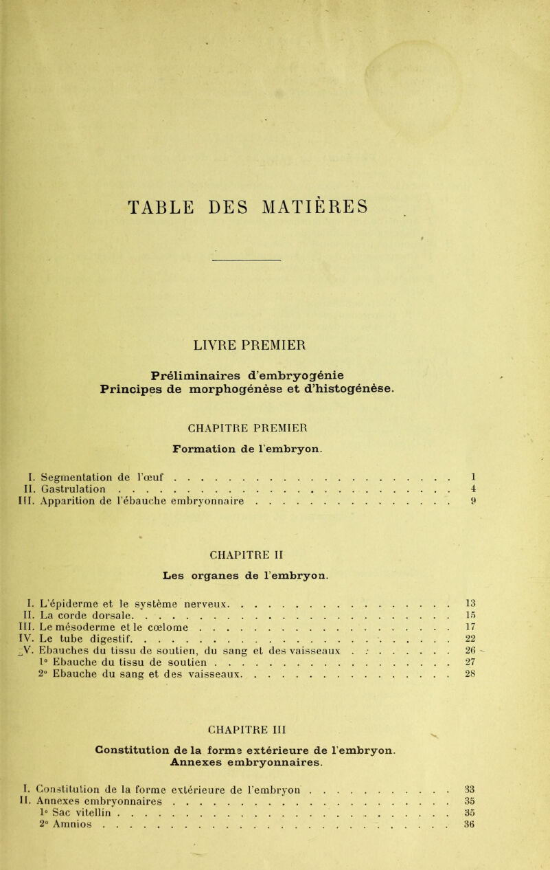 TABLE DES MATIÈRES LIVRE PREMIER Préliminaires d’embryogénie Principes de morphogénèse et d’histogénèse. CHAPITRE PREMIER Formation de l’embryon. I. Segmentation de l’œuf 1 II. Gastrulation 4 III. Apparition de l’ébauche embryonnaire 9 CHAPITRE II Les organes de l’embryon. I. L’épiderme et le système nerveux 13 II. La corde dorsale 15 III. Le mésoderme et le cœlome 17 IV. Le tube digestif 22 rV. Ebauches du tissu de soutien, du sang et des vaisseaux . 26 - 1° Ebauche du tissu de soutien 27 2° Ebauche du sang et des vaisseaux 28 CHAPITRE III Constitution delà forme extérieure de l’embryon. Annexes embryonnaires. I. Constitution de la forme extérieure de l’embryon 33 II. Annexes embryonnaires 35 1° Sac vitellin 35 2° Amnios 36