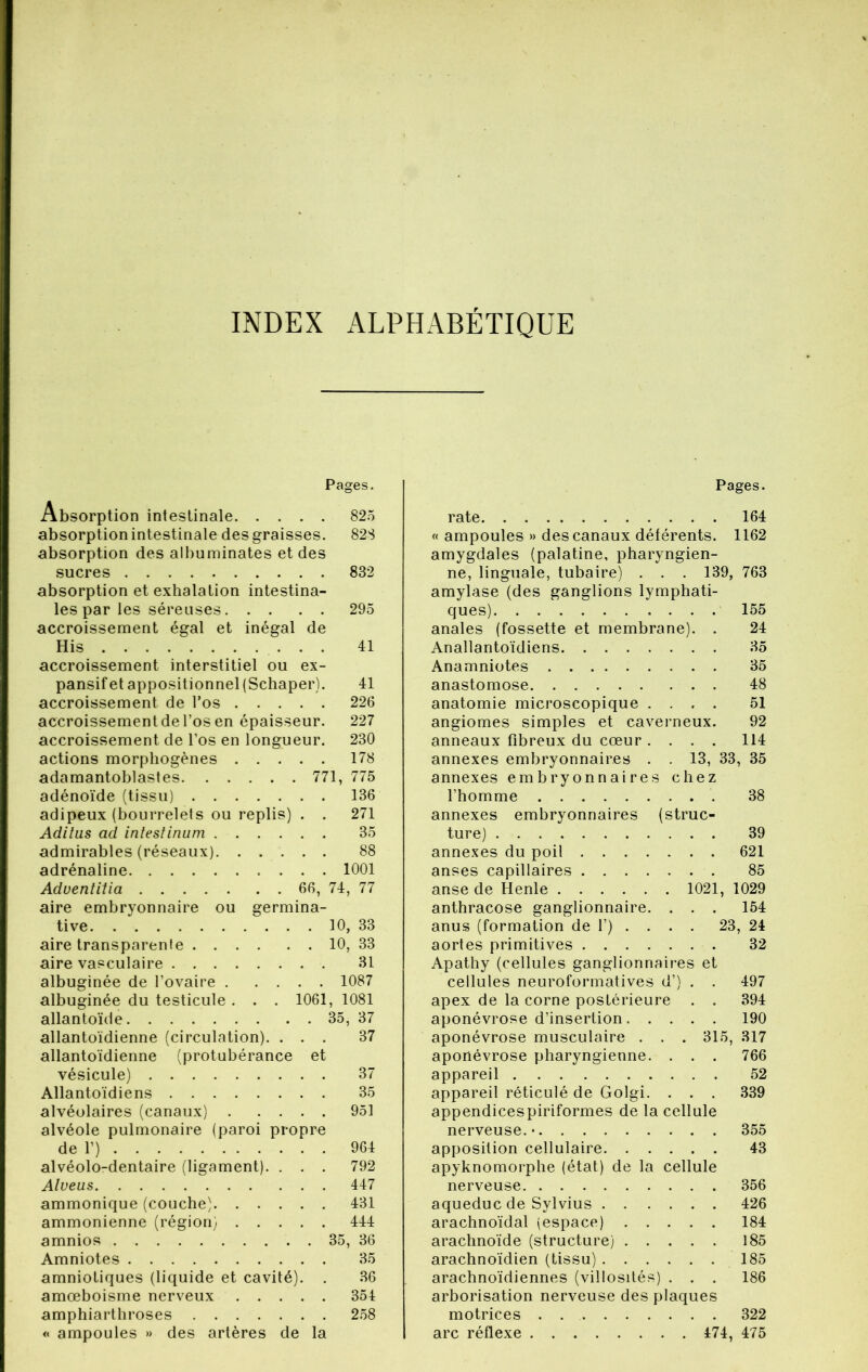 INDEX ALPHABETIQUE Pages. Absorption intestinale 825 absorption intestinale des graisses. 828 absorption des albuminates et des sucres 832 absorption et exhalation intestina- les par les séreuses 295 accroissement égal et inégal de His 41 accroissement interstitiel ou ex- pansif et appositionnel(Schaper). 41 accroissement de l’os 226 accroissement de l’os en épaisseur. 227 accroissement de l’os en longueur. 280 actions morphogènes 178 adamantoblastes 771, 775 adénoïde (tissu) 136 adipeux (bourrelets ou replis) . . 271 Aditus ad intestinum 35 admirables (réseaux) 88 adrénaline 1001 Aduentitia 66, 74, 77 aire embryonnaire ou germina- tive 10, 33 aire transparente 10, 33 aire vasculaire 31 albuginée de l’ovaire 1087 albuginée du testicule . . . 1061, 1081 allantoïde 35, 37 allantoïdienne (circulation). ... 37 allantoïdienne (protubérance et vésicule) 37 Allantoïdiens 35 alvéolaires (canaux) 951 alvéole pulmonaire (paroi propre de 1’) 964 alvéolo-dentaire (ligament). . . . 792 Alveus 447 ammonique (couche) 431 ammonienne (région) 444 amnios 35, 36 Amniotes 35 amniotiques (liquide et cavité). . 36 amœboisme nerveux 354 amphiarthroses 258 « ampoules » des artères de la Pages. rate 164 « ampoules » des canaux déférents. 1162 amygdales (palatine, pharyngien- ne, linguale, tubaire) . . . 139, 763 amylase (des ganglions lymphati- ques) 155 anales (fossette et membrane). . 24 Anallantoïdiens 35 Anamniotes 35 anastomose 48 anatomie microscopique .... 51 angiomes simples et caverneux. 92 anneaux fibreux du cœur .... 114 annexes embryonnaires . . 13, 33, 35 annexes embryonnaires chez l’homme 38 annexes embryonnaires (struc- ture) 39 annexes du poil 621 anses capillaires 85 anse de Henle 1021, 1029 anthracose ganglionnaire. . . . 154 anus (formation de 1’) . . . . 23, 24 aortes primitives 32 Apathy (cellules ganglionnaires et cellules neuroformatives d’) . . 497 apex de la corne postérieure . . 394 aponévrose d’insertion. .... 190 aponévrose musculaire . . . 315, 317 aponévrose pharyngienne. . . . 766 appareil 52 appareil réticulé de Golgi. . . . 339 appendicespiriformes de la cellule nerveuse.* 355 apposition cellulaire 43 apyknomorphe (état) de la cellule nerveuse 356 aqueduc de Sylvius 426 arachnoïdal (espace) 184 arachnoïde (structure) 185 arachnoïdien (tissu) 185 arachnoïdiennes (villosités) . . . 186 arborisation nerveuse des plaques motrices 322 arc réflexe 474, 475