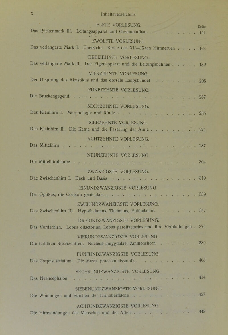 ELFTE VORLESUNG. Seite Das Rückenmark III. Leitungsapparat und Gesamtaufbau 141 ZWÖLFTE VORLESUNG. Das verlängerte Mark I. Übersicht. Kerne des XII—IXten Hirnnerven .... 164 DREIZEHNTE VORLESUNG. Das verlängerte Mark II. Der Eigenapparat und die Leitungsbahnen 182 VIERZEHNTE VORLESUNG. Der Ursprung des Akustikus und das dorsale Längsbündel 205 FÜNFZEHNTE VORLESUNG. Die Brückengegend 237 SECHZEHNTE VORLESUNG. Das Kleinhirn I. Morphologie und Rinde 255 SIEBZEHNTE VORLESUNG. Das Kleinhirn II. Die Kerne und die Faserung der Arme 271 ACHTZEHNTE VORLESUNG. Das Mittelhirn 287 NEUNZEHNTE VORLESUNG. Die Mittelhirnhaube 304 ZWANZIGSTE VORLESUNG. Dac Zwischenhirn I. Dach und Basis 319 EINUNDZWANZIGSTE VORLESUNG. Der Optikus, die Corpora geniculata . . . v 339 ZWEIUNDZWANZIGSTE VORLESUNG. Das Zwischenhirn III. Hypothalamus, Thalamus, Epithalamus ....... 347 DREIUNDZWANZIGSTE VORLESUNG. Das Vorderhirn. Lobus olfactorius, Lobus parolfactorius und ihre Verbindungen . 374 VIERUNDZWANZIGSTE VORLESUNG. Die tertiären Riechzentren. Nucleus amygdalae, Ammonshorn 389 FÜNFUNDZWANZIGSTE VORLESUNG. Das Corpus striatum. Die Massa praecommissuralis 403 SECHSUNDZWANZIGSTE VORLESUNG. Das Neencephalon 414 SIEBENUNDZWANZIGSTE VORLESUNG. Die Windungen und Furchen der Hirnoberfläche 427 ACHTUNDZWANZIGSTE VORLESUNG. Die Hirnwindungen des Menschen und der Affen 443