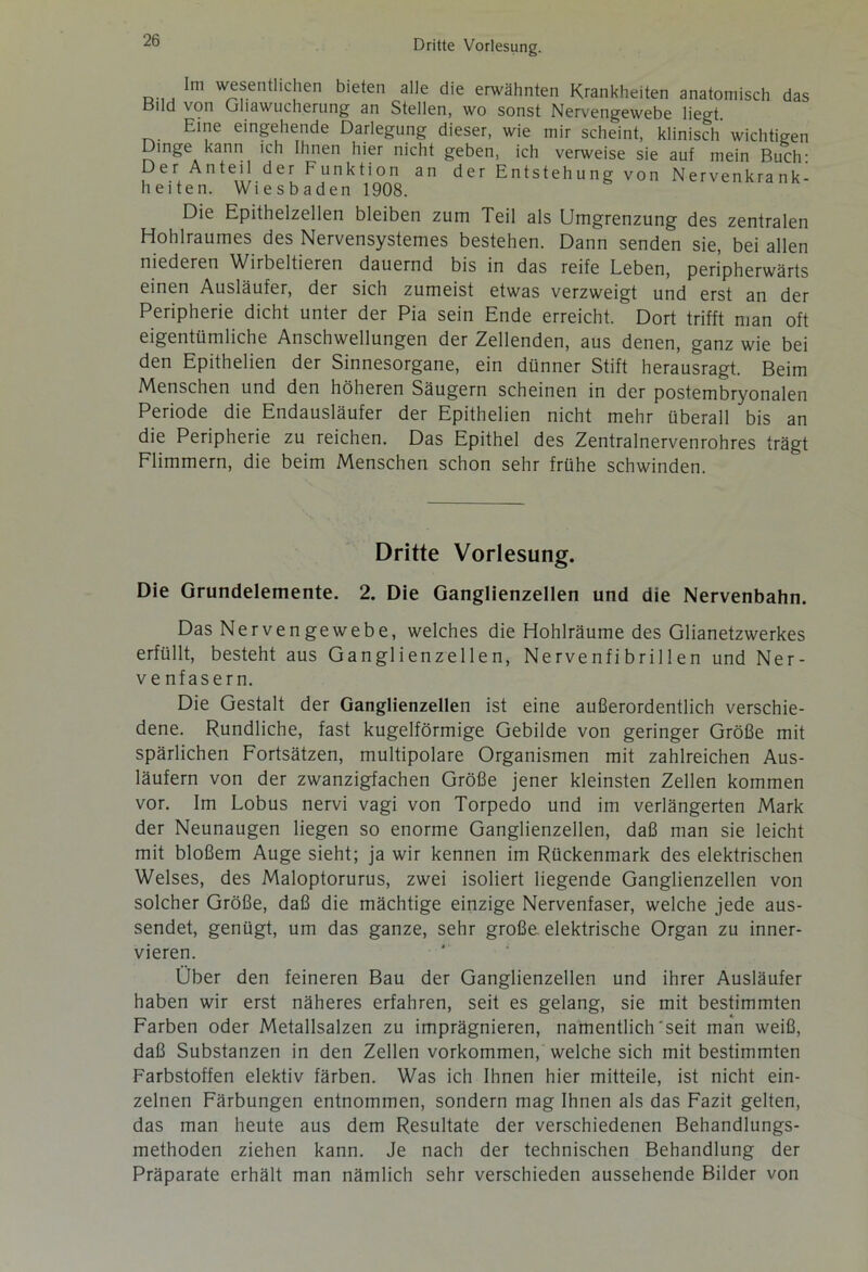 n Im wesentlichen bieten alle die erwähnten Krankheiten anatomisch das Bild von Gliawucherung an Stellen, wo sonst Nervengewebe liegt. Eine eingehende Darlegung dieser, wie mir scheint, klinisch wichtigen Dinge kann ich Ihnen hier nicht geben, ich verweise sie auf mein Buch: Der Anteil der Funktion an der Entstehung von Nervenkrank- heiten. Wiesbaden 1908. Die Epithelzellen bleiben zum Teil als Umgrenzung des zentralen Hohlraumes des Nervensystemes bestehen. Dann senden sie, bei allen niederen Wirbeltieren dauernd bis in das reife Leben, peripherwärts einen Ausläufer, der sich zumeist etwas verzweigt und erst an der Peripherie dicht unter der Pia sein Ende erreicht. Dort trifft man oft eigentümliche Anschwellungen der Zellenden, aus denen, ganz wie bei den Epithelien der Sinnesorgane, ein dünner Stift herausragt. Beim Menschen und den höheren Säugern scheinen in der postembryonalen Periode die Endausläufer der Epithelien nicht mehr überall bis an die Peripherie zu reichen. Das Epithel des Zentrainervenrohres trägt Flimmern, die beim Menschen schon sehr frühe schwinden. Dritte Vorlesung. Die Grundelemente. 2. Die Ganglienzellen und die Nervenbahn. Das Nervengewebe, welches die Hohlräume des Glianetzwerkes erfüllt, besteht aus Ganglienzellen, Nervenfibrillen und Ner- venfasern. Die Gestalt der Ganglienzellen ist eine außerordentlich verschie- dene. Rundliche, fast kugelförmige Gebilde von geringer Größe mit spärlichen Fortsätzen, multipolare Organismen mit zahlreichen Aus- läufern von der zwanzigfachen Größe jener kleinsten Zellen kommen vor. Im Lobus nervi vagi von Torpedo und im verlängerten Mark der Neunaugen liegen so enorme Ganglienzellen, daß man sie leicht mit bloßem Auge sieht; ja wir kennen im Rückenmark des elektrischen Welses, des Maloptorurus, zwei isoliert liegende Ganglienzellen von solcher Größe, daß die mächtige einzige Nervenfaser, welche jede aus- sendet, genügt, um das ganze, sehr große, elektrische Organ zu inner- vieren. Über den feineren Bau der Ganglienzellen und ihrer Ausläufer haben wir erst näheres erfahren, seit es gelang, sie mit bestimmten Farben oder Metallsalzen zu imprägnieren, namentlich'seit man weiß, daß Substanzen in den Zellen Vorkommen, welche sich mit bestimmten Farbstoffen elektiv färben. Was ich Ihnen hier mitteile, ist nicht ein- zelnen Färbungen entnommen, sondern mag Ihnen als das Fazit gelten, das man heute aus dem Resultate der verschiedenen Behandlungs- methoden ziehen kann. Je nach der technischen Behandlung der Präparate erhält man nämlich sehr verschieden aussehende Bilder von