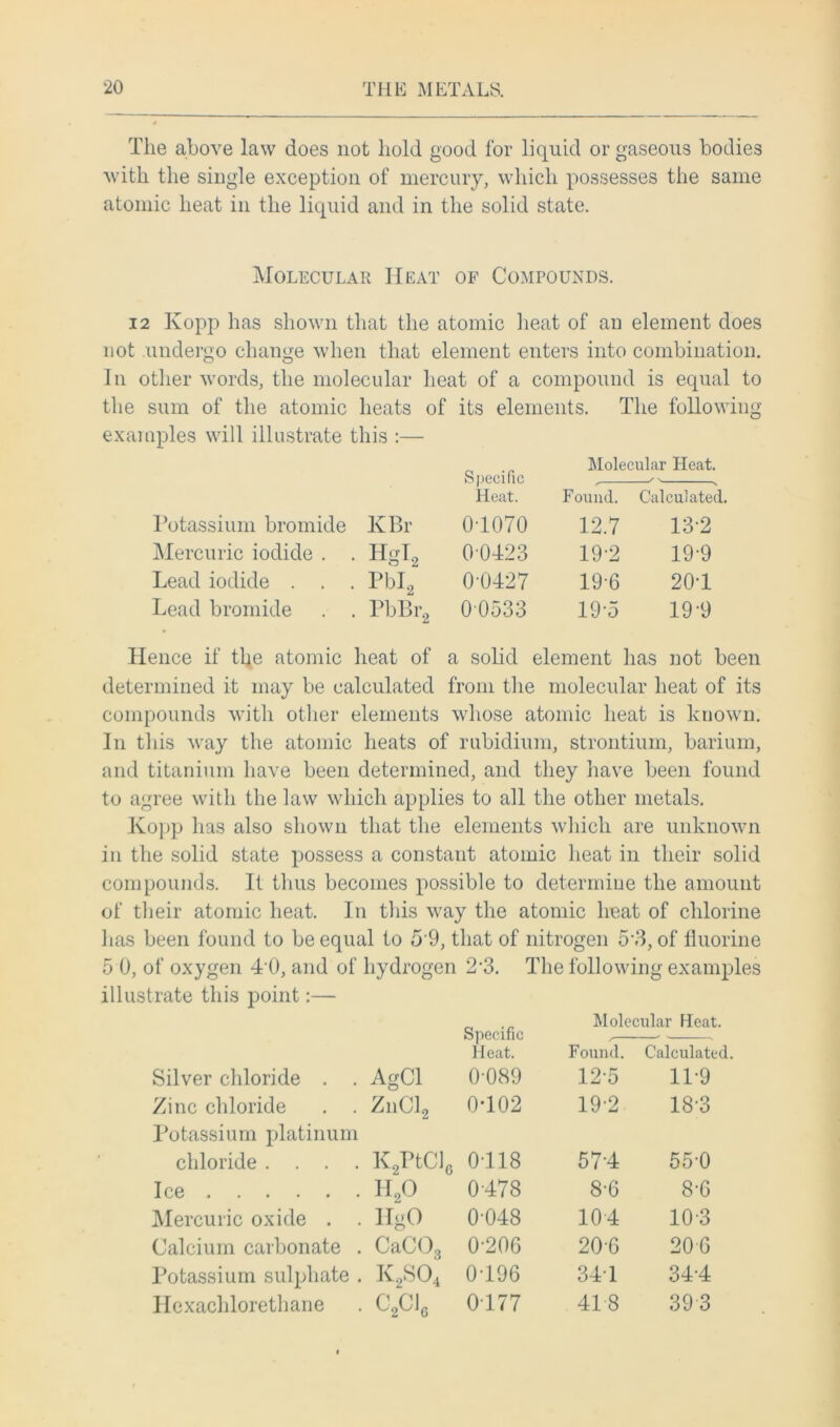 The above law does not hold good for liquid or gaseous bodies with the single exception of mercury, which possesses the same atomic heat in the liquid and in the solid state. Molecular Heat of Compounds. 12 Kopp has shown that the atomic heat of an element does not undergo change when that element enters into combination. In other words, the molecular heat of a compound is equal to the sum of the atomic heats of its elements. The following examples will illustrate this :— Specific Heat. Molecular Heat. ✓ ' N V Found. Calculated. Potassium bromide KBr 01070 12.7 13-2 Mercuric iodide . • Hgl2 00423 19-2 19-9 Lead iodide . . • Pbl2 0-0427 19-6 20-1 Lead bromide . PbBr2 0 0533 19-5 19-9 Hence if the atomic heat of a solid element has not been determined it may be calculated from the molecular heat of its compounds with other elements whose atomic heat is known. In this way the atomic heats of rubidium, strontium, barium, and titanium have been determined, and they have been found to agree with the law which applies to all the other metals. Kopp has also shown that the elements which are unknown in the solid state possess a constant atomic heat in their solid compounds. It thus becomes possible to determine the amount of their atomic heat. In this way the atomic heat of chlorine has been found to be equal to 5 9, that of nitrogen 5*3, of fluorine 5 0, of oxygen 4 0, and of hydrogen 2‘3. The following examples illustrate this point:— Silver chloride . . AgCl Specific Heat. 0-089 Molecular Heat. Found. Calculated. 12-5 11-9 Zinc chloride . . ZnCl2 0102 19-2 18-3 Potassium platinum chloride .... K2PtCl6 0118 57-4 550 Ice H20 0-478 8-6 8-6 Mercuric oxide . . HgO 0-048 104 10-3 Calcium carbonate . CaC03 0-206 20-6 206 Potassium sulphate . K2S04 0-196 34-1 34-4 Hexachlorethane . C2Clc 0177 418 393