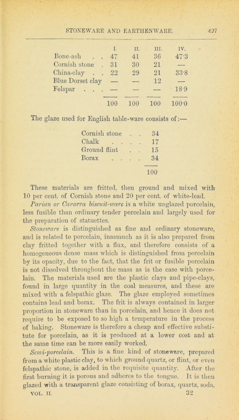 STONEWARE AND EARTHENWARE. A'J 7 I. ii. III. IV. Bone-ash . . 47 41 36 47-3 Cornish stone 31 30 21 — China-clay 22 29 21 33-8 Blue Dorset clay — — 12 — Felspar . . . — — — 18-9 100 100 100 100-0 The glaze used for English table-ware consists of:— Cornish stone . . 34 Chalk .... 17 Ground flint . . 15 Borax .... 34 100 These materials are fritted, then ground and mixed with 10 per cent, of Cornish stone and 20 per cent, of white-lead. Parian or Cararra biscuit-warc is a white unglazed porcelain, less fusible than ordinary tender porcelain and largely used for the preparation of statuettes. Stoneware is distinguished as fine and ordinary stoneware, and is related to porcelain, inasmuch as it is also prepared from clay fritted together with a flux, and therefore consists of a homogeneous dense mass which is distinguished from porcelain by its opacity, due to the fact, that the frit or fusible porcelain is not dissolved throughout the mass as is the case with porce- lain. The materials used are the plastic clays and pipe-clays, found in large quantity in the coal measures, and these are mixed with a felspathic glaze. The glaze employed sometimes contains lead and borax. The frit is always contained in larger proportion in stoneware than in porcelain, and hence it does not require to be exposed to so high a temperature in the process of baking. Stoneware is therefore a cheap and effective substi- tute for porcelain, as it is produced at a lower cost and at the same time can be more easily worked. Semi-porcelain. This is a fine kind of stoneware, prepared from a white plastic clay, to which ground quartz, or flint, or even felspathic stone, is added in the requisite quantity. After the first burning it is porous and adheres to the tongue. It is then glazed with a transparent glaze consisting of borax, quartz, soda, vol. ii. 32