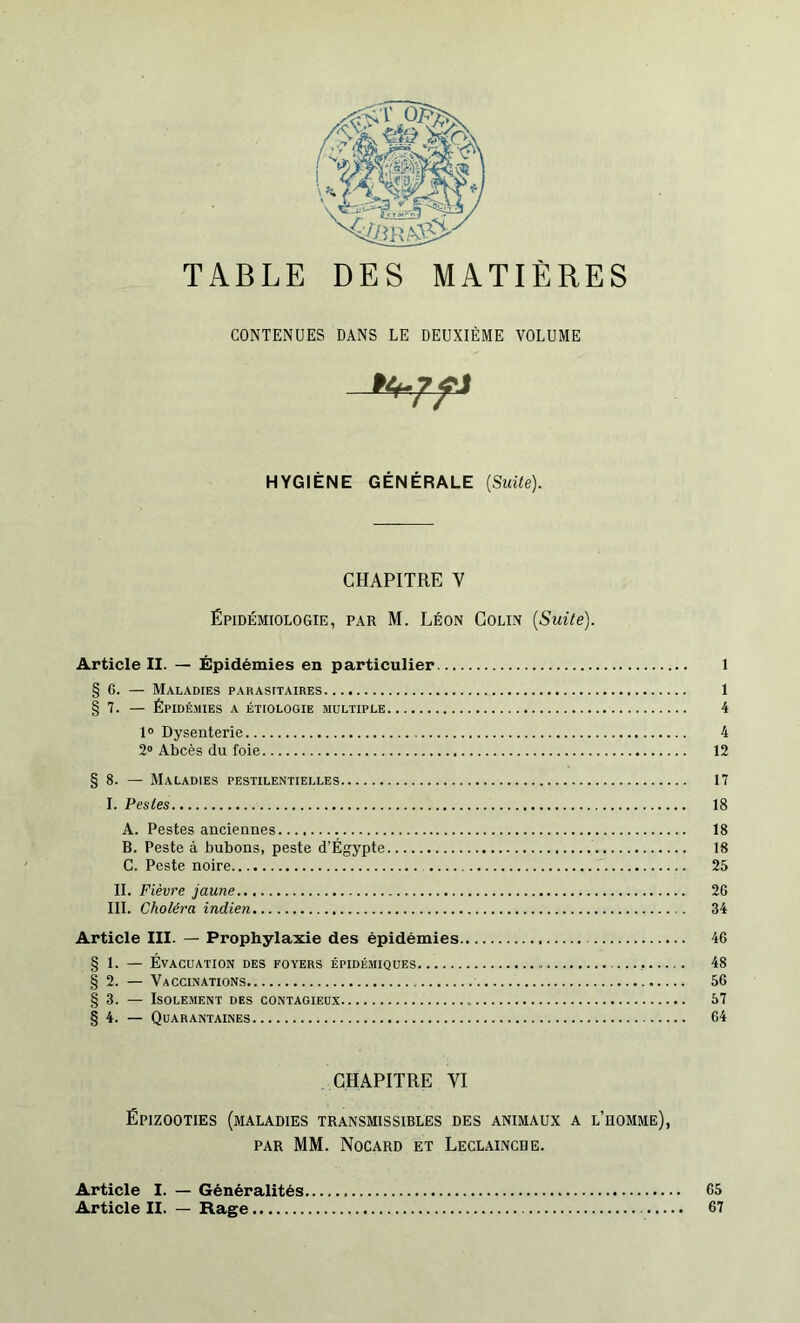 TABLE DES MATIÈRES CONTENUES DANS LE DEUXIÈME VOLUME HYGIÈNE GÉNÉRALE {Suite). CHAPITRE V Épidémiologie, par M. Léon Colin {Suite). Article II. — Épidémies en particulier 1 § G. — Maladies parasitaires 1 § 7. — Épidémies a étiologie multiple 4 1° Dysenterie 4 2° Abcès du foie 12 § 8. — Maladies pestilentielles 17 I. Pestes 18 A. Pestes anciennes 18 B. Peste à bubons, peste d’Égypte 18 C. Peste noire 25 IL Fièvre jaune 26 III. Choléra indien 34 Article III. — Prophylaxie des épidémies 46 § 1. — Évacuation des foyers épidémiques 48 § 2. — Vaccinations 56 § 3. — Isolement des contagieux . 57 § 4. — Quarantaines 64 CHAPITRE VI Épizooties (maladies transmissibles des animaux a l'homme), par MM. Nocard et Leclainche. Article I. — Généralités Article II. — Rage 65 67