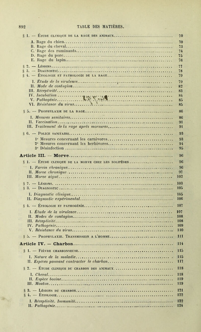 § 1. — Étude clinique de la rage des animaux, A. Rage du chien B. Rage du cheval C. 'Rage des ruminants D. Rage du porc E. Rage du lapin §2. — Lésions §3. — Diagnostic § 4. — Étiologie et pathologie de la rage.... I. Étude de la virulence 11. Mode de contagion . III. Réceptivité IV. Incubation V. Pathogénie VI. Résistance du virus. § 5. — Prophylaxie de la rage I. Mesures sanitaires II. Vaccination III. Traitement de la rage après morsures, § G. — Police sanitaire 1° Mesures concernant les carnivores. 2° Mesures concernant les herbivores. 3° Désinfection \ ' 70 70 73 74 75 76 77 78 79 79 82 83 84 85 85 86 86 91 91 93 93 94 95 Article III. — Morve 96 § 1. — Étude clinique de la morve chez les solipèdes 96 I. Farcin chronique 96 II. Morve chronique 97 III. Morve aiguë 102 § 2. — Lésions 103 § 3. — Diagnostic 105 I. Diagnostic clinique 105 IL Diagnostic expérimental 106 § 4. — Étiologie et PATHOGÉNiE 107 I. Étude de la virulence 107 IL Modes de contagion 108 III. Réceptivité 108 IV. Pathogénie 109 V. Résistance du virus 110 § 5. — Prophylaxie. Transmission a l’homme 111 Article IV. — Charbon 114 § 1. — Fièvre charbonneuse 115 I. Nature de la maladie 115 IL Espèces pouvant contracter le charbon 117 § 2. — Étude clinique du charbon des animaux 118 I. Cheval 118 IL Espèce bovine 119 III. Mouton 119 § 3. — Lésions du charbon 121 § 4. — Étiologie 122 I. Réceptivité. Immunité 122 IL Pathogénie 124