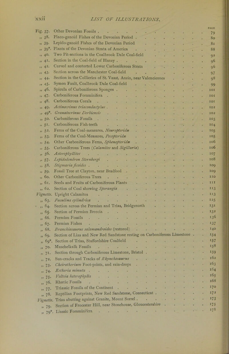 PAGE Fig. 37. Other Devonian Fossils 79 „ 38. Placo-ganoid Fishes of the Devonian Period 80 „ 39. Lepido-ganoid Fishes of the Devonian Period 81 » 39*- Plants of the Devonian Strata of America 88 „ 40. Two Pit-sections in the Coalbrook Dale Coal-field 92 „ 41. Section in the Coal-field of Blanzy 96 ,, 42. Curved and contorted Lower Carboniferous Strata 96 ,, 43. Section across the Manchester Coal-field 97 ,, 44. Section in the Collieries of St. Vaast, Anzin, near Valenciennes .... 98 „ 45. Symon Fault, Coalbrook Dale Coal-field 99 ,, 46. Spicula of Carboniferous Sponges 101 ,, 47. Carboniferous Foraminifera ........... 101 „ 48. Carboniferous Corals 101 ,, 49. Actinocrinus triacondactylus 102 „ 49*. Granatocrinus Dcrbiensis 102 ,, 50. Carboniferous Fossils ............ 103 „ 51. Carboniferous Fish-teeth 104 „ 52. Ferns of the Coal-measures, Neuropteridse 105 ,, 53. Ferns of the Coal-Measures, Pecopteridee 105 „ 54. Other Carboniferous Ferns, Sphenopteridx ........ 106 „ 55. Carboniferous Trees (Calamites and Sigillaria) . . . . . . .106 „ 56. Asterophyllites ............. 107 ,, 57. Lepidodendron Sternbergi . . . . . . . . . .108 „ 58. StigmariaJicoides ............. 109 ,, 59. Fossil Tree at Clayton, near Bradford . . . . . . . . .109 „ 60. Other Carboniferous Trees no „ 61. Seeds and Fruits of Carboniferous Plants . . . . . . . .111 „ 62. Section of Coal showing Sporangia n.3 Vignette. Upright Calamites . . . . . • . • • • • • 113 „ 63. Fusulina cylindrica ............ I25 - ,, 64. Section across the Permian and Trias, Bridgenorth ...... 131 „ 65. Section of Permian Breccia ........... 132 ,, 66. Permian Fossils ............. 13” „ 67. Permian Fishes J37 „ 68. Branchiosanrus salamandroides (restored) 140 ,,69. Section of Lias and New Red Sandstone resting on Carboniferous Limestone . . 154 „ 69*. Section of Trias, Staffordshire Coalfield ........ 15 7 ,, 70. Muschelkalk Fossils „ 71. Section through Carboniferous Limestone, Bristol . . . . • • • 1s9 ,, 72. Sun-cracks and Tracks of Rhynchosautiis . . . . . • - .162 i) 73- Cheirotherium Foot-prints, and rain-drops ........ 163 „ 74. Esthcria minnta lf)4 ,, 75. Voltzia heterophylla .....••••••• J^5 ,, 76. Rhrctic Fossils ^ „ 77. Triassic Fossils of the Continent I7° „ 78. Reptilian Footprints, New Red Sandstone, Connecticut ...... 172 Vignette. Trias abutting against Granite, Mount Sorrel J73 70. Section of Frocester Hill, near Stonehouse, Gloucestershire 175 „ 79*. Liassic Foraminifera