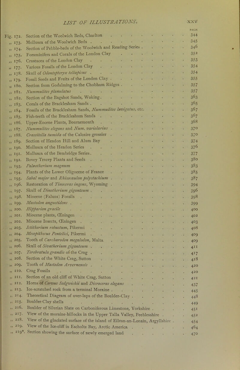 PAGF. Fig. 172. Section of the Woolwich Beds, Charlton ....•••• 344 „ 173. Mollusca of the Woolwich Beds „ 174. Section of Pebble-beds of the Woolwich and Reading Series 346 ,, 175. Foraminifers and Corals of the London Clay 352 ,, 176. Crustacea of the London Clay 353 „ 177. Various Fossils of the London Clay 354 ,,178. Skull of Odontopteiyx toliapicus 354 ,,179. Fossil Seeds and Fruits of the London Clay 355 „ 180. Section from Godaiming to the Chobham Ridges 357 „ 181. Nummulites planulatus 357 „ 182. Section of the Bagshot Sands, Woking 363 „ 183. Corals of the Bracldesham Sands 3^5 „ 184. Fossils of the Bracklesham Sands, Nummulites Ixviga/us, etc 367 „ 185. Fish-teeth of the Bracklesham Sands 3^7 „ 186. Upper-Eocene Plants, Bournemouth 368 ,,187. Nummulites clegans and Nutrt. variolaritts 370 „ 1S8. Crassitella tumida of the Calcaire grossier 370 ,, 1S9. Section of Ileadon Hill and Alum Bay ........ 374 ,, 190. Mollusca of the Headon Series .......... 376 ,, 191. Mollusca of the Bembridge Series. 377 „ 192. Bovey Tracey Plants and Seeds 380 ,, 193. Palsrothcrium magnum 383 ,, 194. Plants of the Lower Oligocene of France 385 ,, 195. Sabal major and Rhizocaulon polystachium ........ 387 „ 196. Restoration of Tinoccras ingens, Wyoming 394 „ 197. Skull of Dinotherium gigan taint 396 „ 198. Miocene (Faluns) Fossils . 398 ,, 199. Mastodon angustidens ............ 399 ,, 200. Hipparion gracile ............ 400 „ 201. Miocene plants, CEningen ........... 402 „ 202. Miocene Insects, CEningen 403 ,, 203. Ictitherium robustum, Pikermi .......... 408 ,, 204. Mcsopithccus Pcntelici, Pikermi .......... 409 „ 205. Tooth of Carcharodon mcgalodon, Malta 409 „ 206. Skull of Sivatherium giganteum .... . . . . . .411 „ 207. Terebratula grandis of the Crag . .417 ,, 208. Section of the White Crag, Sutton ......... 418 ,, 209. Tooth of Mastodon Arvcrnensis 420 „ 210. Crag Fossils 420 „ 2ii. Section of an old cliff of White Crag, Sutton 421 „ 212. Homs of Cervus Sedgwickii and Dicroccras clegans ...... 437 „ 213. Ice-scratched rock from a terminal Moraine 445 „ 214. Theoretical Diagram of over-laps of the Boulder-Clay 44S ,, 215. Boulder-Clay shells 445 „ 216. Boulder of Silurian Slate on Carboniferous Limestone, Yorkshire .... 451 ,, 217. View of the moraine-hillocks in the Upper Talla Valley, Peeblesshire . . 452 ,, 218. View of the glaciated surface of the island of Eilean-an-Lonain, Argyllshire . . 454 ,, 219. View of the Ice-cliff in Escholtz Bay, Arctic America ...... 464 ,, 219*. Section showing the surface of newly emerged land ...... 470
