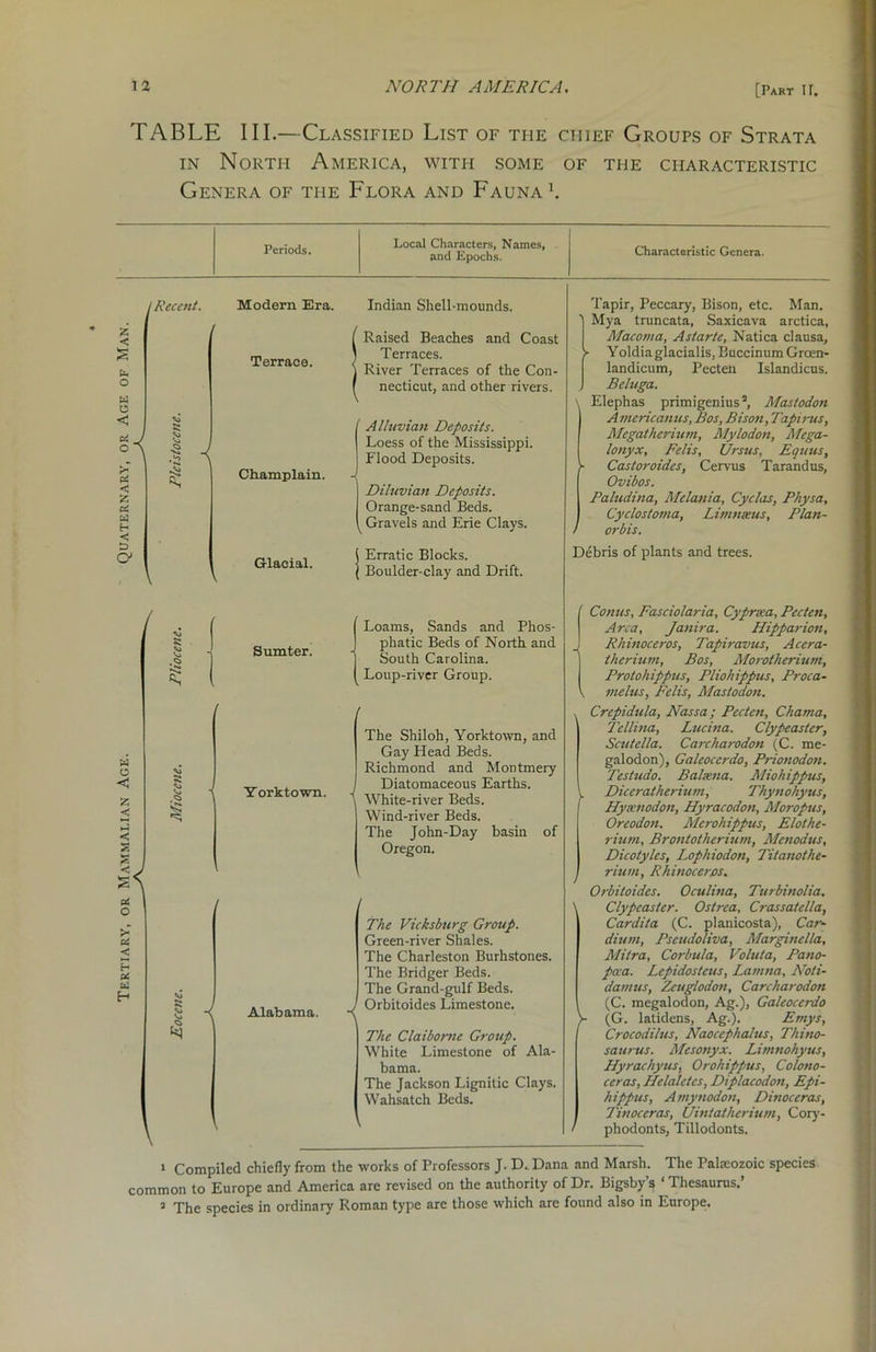 Tertiary, or Mammalian Age. Quaternary, or Age of Man. TABLE III.—Classified List of the chief Groups of Strata in North America, with some of the characteristic Recent. { \ Modern Era. Terrace. Champlain. Indian Shell-mounds. i Raised Beaches and Coast Terraces. River Terraces of the Con- necticut, and other rivers. ' Alluvian Deposits. Loess of the Mississippi. Flood Deposits. Diluvian Deposits. Orange-sand Beds. ^ Gravels and Erie Clays. Tapir, Peccary, Bison, etc. Man. Mya truncata, Saxicava arctica, Macoma, Astarte, Natica clausa, ► YoldiaglaciaIis,BuccinumGroen- landicum, Pecten Islandicus. Beluga. \ Elephas primigenius2, Mastodon A meric anus, Bos, Bison, Tapirus, Megatherium, Mylodon, Mega- lonyx, Felis, Ursus, Equus, i- Castor oides, Cervus Tarandus, Ovibos. Baludina, Melania, Cyclas, Physa, Cyclostoma, Limnseus, Plan- orbis. Glacial. ( Erratic Blocks. ( Boulder-clay and Drift. Debris of plants and trees. / . Loams, Sands and Phos- 1 Sumter. phatic Beds of North and South Carolina. - Loup-river Group. ' ( The Shiloh, Yorktown, and Miocene. Yorktowm. -. Gay Head Beds. Richmond and Montmery Diatomaceous Earths. White-river Beds. Wind-river Beds. The John-Day basin of . Oregon. / The Vicksburg Group. Green-river Shales. The Charleston Burhstones. The Bridger Beds. The Grand-gulf Beds. 1 \ Alabama. -< Orbitoides Limestone. l The Claiborne Group. White Limestone of Ala- f bama. The Jackson Lignitic Clays. Wahsatch Beds. i t Conus, Fasciolaria, Cypreea, Pecten, Area, Janira. Hipparion, Rhinoceros, Tapiravus, Acera- therium, Bos, Morotherium, Protohippus, Pliohippus, Proca- melus, Felis, Mastodon. Crepidula, Nassa; Pecten, Chama, Ttllina, Lucina. Clypeaster, Scutella. Carcharodon (C. me- galodon), Galeoccrdo, Prionodon. Tesiudo. Balxna. Miohippus, Diceratherium, Thynohyus, FTyxnodon, Hyracodon, Moropus, Oreodon. Merohipprus, Elothe- rium, Brontotherium, Menodus, Dicotyles, Lophiodon, Titanothe- rium, Rhinoceros. Orbitoides. Oculina, Turbinolia. Clypeaster. Ostrca, Crassatella, Cardita (C. planicosta), Car- diurn, Pseudoliva, Marginel/a, Mitra, Corbula, Voluta, Pano- ptxa. Lepidosteus, Lanina, Noli- damns, Zcuglodon, Carcharodon (C. megalodon, Ag.), Galeoccrdo (G. latidens, Ag.). Emys, Crocodilus, Naoccphalus, Thino- saurus. Mesonyx. Limnohyus, Hyrachyus, Orohippus, Colono- ceras, Hclalctcs, Diplacodon, Epi- hippus, Amynodon, Dinoccras, Tinoceras, Uintatherium, Cory- phodonts, Tillodonts. 1 Compiled chiefly from the works of Professors J. D. Dana and Marsh. The Palaeozoic species common to Europe and America are revised on the authority of Dr. Bigsby’s ‘ Thesaurus.’ 2 The species in ordinary Roman type are those which are found also in Europe.