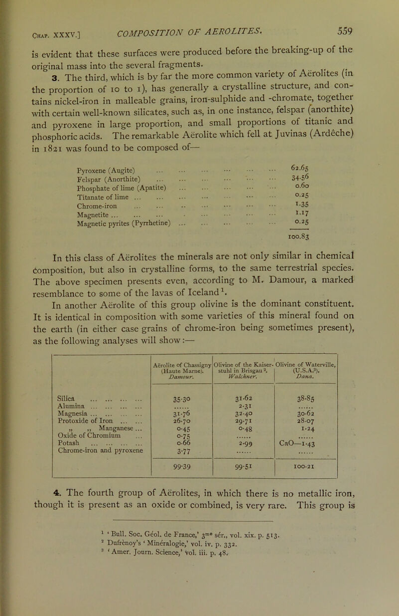 is evident that these surfaces were produced before the breaking-up of the original mass into the several fragments. 3. The third, which is by far the more common variety of Aerolites (in the proportion of 10 to i), has generally a crystalline structure, and con- tains nickel-iron in malleable grains, iron-sulphide and -chromate, togethei with certain well-known silicates, such as, in one instance, felspai (anorthite) and pyroxene in large proportion, and small proportions of titanic and phosphoric acids. The remarkable Aerolite which fell at Juvinas (Aideche) in 1821 was found to be composed of— Pyroxene (Augite) ... ••• 62.65 Felspar (Anorthite) ... ... ■ ■■ ••• ■■■ 34-56 Phosphate of lime (Apatite) °-6° Titanate of lime ... ... ... ••• ••• ••• °'25 Chrome-iron ... ... •• ••• ••• I-35 Magnetite ... ... ... • ••• ••• ••• 1-I7 Magnetic pyrites (Pyrrhetine) ... ... ... °-25 100.83 In this class of Aerolites the minerals are not only similar in chemical composition, but also in crystalline forms, to the same terrestrial species. The above specimen presents even, according to M. Damour, a marked resemblance to some of the lavas of Iceland1. In another Aerolite of this group olivine is the dominant constituent. It is identical in composition with some varieties of this mineral found on the earth (in either case grains of chrome-iron being sometimes present), as the following analyses will show:— Aerolite of Chassigny 1 Olivine of the Kaiser- Olivine of Waterville, (Haute Marne). stuhl in Brisgau a. (U.S.A.3). Damour. Walchner. Dana. Silica 3530 31.62 38-85 Alumina 2-31 Magnesia 31-76 32.40 30-62 Protoxide of Iron 26-70 29.71 28-07 „ ,, Manganese ... o-45 o-48 1-24 Oxide of Chromium o-75 Potash o-66 2-99 CaO—1-43 Chrome-iron and pyroxene 3-77 99-39 99-51 100-21 4. The fourth group of Aerolites, in which there is no metallic iron, though it is present as an oxide or combined, is very rare. This group is 1 ‘ Bull. Soc. Geol. de France,’ 3me ser„ vol. xix. p. 513. 2 Dufrenoy’s ‘ Mineralogie,’ vol. iv. p. 332. 3 ‘ Amer. Journ. Science,’ vol. iii. p. 48,