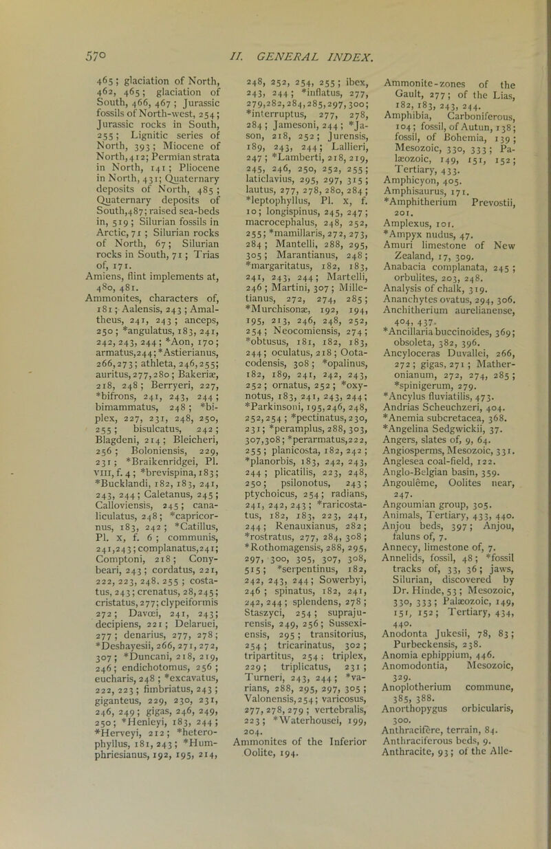 465 ; glaciation of North, 462, 465; glaciation of South, 466, 467 ; Jurassic fossils of North-west, 254; Jurassic rocks in South, 255; Lignitic series of North, 393; Miocene of North, 412; Permian strata in North, 141 ; Pliocene in North, 431; Quaternary deposits of North, 485 ; Quaternary deposits of South,487;raised sea-beds in, 519 ; Silurian fossils in Arctic, 71 ; Silurian rocks of North, 67; Silurian rocks in South, 71; Trias of, 171. Amiens, flint implements at, 480, 481. Ammonites, characters of, 181; Aalensis, 243 ; Amal- theus, 241, 243 ; anceps, 250 ; *angulatus, 183, 241, 242, 243, 244; *Aon, 170; armatus,244; *Astierianus, 266,273; athleta, 246,255; auritus, 277,280; Bakeriae, 218, 248; Berryeri, 227, *bifrons, 241, 243, 244; bimammatus, 248; *bi- plex, 227, 231, 248, 250, 255; bisulcatus, 242; Blagdeni, 214; Bleicheri, 256 ; Boloniensis, 229, 231; *Braikenridgei, PL viix, f. 4; *brevispina, 183; ♦Bucklandi, 182, 183, 241, 243, 244; Caletanus, 245; Calloviensis, 245; cana- liculatus, 248; *capricor- nus, 183, 242 ; *Catillus, PI. x, f. 6 ; communis, 241,243; complanatus,24i; Comptoni, 218; Cony- beari, 243; cordatus, 221, 222, 223, 248. 255 ; costa- tus, 243; crenatus, 28,245; cristatus, 277; clypeiformis 272; Davcei, 241, 243; decipiens, 221; Delaruei, 277; denarius, 277, 278; ♦Desbayesii, 266, 271, 272, 307; *I)uneani, 218, 219, 246; endichotomus, 256; eucharis, 248 ; *excavatus, 222, 223 ; fimbriatus, 243 ; giganteus, 229, 230, 231, 246, 249; gigas, 246, 249, 250; *Henleyi, 183, 244; *Herveyi, 212; *hetero- phyllus, 181,243; *Hum- phriesianus, 192, 195, 214, 248, 252, 254, 255 ; ibex, 243. 244; *inflatus, 277, 279,282,284,285,297,300; *interruptus, 277, 278, 284; Jamesoni, 244 ; *ja- son, 218, 252; Jurensis, 189, 243, 244; Lallieri, 247 ; *Lamberti, 218, 219, 245, 246, 250, 252, 255; laticlavius, 295, 297, 315; lautus, 277, 278, 280, 284; ♦leptophyllus, PI. x, f. 10; longispinus, 245, 247; macrocephalus, 248, 252, 255; *mami!laris, 272, 273, 284 ; Mantelli, 288, 295, 305 ; Marantianus, 248 ; *margaritatus, 182, 183, 241, 243, 244; Martelli, 246 ; Martini, 307 ; Mille- tianus, 272, 274, 285; ♦Murchisonae, 192, 194, 195, 213, 246, 248, 252, 254; Neocomiensis, 274; ♦obtusus, 181, 182, 183, 244; oculatus, 218; Oota- codensis, 308 ; *opalinus, 182, 189, 241, 242, 243, 252; ornatus, 252; *oxy- notus, 183, 241, 243, 244; *Parkinsoni, 195,246, 248, 252,254; *pectinatus, 230, 231; *peramplus, 288, 303, 307,308; *perarmatus,2 2 2, 255 » planicosta, 182, 242 ; *planorbis, 183, 242, 243, 244 ; plicatilis, 223, 248, 250; psilonotus, 243; ptychoicus, 254; radians, 241, 242, 243 ; *raricosta- tus, 182, 183, 223, 241, 244; Renauxianus, 282; *rostratus, 277, 284, 308; *Rothomagensis, 288, 295, 297, 300, 305, 307, 308, 515; *serpentinus, 182, 242, 243, 244; Sowerbyi, 246 ; spinatus, 182, 241, 242,244; splendens, 278; Staszyci, 254; supraju- rensis, 249, 256; Sussexi- ensis, 295; transitorius, 254 ; tricarinatus, 302 ; tripartitus, 254; triplex, 229; triplicatus, 231; Turneri, 243, 244; *va- rians, 288, 295, 297, 305 ; Valonensis,2 54; varicosus, 277,278,279; vertebralis, 223; *Waterhousei, 199, 204. Ammonites of the Inferior Oolite, 194. Ammonite-zones of the Gault, 277; of the Lias, 182, 183, 243, 244. Amphibia, Carboniferous, 104; fossil, of Autun, 138; fossil, of Bohemia, 139; Mesozoic, 330, 333; Pa- la;ozoic, 149, 151, 152; Tertiary, 433. Amphicyon, 405. Amphisaurus, 171. ♦Amphitherium Prevostii, 201. Amplexus, ior. *Ampyx nudus, 47. Amuri limestone of New Zealand, 17, 309. Anabacia complanata, 245 ; orbulites, 203, 248. Analysis of chalk, 319. Ananchytes ovatus, 294, 306. Anchitherium aurelianense, 404, 437- *Ancillariabuccinoides, 369; obsoleta, 382, 396. Ancyloceras Duvallei, 266, 272 ; gigas, 271 ; Mather- onianum, 272, 274, 285 ; *spinigerum, 279. *Ancylus fluviatilis, 473. Andrias Scheuchzeri, 404. ♦Anemia subcretacea, 368. ♦Angelina Sedgwickii, 37. Angers, slates of, 9, 64. Angiosperms, Mesozoic, 331. Anglesea coal-field, 122. Anglo-Belgian basin, 359. Angouleme, Oolites near, 247. Angoumian group, 305. Animals, Tertiary, 433, 440. Anjou beds, 397; Anjou, faluns of, 7. Annecy, limestone of, 7. Annelids, fossil, 48; *fossil tracks of, 33, 36; jaws, Silurian, discovered by Dr. Hinde, 53 ; Mesozoic, 330, 333 ! Palaeozoic, 149, i5», 152; Tertiary, 434, 44°. Anodonta Jukesii, 78, 83; Purbeckensis, 238. Anomia ephippium, 446. Anomodontia, Mesozoic, 329. Anoplotherium commune, 385, 388. Anorthopygus orbicularis, 300. Anthracifere, terrain, 84. Anthraciferous beds, 9. Anthracite, 93; of the Alle-