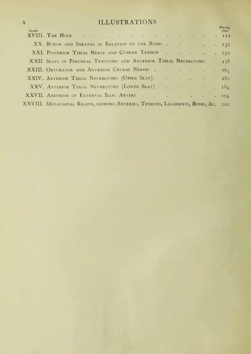 Facing plate i>age XVIII. The Hock 112 XX. Bursae and Sheaths in Relation to the Bones . . . .132 XXI. Posterior Tibial Nerve and Cunean Tendon 152 XXII. Seats of Peroneal Tenotomy and Anterior Tibial Neurectomy . 156 XXIII. Obturator and Anterior Crural Nerves i62 XXIV. Anterior Tibial Neurectomy (Upper Seat) 182 XXV. Anterior Tibial Neurectomy (Lower Seat) 184 XXVII. Aneurism of External Iliac Artery . . . . . -194 XXVIII. Metatarsal Region, showing Arteries, Tendons, Ligaments, Bones, &c. 200