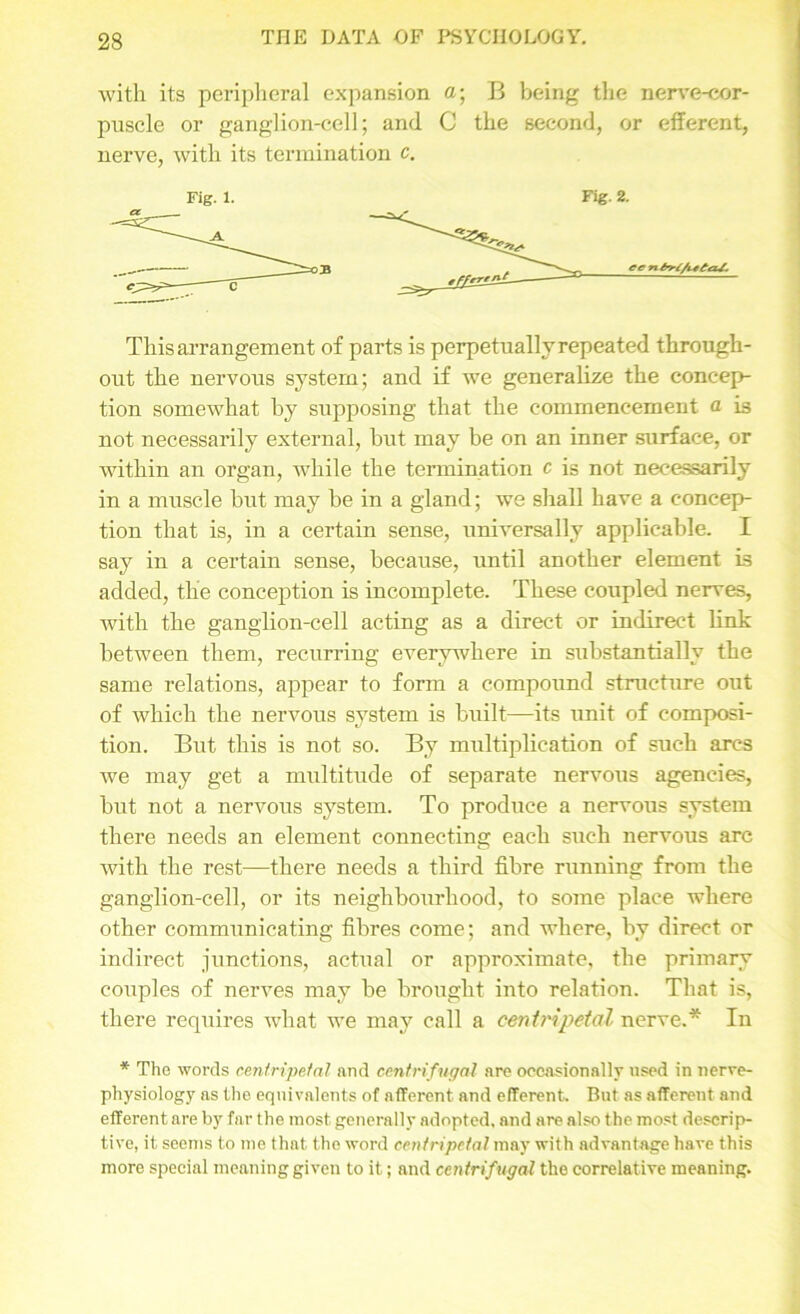 with its peripheral expansion a; B being the nerve-cor- puscle or ganglion-cell; and C the second, or efferent, nerve, with its termination c. Fig. 1. Fig. 2. This arrangement of parts is perpetually repeated through- out the nervous system; and if we generalize the concep- tion somewhat by supposing that the commencement a is not necessarily external, but may be on an inner surface, or within an organ, while the termination c is not necessarily in a muscle but may be in a gland; we shall have a concep- tion that is, in a certain sense, universally applicable. I say in a certain sense, because, until another element is added, the conception is incomplete. These coupled nerves, with the ganglion-cell acting as a direct or indirect link between them, recurring everywhere in substantially the same relations, appear to form a compound structure out of which the nervous system is built—its unit of composi- tion. But this is not so. By multiplication of such arcs we may get a multitude of separate nervous agencies, but not a nervous system. To produce a nervous system there needs an element connecting each such nervous arc Avith the rest—there needs a third fibre running from the ganglion-cell, or its neighbourhood, to some place where other communicating fibres come; and where, by direct or indirect junctions, actual or approximate, the primary couples of nerves may be brought into relation. That is, there requires what we may call a centripetal nerve.* In * The words centripetal and centrifugal are occasionally used in nerve- physiology as the equivalents of afferent and efferent. But as afferent and efferent are by far the most generally adopted, and are also the most descrip- tive, it seems to me that the word centripetal may with advantage have this more special meaning given to it; and centrifugal the correlative meaning.