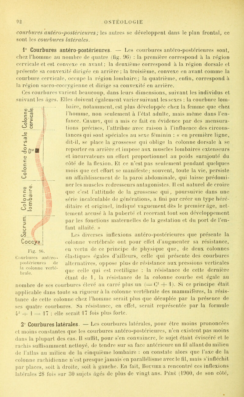 courbures mitéro-poslérieicres; les autres se développent dans le plan frontal, ce sont les courbures latérales. Courbures antéro-postérieures. — Les courbures antéro-postérieures sont, chez l’homme au nombre de quatre (fig. 96) : la première correspond à la région cervicale et est convexe en avant; la deuxième correspond à la région dorsale et présente sa convexité dirigée en arrière ; la troisième, convexe en avant comme la courbure cervicale, occupe la région lombaire; la quatrième, enfin, correspond à la région sacro-cocc3^gienne et dirige sa convexité en arrière. Ces courbures varient beaucoup, dans leurs dimensions, suivant les individus et suivant les âges. Elles doivent également varier suivant les sexes : la courbure lom- baire, notamment, est plus développée chez la femme que chez l’homme, non seulement à l’état adulte, mais même dans l’en- fance. Charpy, qui a mis ce fait en évidence par des mensura- tions précises, l’attribue avec raison à l’influence des circons- tances qui sont spéciales au sexe féminin : « en première ligne, dit-il, se place la grossesse qui oblige la colonne dorsale à se reporter en arrière.et impose aux muscles lombaires extenseurs et incLirvateurs un effort proportionnel au poids surajouté du côté de la flexion. Et ce n’est pas seulement pendant quelques mois que cet effort se manifeste; souvent, toute la vie, persiste un affaiblissement de la paroi abdominale, qui laisse prédomi- ner les muscles redresseurs antagonistes. Il est naturel de croire que c’est l’attitude de la grossesse qui, poui-suivie dans une série incalculable de générations, a fini par créer un type héré- ditaire et originel, indiqué vaguement dès le premier âge, net- tement accusé à la puberté et recevant tout son développement par les fonctions maternelles de la gestation et du port de l’en- fant allaité. » Les diverses inflexions antéro-postérieures que présente la colonne vertébrale ont pour effet d’augmenter sa résistance, eu vertu de ce principe de physique que, de deux colonnes élastiques égales d’ailleurs, celle qui présente des courbures alternatives, oppose plus de résistance aux pressions verticales que celle qui est rectiligne : la résistance de cette dernière étant de 1, la résistance de la colonne courbe est égale au nombre de ses courbures élevé au carré plus un (=: -f- '!)• Si ce principe était applicable dans toute sa rigueur à la colonne vertébrale des mammifères, la résis- tance de cette colonne chez l’homme serait plus que décuplée par la présence de ses quatre courhures. Sa résistance, en effet, serait représentée par la formule 4“ 1 17 : elle serait 17 fois plus forte. 2^ Courbures latérales. — Les courhures latérales, pour être moins prononcées et moins constantes que les courbures antéro-postérieures, n’en existent pas moins dans la plupart des cas. 11 suffit, pour s’en convaincre, le sujet étant éviscéré et le rachis suffisamment nettoyé, de tendre sur sa face antérieure un fil allant du milieu de l’atlas au milieu de la cinquième lombaire : on constate alors que l’axe de la colonne rachidienne n’est presque jamais en parallélisme avec le fil, mais s’infléchit par places, soit à droite, soit à gauche. En fait, Bouvier a rencontré ces inflexions latérales -28 fois sur 30 sujets âgés de plus de vingt ans. Péré (1900, de son côté. CD <D C CO C O O '5 CJ> ü 03 -§D''’a  Il % C. WJ, jO O O o> c4: c CD O-Û E CJ) O 3 -.i C_ O CD oo Fig. 96. Courbures antéro- postérieures de la colonne verté- brale.