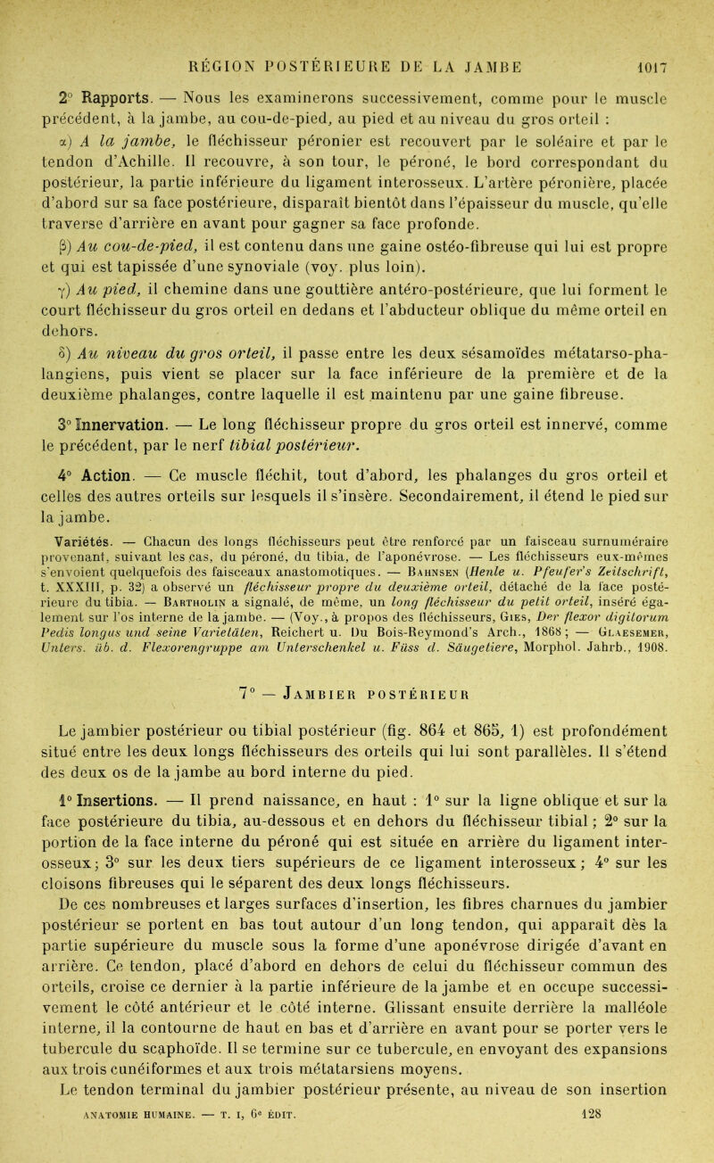 2° Rapports. — Nous les examinerons successivement, comme pour le muscle précédent, à la jambe, au cou-de-pied, au pied et au niveau du gros orteil : a) A la jambe, le fléchisseur péronier est recouvert par le soléaire et par le tendon d’Achille. Il recouvre, à son tour, le péroné, le bord correspondant du postérieur, la partie inférieure du ligament interosseux. L’artère péronière, placée d’abord sur sa face postérieure, disparaît bientôt dans l’épaisseur du muscle, qu’elle traverse d’arrière en avant pour gagner sa face profonde. P) Au cou-de-pied, il est contenu dans une gaine ostéo-fibreuse qui lui est propre et qui est tapissée d’une synoviale (voy. plus loin). y) Au pied, il chemine dans une gouttière antéro-postérieure, que lui forment le court fléchisseur du gros orteil en dedans et l’ahducteur oblique du même orteil en dehors. S) Au niveau du gros orteil, il passe entre les deux sésamoïdes métatarso-pha- langiens, puis vient se placer sur la face inférieure de la première et de la deuxième phalanges, contre laquelle il est maintenu par une gaine fibreuse. 3° Innervation. — Le long fléchisseur propre du gros orteil est innervé, comme le précédent, par le nerf tibial postérieur. 4° Action. — Ce muscle fléchit, tout d’abord, les phalanges du gros orteil et celles des autres orteils sur lesquels il s’insère. Secondairement, il étend le pied sur la jambe. Variétés. — Chacun des longs fléchisseurs peut être renforcé par un faisceau surnuméraire provenant, suivant les cas, du péroné, du tibia, de l’aponévrose. — Les fléchisseurs eux-mêmes s'envoient quelquefois des faisceaux anastomotiques. — Bahnsen [Renie u. Pfeufer's Zeitschrift, t. XXXIII, p. 32) a observé un fléchisseur propre du deuxième orteil, détaché de la face posté- rieure du tibia. — Bartholin a signalé, de même, un long fléchisseur du petit orteil, inséré éga- lement sur l’os interne de la jambe. — (Voy., à propos des lléchisseurs, Gies, Der flexor digitorum Redis long us und seine Varie lâten, Reichert u. üu Bois-Reymond’s Arch., 1868 ; — Glaesemer, Unters. üb. d. Flexorengruppe am Unterschenkel u. Füss d. Saugetiere, Morphol. Jahrb., 1908. 7* — Jambier postérieur Le jambier postérieur ou tibial postérieur (fig. 864 et 865, 1) est profondément situé entre les deux longs fléchisseurs des orteils qui lui sont parallèles. 11 s’étend des deux os de la jamhe au hord interne du pied. Insertions. — Il prend naissance, en haut : 1® sur la ligne oblique et sur la face postérieure du tibia, au-dessous et en dehors du fléchisseur tibial ; 2° sur la portion de la face interne du péroné qui est située en arrière du ligament inter- osseux; 3° sur les deux tiers supérieurs de ce ligament interosseux; 4® sur les cloisons fibreuses qui le séparent des deux longs fléchisseurs. De ces nombreuses et larges surfaces d’insertion, les fibres charnues du jambier postérieur se portent en bas tout autour d’un long tendon, qui apparaît dès la partie supérieure du muscle sous la forme d’une aponévrose dirigée d’avant en arrière. Ce tendon, placé d’abord en dehors de celui du fléchisseur commun des orteils, croise ce dernier à la partie inférieure de la jambe et en occupe successi- vement le côté antérieur et le côté interne. Glissant ensuite derrière la malléole interne, il la contourne de haut en bas et d’arrière en avant pour se porter vers le tubercule du scapho'ide. Il se termine sur ce tubercule, en envoyant des expansions aux trois cunéiformes et aux trois métatarsiens moyens. Le tendon terminal du jambier postérieur présente, au niveau de son insertion anatomie humaine. — T. I, 6e ÉDIT. 128